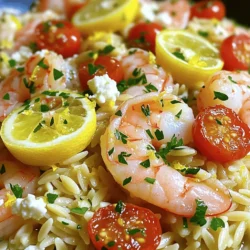 - 1 pound large shrimp, peeled and deveined - 1 cup orzo pasta - 4 cloves garlic, minced - 2 cups vegetable or chicken broth - 1 lemon, zested and juiced - 2 tablespoons olive oil - 1 teaspoon red pepper flakes (adjust to taste) - Salt and pepper to taste - Fresh parsley, chopped (for garnish) - 1 cup cherry tomatoes, halved - ¼ cup feta cheese, crumbled (optional) The ingredients for Lemon Garlic Shrimp & Orzo create bright, bold flavors. The large shrimp bring a sweet ocean taste, while the orzo adds a fun texture. Garlic boosts the dish's taste, making it fragrant. The lemon zest and juice give a fresh, zesty kick, balancing the richness of the shrimp and broth. When I cook, I find fresh ingredients make the biggest difference. Fresh shrimp, if you can get them, taste best. You can also swap orzo for other pasta types if you prefer. The red pepper flakes add a little heat, but feel free to adjust to your liking. Garnishing with parsley and feta cheese adds color and creaminess. Plus, the cherry tomatoes burst with flavor, making each bite exciting. This dish is not just a meal; it’s an experience on your plate! To start, boil the broth in a medium pot. Add the orzo pasta and cook it until it is al dente. This means it should be firm but not hard. Once cooked, drain the orzo and set it aside. Remember to save some broth for later. This will help keep the dish moist. Next, heat olive oil in a large skillet over medium heat. Once hot, add minced garlic and red pepper flakes. Sauté them for about one minute until the garlic smells great. Be careful not to let it burn. Then, add the shrimp to the skillet. Season them with salt and pepper. Cook the shrimp for two to three minutes on each side. They should turn pink and opaque when done. Now, it’s time to bring everything together. Stir in the lemon zest, lemon juice, and halved cherry tomatoes. Then, add in the cooked orzo. Toss everything together until well mixed. If it looks dry, splash in some of the reserved broth to add moisture. Before serving, taste the dish. Adjust the seasoning with more salt, pepper, or lemon juice if needed. Plate the dish and garnish each serving with fresh parsley and crumbled feta cheese if you like. This adds a nice touch to the meal. Enjoy your Lemon Garlic Shrimp & Orzo! To cook shrimp just right, avoid overcooking. Overcooked shrimp turn rubbery. Cook them until they are pink and opaque. This usually takes about 2-3 minutes on each side. Always use a high-quality olive oil for flavor. A good oil adds depth and richness to your dish. Incorporate fresh ingredients to enhance the taste of your meal. Fresh shrimp and ripe tomatoes bring brightness. You can also add extra lemon juice. This adds a zesty kick that brightens the whole dish. Don't skip on the lemon zest; it packs a powerful punch of flavor. Pair your lemon garlic shrimp and orzo with a side salad for a complete meal. A light, crunchy salad balances the warm dish nicely. You can also serve it with crusty bread. This bread helps soak up the delicious juices. Enjoy every bite! {{image_2}} You can switch up the protein in this dish easily. Instead of shrimp, use scallops or chicken. Both options bring a lovely flavor. Scallops cook fast and add a sweet touch. Chicken gives you a hearty bite. For a plant-based meal, try tofu or chickpeas. Tofu absorbs flavors well, while chickpeas add a nice texture and protein boost. Adding veggies can enhance the dish. Spinach or kale give you extra nutrition. Both greens add color and taste. You can also use bell peppers or zucchini. Bell peppers add crunch and sweetness. Zucchini keeps things light and fresh. Don’t be afraid to mix and match veggies based on what you love. If you need a gluten-free meal, substitute the orzo. Look for gluten-free pasta alternatives. Rice pasta or quinoa pasta works great. These options keep the dish delicious without gluten. Just cook them according to package instructions to make sure they come out perfectly. After enjoying your Lemon Garlic Shrimp & Orzo, store any leftovers in an airtight container. This helps keep the dish fresh. Try to eat it within 2-3 days for the best flavor and quality. If you want to save leftovers for later, allow the dish to cool first. Then, place it in freezer-safe containers. You can freeze it for up to 1 month. This way, you can enjoy this delightful meal anytime! When it’s time to eat your frozen or refrigerated dish, reheat it gently. You can use the stove or microwave for this. To prevent it from drying out, add a splash of broth while reheating. This keeps the shrimp tender and the orzo moist. This dish takes about 10 minutes to prep. The total cooking time is around 30 minutes. So, you can have a tasty dinner ready in just 40 minutes! Yes, you can use frozen shrimp. Just thaw them first. Place them in cold water for about 15 minutes. This helps them cook evenly. If you can't find orzo, try using any small pasta. You can use ditalini or even rice. Both options work well in this dish. To add heat, increase the red pepper flakes. You can also add a dash of hot sauce. For extra spice, try diced jalapeños or serrano peppers. Yes, you can prepare it ahead of time. Cook the orzo and shrimp, then store them in the fridge. Keep them in airtight containers for up to 2-3 days. When you're ready to eat, just reheat and enjoy! This article covered a flavorful dish of Lemon Garlic Shrimp and Orzo. You learned about the key ingredients, easy steps, and useful tips. Experimenting with proteins and veggies adds creativity. Remember to store leftovers properly to keep meals fresh. Whether you're cooking for family or a quick dinner, this dish satisfies. Enjoy every bite and make it your own!
