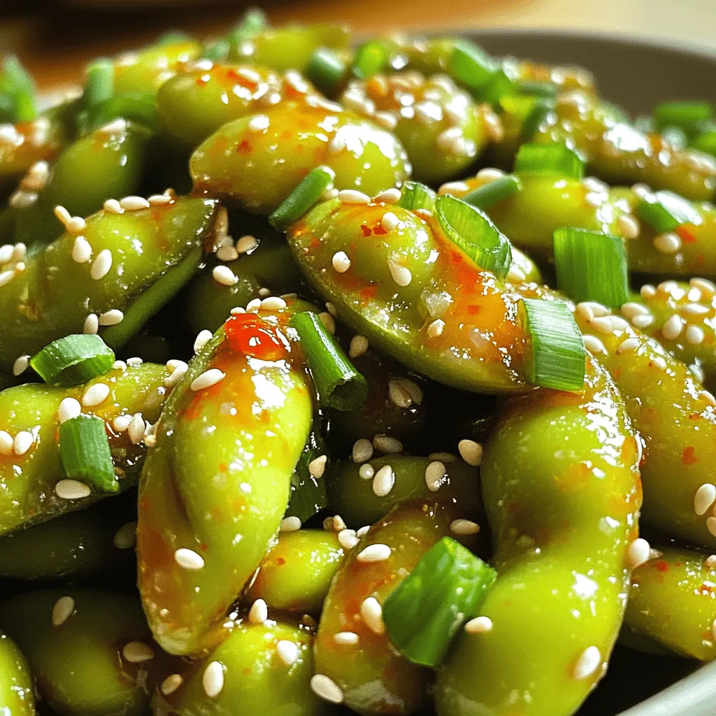 - 2 cups frozen edamame in pods - 2 tablespoons sesame oil - 4 cloves garlic, minced - 2 tablespoons sweet chili sauce - 1 tablespoon soy sauce - 1 teaspoon sriracha (optional for extra heat) - 1 tablespoon sesame seeds - 1 green onion, finely chopped - Salt, to taste - Edamame: These young soybeans are high in protein. They help build muscles and keep you full. - Sesame oil: This oil has healthy fats. It can help lower bad cholesterol. - Garlic: Garlic boosts your immune system. It helps fight off colds and infections. - Sweet chili sauce: This sauce adds flavor and sweetness. It can improve your mood with its taste. - Soy sauce: It adds umami and some sodium. Use it in moderation for flavor. - Sriracha: This spicy sauce can speed up your metabolism. It also adds a kick to dishes. - Sesame seeds: These tiny seeds are rich in calcium. They help keep your bones strong. - Green onion: This herb adds freshness. It is also rich in vitamins A and C. - Salt: Use salt to enhance flavor. Be careful not to use too much. - Frozen edamame: You can use fresh edamame if available. It will taste even better. - Sesame oil: Olive oil can replace sesame oil in a pinch. - Garlic: Garlic powder can be used instead of fresh garlic. Use less to match the flavor. - Sweet chili sauce: Try using honey mixed with vinegar for a homemade version. - Soy sauce: Tamari is a good gluten-free option. - Sriracha: Any hot sauce can work if you want heat. - Sesame seeds: Chopped nuts can add crunch and flavor. - Green onion: Chives or shallots can be used as a substitute. - Salt: You can use low-sodium salt if preferred. To start, gather your ingredients. You need 2 cups of frozen edamame in pods, sesame oil, minced garlic, sweet chili sauce, soy sauce, sriracha (if you want heat), sesame seeds, a green onion, and salt. Next, bring a pot of water to a boil. This will take a few minutes. Once it boils, add your frozen edamame. Cook them for 3 to 5 minutes. They should be tender but still bright green. After cooking, drain the edamame and set them aside. In a large skillet, heat 2 tablespoons of sesame oil over medium heat. Once hot, add 4 cloves of minced garlic. Sauté the garlic for about 30 seconds. You want it fragrant, not burnt. Now, stir in 2 tablespoons of sweet chili sauce and 1 tablespoon of soy sauce. If you like spice, add 1 teaspoon of sriracha here. Mix everything together well. Add the drained edamame to the skillet next. Toss them in the sauce. Cook for another 2 to 3 minutes until heated through. Finally, remove the skillet from heat. Sprinkle sesame seeds and salt to taste. Garnish with chopped green onion before serving. Sweet chili garlic edamame makes a fun snack or appetizer. Serve it warm in a bowl. You can also use small cups for individual servings. This dish pairs well with rice or noodles for a full meal. If you want to impress guests, add some lime wedges. The extra citrus taste adds a nice touch! Enjoy your flavorful snack! To boost your edamame's flavor, use fresh garlic. Fresh garlic gives a punchy taste. Also, try adding more sweet chili sauce. This sauce brings a nice sweetness. For extra heat, include sriracha. Just a teaspoon will do. The sesame oil adds a rich, nutty flavor. It pairs well with the garlic and sauces. One mistake is overcooking the edamame. Cook it just until tender. If you boil it too long, it loses its bright color. Another mistake is not draining the edamame well. Excess water can dilute the flavors. Make sure to toss the edamame in the sauce well. This ensures every pod gets coated. Lastly, don’t skip the salt. A pinch enhances all the flavors. Serve your sweet chili garlic edamame in a large bowl. This makes it easy for guests to grab some. Sprinkle sesame seeds on top. This adds a nice crunch. Use chopped green onions for a pop of color. You can also serve it with toothpicks. This makes it fun and easy to eat. Pair it with drinks for a perfect snack! {{image_2}} If you crave heat, add more sriracha. It gives a nice kick. You can also mix in some crushed red pepper flakes. Adjust the spice to your taste. This spicy twist makes it more exciting. The heat balances well with the sweet chili sauce. You will love this zesty variation! This dish can easily be vegan and gluten-free. Simply ensure your soy sauce is gluten-free. You can use tamari as a great substitute. It tastes similar to soy sauce but is gluten-free. This way, everyone can enjoy this snack without worries. Try adding citrus for a fresh twist. A squeeze of lime or lemon can brighten the flavors. You can also mix in other sauces. Consider teriyaki or hoisin for a different taste. These combinations will surprise your taste buds. Experiment to find your favorite mix! To store leftover sweet chili garlic edamame, place it in an airtight container. Be sure to let it cool completely first. Store it in the fridge for up to three days. When you want a quick snack, just grab it from the fridge and enjoy. If you want to keep edamame for longer, freezing is a great option. First, let the cooked edamame cool down. Then, transfer it to a freezer-safe bag. Squeeze out as much air as possible before sealing. You can freeze it for up to three months. Label the bag with the date for easy tracking. Reheating sweet chili garlic edamame is simple. You can microwave it for about one minute. Stir halfway through to ensure even heating. If you prefer, you can also reheat it on the stovetop. Just add a splash of water to a skillet and heat until warm. This keeps it moist and tasty. Enjoy your flavorful snack any time! Cooking frozen edamame takes about 3 to 5 minutes. First, boil a pot of water. Then, add the edamame pods. You want them tender but still bright green. After that, drain them and set aside. This quick cooking time keeps the beans fresh and tasty. Yes, you can use fresh edamame. Fresh edamame cooks a bit faster than frozen. Boil them for about 2 to 3 minutes. Check for tenderness as they cook. Fresh edamame adds a nice texture and flavor to your dish. Sweet chili garlic edamame is a healthy snack. Edamame is high in protein and fiber. It also has vitamins and minerals that are good for you. Using sesame oil and garlic adds flavor but also healthy fats. Just watch the amount of sweet chili sauce, as it has sugar. In this post, we explored how to prepare edamame. We looked at key ingredients and their health perks. We also covered cooking steps, serving ideas, and common mistakes to avoid. You can enjoy many tasty variations, like Spicy Sweet Chili Garlic. Proper storage keeps leftovers fresh for later. Remember, making edamame can be simple and fun with the right tips. Try different flavors and find your favorite. Enjoy this healthy snack anytime!
