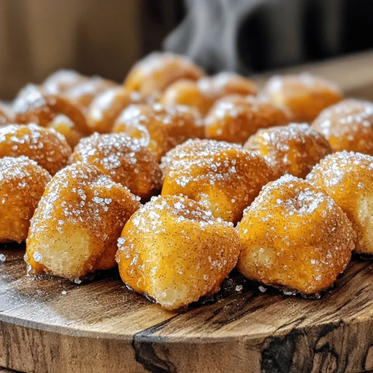 - 1 cup warm water (110°F) - 1 packet (2 ¼ teaspoons) active dry yeast - 1 tablespoon granulated sugar - 3 cups all-purpose flour - 1 teaspoon salt - ¼ cup unsalted butter, melted - ½ cup baking soda - 1 large egg, beaten - ½ cup granulated sugar (for coating) - 2 teaspoons ground cinnamon - Coarse sea salt for sprinkling Each ingredient has a role in making the perfect cinnamon sugar pretzel bites. - Warm water helps activate the yeast. - Active dry yeast is key for the dough to rise. - Granulated sugar feeds the yeast and sweetens the dough. - All-purpose flour gives structure to the pretzel bites. - Salt enhances flavor and strengthens the dough. - Unsalted butter adds richness and moisture. - Baking soda helps develop the pretzel's unique taste and texture. - Egg creates a shiny finish and adds richness. - Granulated sugar and ground cinnamon make the delicious coating. - Coarse sea salt adds a savory touch that balances the sweetness. Choosing quality ingredients will make your pretzel bites taste amazing. Use fresh yeast and good flour for the best results. You can even experiment with different types of sugar or cinnamon to find your favorite flavor mix! To start, we need to activate the yeast. In a large mixing bowl, mix 1 cup of warm water with 1 packet of active dry yeast and 1 tablespoon of granulated sugar. Let it sit for about 5 minutes. You will see bubbles form on the surface. This means your yeast is ready! Next, combine the dry and wet ingredients. Stir in 3 cups of all-purpose flour and 1 teaspoon of salt. Add in ¼ cup of melted unsalted butter. Mix until a dough begins to form. Now, it’s time to knead and form the dough. Take the dough out and place it on a floured surface. Knead it for about 5 minutes. You want the dough to be smooth and elastic. After kneading, we prepare for the first rise. Place the dough in a greased bowl and cover it with a damp cloth. Let it rise in a warm place for about 1 hour. You’ll know it’s ready when it doubles in size. The temperature and texture of the dough are key. Warmth helps the yeast grow. A smooth texture shows that the dough is well-kneaded. Now, we boil the pretzel bites. In a large pot, bring 6 cups of water to a boil. Add ½ cup of baking soda to the boiling water. Carefully drop 4-5 pretzel bites into the water for about 30 seconds. Use a slotted spoon to remove them and place them on a prepared baking sheet. Next, we coat the pretzel bites. Brush them with a beaten egg. In a separate bowl, mix ½ cup of granulated sugar with 2 teaspoons of ground cinnamon. Sprinkle this cinnamon sugar mixture generously over the bites. Finally, we bake the pretzel bites. Preheat your oven to 425°F (220°C). Bake the pretzel bites for about 12-15 minutes. They should turn a lovely golden brown. Let them cool slightly before serving. Enjoy the warm, sweet, and savory goodness! Kneading is key to good dough. It helps to develop gluten, which gives pretzel bites their chewy texture. Knead for about five minutes. The dough should feel smooth and elastic when ready. Humidity can change how much flour you need. On a humid day, you may need less flour. Start with three cups, but add more if the dough is sticky. Always feel the dough while you work. To get that golden brown color, keep an eye on your oven. Bake the pretzel bites for 12 to 15 minutes. Check them around the 10-minute mark. If they need more time, rotate the pan for even baking. Make sure to brush the bites with egg wash before baking. This step helps them turn a lovely golden brown and adds a nice shine. Cinnamon sugar pretzel bites are great alone, but dips can make them better. Try pairing with warm chocolate sauce or cream cheese dip. You could also serve them with a cold glass of milk or hot cocoa for a fun treat. For a creative twist, serve pretzel bites on a wooden board with different dips. You can even sprinkle some extra cinnamon sugar on the board for added fun. {{image_2}} You can get creative with your cinnamon sugar pretzel bites. Adding chocolate or cheese can take them to a new level. For chocolate, dip the warm bites in melted chocolate after baking. For cheese, stuff some dough with your favorite cheese before forming the balls. You can also change up the spices in the sugar coating. Try nutmeg or allspice for a unique twist. You can even add a hint of vanilla or orange zest to the sugar mix for extra flavor. If you need a gluten-free version, use gluten-free flour. There are many blends available that work well in baking. Just ensure that your baking soda is gluten-free too. For a vegan alternative, swap the egg with a plant-based option. You can use flaxseed meal mixed with water as a binding agent. Replace butter with a vegan butter or coconut oil to keep it dairy-free. You can make pretzel bites in different sizes. Miniature sizes are great for parties, while full-size bites can be fun for sharing at home. Use small cookie cutters for fun shapes if you want to impress your guests. Another fun way to serve them is by skewering the pretzel bites. This makes for easy serving and can add a playful touch to your snack table. Just thread them onto skewers after baking, and serve with dips like chocolate or cheese sauce. To keep your cinnamon sugar pretzel bites fresh, store them at room temperature. Use an airtight container to prevent them from drying out. They taste best within two days. If you need to store them longer, refrigerate them. Wrap each bite in plastic wrap or place them in a sealed bag. This helps keep them soft. You can also freeze pretzel bites. Place them in a freezer bag. Make sure to remove as much air as possible. They can last up to three months in the freezer. When you're ready to enjoy them, let them thaw in the fridge overnight. To reheat your pretzel bites, the oven is your best friend. Preheat the oven to 350°F (175°C). Place the bites on a baking sheet. Heat them for about 10 minutes. This method helps keep them crunchy on the outside. If you're in a hurry, you can use a microwave. However, this can make them soggy. To avoid this, place a paper towel under the bites. Heat for about 20-30 seconds. Keep an eye on them to make sure they don’t get too soft. Enjoy your warm, tasty pretzel bites! What are cinnamon sugar pretzel bites? Cinnamon sugar pretzel bites are small, soft pretzels rolled in a sweet cinnamon and sugar mix. They are warm, fluffy, and perfect for snacking. How long do they last? These bites stay fresh for about 2 days at room temperature. For longer storage, keep them in the fridge for up to a week. Can I make the dough ahead of time? Yes, you can make the dough ahead of time. Just cover it well and store it in the fridge. Use it within 24 hours for best results. What can I use instead of active dry yeast? You can use instant yeast instead of active dry yeast. Just add it directly to the dry ingredients without proofing. Is there a substitute for granulated sugar? Yes, you can use brown sugar or coconut sugar. They will add a nice flavor to the pretzel bites. Nutritional breakdown per serving Each serving has about 100 calories. They contain 2 grams of protein, 3 grams of fat, and 18 grams of carbs. Recommended serving sizes for parties and gatherings For parties, plan on serving about 4-6 pretzel bites per person. This way, everyone can enjoy a tasty snack! In this article, we explored how to make delicious cinnamon sugar pretzel bites. We covered the basic ingredients and their roles in creating the perfect dough. You learned the steps to mix, rise, boil, and bake these treats for the best flavor. We shared tips for perfecting the dough and creative serving ideas. Now, you can enjoy fresh pretzel bites at home. Whether you stick to the classic flavor or try new variations, great pretzels are within reach! Happy baking!