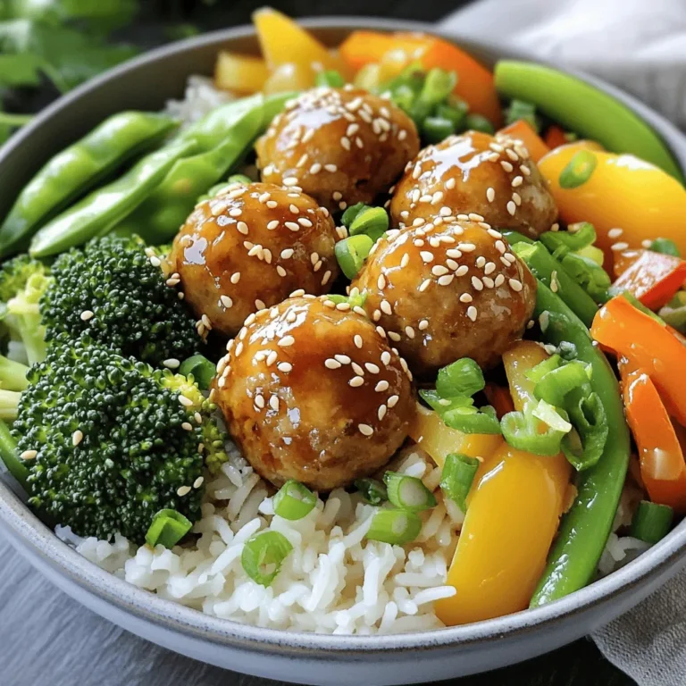 To make teriyaki glazed meatball bowls, you will need these key items: - 1 pound ground chicken (or turkey) - 1/4 cup breadcrumbs (panko for extra crunch) - 1/4 cup green onions, finely chopped - 1 clove garlic, minced - 1 teaspoon ginger, grated - 1 tablespoon cornstarch - 2 cups cooked jasmine rice - 1 cup mixed vegetables (broccoli, bell peppers, and snap peas) These main ingredients create the perfect base for your bowls. The ground chicken or turkey forms the meatballs. The breadcrumbs give them texture. The green onions, garlic, and ginger add fresh flavor. The right seasonings and sauces make a dish shine. For this recipe, you will need: - 2 tablespoons soy sauce - 1 tablespoon sesame oil - 1 tablespoon honey or maple syrup - 1/2 teaspoon black pepper - 1/2 cup teriyaki sauce The soy sauce and sesame oil bring umami. Honey or maple syrup balances the saltiness. The teriyaki sauce adds a sweet, sticky glaze that makes the meatballs irresistible. To finish your bowls, add these tasty touches: - Sesame seeds for garnish - Extra green onions for garnish These garnishes give a nice crunch and a pop of color. They make your bowls look even more appealing. Plus, they add extra flavor to each bite. Enjoy your cooking adventure with these simple yet satisfying ingredients! First, set your oven to 400°F (200°C). This step warms the oven for baking. In a large bowl, mix together these ingredients: - 1 pound ground chicken (or turkey) - 1/4 cup breadcrumbs (panko for crunch) - 1/4 cup green onions, finely chopped - 1 clove garlic, minced - 1 teaspoon ginger, grated - 2 tablespoons soy sauce - 1 tablespoon sesame oil - 1 tablespoon honey or maple syrup - 1/2 teaspoon black pepper - 1 tablespoon cornstarch Combine everything gently but don’t overmix. This helps the meatballs stay tender. Next, shape the mixture into 1-inch meatballs. Place them on a baking sheet lined with parchment paper. Bake them for 15-20 minutes. Look for a golden brown color. While the meatballs bake, prepare your veggies. Steam or stir-fry 1 cup of mixed vegetables like broccoli, bell peppers, and snap peas. Cook them until bright and tender-crisp. Set them aside for later. In a small saucepan, warm 1/2 cup of teriyaki sauce over medium heat until it simmers. Once the meatballs are done, toss them in the sauce. Make sure they are well-coated. Grab your serving bowls. Start with a scoop of 2 cups of cooked jasmine rice. Then, add a generous portion of the teriyaki-glazed meatballs. Place the sautéed mixed vegetables next to the meatballs. For the final touch, sprinkle sesame seeds and sliced green onions on top. This adds a nice crunch and flavor. Enjoy your tasty meal! To make great meatballs, you must mix just enough. Overmixing makes them tough. When you combine your ingredients, stop as soon as they blend. Use your hands to gently mix the ground chicken, breadcrumbs, and seasonings. This keeps the meatballs light and tender. Cooking rice can be simple. Use a 1:1.5 ratio of rice to water for jasmine rice. Rinse the rice first to remove extra starch. This helps keep the grains separate. Bring the water to a boil, then cover and simmer on low heat. Let it rest off the heat for 10 minutes. Fluff it with a fork before serving. Garnishes add color and flavor. Try these ideas for extra flair: - Sliced radishes for crunch - Fresh cilantro for a fresh taste - Chopped peanuts for texture - Sriracha for a spicy kick - Lime wedges for brightness Experiment with your favorites to make this dish your own! {{image_2}} You can swap the ground chicken for other proteins. Ground turkey is a great choice. It has a mild taste and absorbs flavors well. You can also use ground beef or pork. They add a rich flavor to the meatballs. If you want to try something different, use ground lamb. It gives a unique twist to the dish. For a vegetarian or vegan option, replace meat with plant-based meat. You can use lentils, chickpeas, or black beans as the base. Just mash them up and mix with breadcrumbs. For added flavor, include chopped nuts or seeds. These add a nice crunch to your meatballs. Remember to check the teriyaki sauce. Some brands use honey, so choose a vegan option. You can change the mixed vegetables to suit your taste. Try using carrots, zucchini, or cauliflower. These veggies add color and nutrients. You can also use frozen mixed veggies for quick prep. Steam or sauté them for the best results. If you want some heat, add red pepper flakes. This gives the bowls a nice kick. To keep your teriyaki glazed meatball bowls fresh, store leftovers in an airtight container. Place the meatballs, rice, and vegetables in separate sections to maintain texture. Let them cool to room temperature first. Refrigerate within two hours of cooking. This way, you can enjoy them for up to three days. When you're ready to eat, reheating is simple. Use a microwave for quick warming. Place your meatballs and rice in a microwave-safe bowl. Heat on high for 1-2 minutes. Stir halfway through for even heating. You can also warm them on the stove over low heat. Add a splash of water to keep the rice moist. Freezing is a great option for longer storage. Allow the meatballs and rice to cool completely. Then, pack them in freezer-safe bags or containers. Label with the date for easy tracking. You can freeze them for up to three months. To enjoy, thaw in the fridge overnight before reheating. Yes, you can use store-bought teriyaki sauce. It saves time and adds great flavor. Look for a brand with simple ingredients. Using a good sauce makes your meal quick and easy. You can serve teriyaki glazed meatball bowls with jasmine rice. Other good options include quinoa or noodles. A side salad with fresh greens also works well. These pairings balance the rich flavor of the teriyaki sauce. To adjust the spice level, add chili flakes or sriracha to the meatball mix. You can also mix some into the teriyaki sauce. Start small, then taste as you go. This way, you can find the perfect heat for your taste. Meatballs take about 15 to 20 minutes to bake at 400°F (200°C). Check for a golden brown color and ensure they are cooked through. Using a meat thermometer, they should reach 165°F (74°C) inside. This ensures they are safe and tasty. The blog post covered all you need for tasty teriyaki meatball bowls. We explored main ingredients, seasonings, and great accompaniments. The step-by-step guide made cooking easy and fun. Tips helped you avoid common mistakes and inspired new ideas. We also shared cool variations, storage tips, and answers to frequent questions. In the end, this dish is flexible and offers many options. Enjoy crafting your own bowl for every meal!
