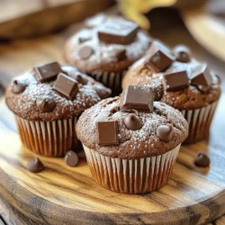 - 1 cup all-purpose flour - 1/2 cup cocoa powder - 1 teaspoon baking powder - 1/2 teaspoon baking soda - 1/4 teaspoon salt In this recipe, the dry ingredients play a key role. The all-purpose flour gives structure. Cocoa powder adds rich chocolate flavor. Baking powder and baking soda help the muffins rise. Salt balances the sweetness and enhances flavor. - 1/2 cup granulated sugar - 1/2 cup brown sugar, packed - 1/2 cup unsweetened applesauce - 2 large eggs - 1/2 cup brewed espresso or strong coffee, cooled - 1 teaspoon vanilla extract The wet ingredients bring moisture and sweetness. Granulated sugar and brown sugar add depth. Applesauce keeps the muffins soft while reducing fat. Eggs bind the mixture. Brewed espresso adds a coffee kick, enhancing the chocolate. Vanilla extract rounds out the flavors. - 1/2 cup chocolate chips (dark or semi-sweet) - 1/4 cup milk chocolate chunks (optional for extra chocolatey goodness) Chocolate chips are a must for a double chocolate experience. They melt into the batter, creating pockets of gooey goodness. Milk chocolate chunks are optional but add a fun twist. They bring extra sweetness and texture. First, preheat your oven to 350°F (175°C). This step is key to getting your muffins fluffy. Next, line a 12-cup muffin tin with paper liners or give it a light coat of non-stick spray. This helps the muffins release easily. In a medium bowl, combine the dry ingredients. Whisk together 1 cup of all-purpose flour, ½ cup of cocoa powder, 1 teaspoon of baking powder, ½ teaspoon of baking soda, and ¼ teaspoon of salt. Mix until everything is well blended. This ensures even flavor throughout. Now it's time for the wet ingredients. In a large bowl, blend ½ cup of granulated sugar and ½ cup of brown sugar until smooth. Add ½ cup of unsweetened applesauce, 2 large eggs, ½ cup of cooled espresso or strong coffee, and 1 teaspoon of vanilla extract. Mix until everything is well combined. Gently add the dry ingredients to the wet mixture. Stir until just combined. A few lumps are okay; don’t overmix. Overmixing can make the muffins tough. You want them soft and fluffy! Scoop the batter into your prepared muffin tin. Fill each cup about ¾ full for the best height. Bake in the preheated oven for 18-20 minutes. To check for doneness, insert a toothpick into the center. If it comes out clean, they’re ready. Once baked, let the muffins cool in the tin for 5 minutes. This helps them firm up. After that, carefully transfer them to a wire rack to cool completely. Serve them warm for a tasty treat! To get the right texture, avoid overmixing your batter. When you mix, aim for just combined. A few lumps are okay. This keeps your muffins light and fluffy. The ideal muffin has a soft and moist crumb. If you mix too much, your muffins can turn out dense and tough. You can add nuts or dried fruit for extra texture and taste. Chopped walnuts or almonds work well. Dried cherries or cranberries can add a nice touch too. Adjust the sweetness by using less sugar or adding a bit more cocoa powder. This makes your muffins fit your taste better. For a great presentation, serve muffins warm. Dust them with powdered sugar or cocoa powder for a nice look. You can also add a dollop of whipped cream on the side. For a richer treat, drizzle some chocolate syrup over them. Pair these muffins with your favorite coffee or a glass of cold milk for a delightful experience. {{image_2}} You can make these muffins a bit healthier. First, try using applesauce instead of oil. This swap cuts down on fat. It also adds moisture and sweetness. You won’t lose any flavor. Next, consider gluten-free options. Use a gluten-free flour blend. Many blends work well. They give the muffins a nice rise. You can enjoy the same taste without the gluten. Want to mix up the taste? You can add spices like cinnamon or nutmeg. These spices bring warmth and depth. Just a dash can change the whole flavor. Another great idea is to use extracts. Mint or almond extracts add unique twists. A little goes a long way. It can surprise your taste buds in a good way. You can change these muffins with the seasons. For fall, try a pumpkin version. Use pumpkin puree in place of some applesauce. Add warm spices like cinnamon and nutmeg. It’s a cozy treat for chilly days. During the holidays, make a chocolate mint version. Add peppermint extract and some crushed candy canes. This gives a festive flair. The combination of chocolate and mint is always a hit! Keep your Double Chocolate Mocha Muffins fresh in an airtight container. This helps lock in moisture and flavor. Store them at room temperature for up to three days. If you want them to last longer, put them in the fridge. Just remember that cold can change the texture a bit. For long-term storage, freezing is your best bet. Wrap each muffin tightly in plastic wrap. Then, place them in a freezer bag or container. This prevents freezer burn and keeps them tasty. Your muffins can last up to three months in the freezer. When you're ready to enjoy, just thaw them overnight in the fridge. To reheat your muffins, use the oven for the best results. Preheat it to 350°F (175°C). Place the muffins on a baking sheet for about 10 minutes. This keeps them soft and warm. You can also use the microwave, but be careful. Heat them in short bursts of 10 to 15 seconds to avoid drying them out. Enjoy your muffins warm for the best taste! Double chocolate mocha muffins last about 3 to 4 days when stored properly. Keep them in an airtight container at room temperature. If you want them to last longer, you can freeze them. They freeze well for up to 3 months. Just thaw them at room temperature when you want to enjoy one. Yes, you can make these muffins without espresso. You can use strong brewed coffee instead. If you do not want any coffee flavor, use milk or water. However, the espresso adds a rich depth. Removing it might change the taste slightly. To make these muffins dairy-free, swap the regular milk with a non-dairy milk. Almond milk, oat milk, or soy milk work well. Ensure your chocolate chips are dairy-free too. This way, you keep all the chocolatey goodness without dairy. If you need a substitute for applesauce, try mashed bananas. They will add moisture and sweetness. You can also use yogurt or pureed pumpkin. Each option will change the flavor slightly, but they work well in muffins. Absolutely! You can use regular chocolate chips instead of dark chocolate. Semi-sweet chips are a great option too. Just know that using milk chocolate will make the muffins sweeter. Choose what you like best for a delicious treat. These Double Chocolate Mocha Muffins are easy to make and delicious. We explored the right mix of dry and wet ingredients, step-by-step instructions, and helpful tips. You can customize them with your favorite flavors or make them healthier. Remember, perfect muffins come from careful mixing and storage. Enjoy baking, sharing, and savoring these treats. You’ll impress everyone with your skills!