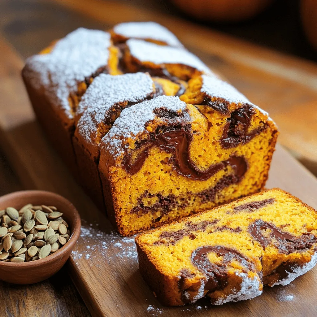 Here is the complete list of ingredients you need for Nutella swirl pumpkin bread: - 1 cup canned pumpkin puree - 1/2 cup vegetable oil - 2 large eggs - 1 cup brown sugar - 1/2 cup granulated sugar - 1 teaspoon vanilla extract - 1 ½ cups all-purpose flour - 1 teaspoon baking soda - 1/2 teaspoon baking powder - 1 teaspoon ground cinnamon - 1/2 teaspoon ground nutmeg - 1/4 teaspoon ground ginger - 1/4 teaspoon salt - 1/2 cup Nutella This mix of ingredients creates a soft, moist bread. The pumpkin adds flavor and moisture. The sugars give it sweetness, while the spices bring warmth. Nutella gives a rich, chocolatey twist. The oil keeps the bread tender, and the eggs provide structure. Make sure to use high-quality ingredients for the best results. Canned pumpkin puree works best for this recipe. It is smooth and easy to mix. You can use other sugars, but the brown sugar adds depth. Before you start baking, gather all your ingredients. This makes the process easier and more fun. Now, you are ready to create your irresistible dessert treat! - Preheat your oven to 350°F (175°C). - Grease a 9x5 inch loaf pan with oil or butter. - In a large bowl, combine: - 1 cup canned pumpkin puree - 1/2 cup vegetable oil - 2 large eggs - 1 cup brown sugar - 1/2 cup granulated sugar - 1 teaspoon vanilla extract - Whisk these ingredients together until smooth. - In another bowl, whisk together: - 1 ½ cups all-purpose flour - 1 teaspoon baking soda - 1/2 teaspoon baking powder - 1 teaspoon ground cinnamon - 1/2 teaspoon ground nutmeg - 1/4 teaspoon ground ginger - 1/4 teaspoon salt - This mix creates a base for your bread. - Gradually add the dry mix to the wet ingredients. - Stir gently until just combined. Avoid over-mixing to keep it fluffy. - Pour half of the batter into the prepared pan. - Spoon 1/2 cup Nutella over this layer. - Use a knife to swirl the Nutella through the batter gently. - Add the remaining batter on top and repeat the swirling. - Place the pan in the oven and bake for 55-65 minutes. - Check for doneness with a toothpick. It should come out clean, with a few crumbs. To get the perfect swirl of Nutella, you need to be gentle. First, pour half the batter into the pan. Then, add dollops of Nutella on top. Use a knife to swirl it lightly. Don't mix too much. You want those beautiful ribbons. This technique helps keep the Nutella flavor strong. An even spread makes every bite taste great. To check if your bread is done, use a toothpick. Stick it into the center of the loaf. If it comes out clean, the bread is ready. A few crumbs are fine but no wet batter. Let the bread cool in the pan for ten minutes. This step keeps it from breaking when you slice it. When serving, slice the bread and place it on a wooden board. Drizzle some extra Nutella on top. A sprinkle of powdered sugar adds a nice touch. You can also add pumpkin seeds on the side. For drinks, try pairing it with coffee or a warm chai tea. These choices enhance the sweet flavors of the bread. {{image_2}} You can make this bread gluten-free with some easy swaps. Instead of all-purpose flour, use a gluten-free flour blend. Look for one that has xanthan gum in it. This helps mimic the texture of regular flour. You can also use almond flour or coconut flour, but you may need to adjust the liquid. Always check for gluten-free labels. For a vegan twist, replace the eggs with flax eggs. To make a flax egg, mix 1 tablespoon of flaxseed meal with 2.5 tablespoons of water. Let it sit for a few minutes until it thickens. Use almond milk or coconut milk instead of dairy. This keeps the bread moist and fluffy while staying plant-based. Want to make it even better? Add chocolate chips or nuts for extra texture. Dark chocolate chips pair well with pumpkin and Nutella. Chopped walnuts or pecans add a nice crunch. You can also play with spices. Add a pinch of cloves or allspice for a warm, cozy flavor. Experimenting makes each loaf unique! To keep your Nutella swirl pumpkin bread fresh at room temperature, wrap it tightly in plastic wrap. This helps prevent it from drying out. Store it in a cool, dry place away from sunlight. It will stay good for about 3-4 days. If you want to enjoy it longer, consider refrigeration. Just remember to wrap it well! If you want to save your Nutella swirl pumpkin bread for later, freezing is a great option. First, let the bread cool completely. Then, wrap it tightly in plastic wrap, followed by aluminum foil. This double wrap prevents freezer burn. Label it with the date. You can freeze it for up to 3 months. When you're ready to eat, just thaw it in the fridge overnight or at room temperature for a few hours. To enjoy your pumpkin bread warm, you can reheat slices in the oven. Preheat it to 350°F (175°C). Place the slices on a baking sheet for about 10 minutes. If you want to use a microwave, heat individual slices for 15-20 seconds. This keeps the bread moist and tasty. Enjoy it warm for a cozy treat! You can tell the bread is done by checking a few signs: - The top should be golden brown. - A toothpick inserted into the center should come out clean or with a few crumbs. - The bread will spring back gently when pressed. These signs mean your Nutella swirl pumpkin bread is ready to enjoy! Yes, you can! Here are some options: - Butternut squash puree: It has a similar texture and flavor. - Sweet potato puree: This adds a sweeter taste and creamy texture. - Applesauce: It makes the bread moist but alters the flavor. Each of these substitutes will change the bread's texture and taste slightly. To keep your bread fresh: - Wrap it tightly in plastic wrap. - Store it in an airtight container at room temperature for up to 3 days. - For longer storage, freeze it in slices. This way, each slice stays moist and tasty! Absolutely! Here are tips for make-ahead options: - You can bake the bread a day in advance. - Store it wrapped at room temperature. - You can also prepare the batter and refrigerate it overnight. Just give it a quick mix before you bake. These techniques save time and ensure you enjoy fresh bread! This blog post covered a tasty recipe for Nutella swirl pumpkin bread. You learned the ingredients, preparation steps, and baking tips. We also explored variations for different diets, storage methods, and answered common questions. Baking this bread is fun and rewarding. In the end, you can create a delicious treat that impresses everyone. Enjoy your baking journey and share your creation with others.