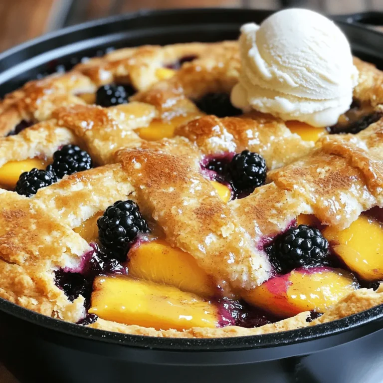 - 4 ripe peaches, sliced - 2 cups fresh blackberries - 1 cup granulated sugar (divided) - 1 teaspoon vanilla extract - 1 tablespoon lemon juice - 1 cup all-purpose flour - 1 tablespoon baking powder - ½ teaspoon salt - ½ cup milk - 1/3 cup unsalted butter, melted - 1 teaspoon ground cinnamon - 2 teaspoons cornstarch (optional, for thickening) For this Blackberry Peach Cobbler, I love using ripe peaches and fresh blackberries. They bring so much flavor and sweetness. The sugar helps to balance the tartness of the berries. I divide the sugar into two parts: one for the fruit and the other for the batter. This method ensures every bite is sweet and delicious. The vanilla extract adds warmth, while the lemon juice brightens the flavors. Sifting the flour, baking powder, and salt together gives the batter a nice texture. I always use unsalted butter for better control over the salt level. The milk makes the batter moist, and I add a sprinkle of cinnamon on top for that cozy, spiced flavor. If you want a thicker filling, add cornstarch. It's optional but helps bind the fruit juices. This simple list of ingredients turns into a warm, comforting dessert that is perfect for sharing. Start by slicing the ripe peaches. Add them to a large bowl with blackberries, sugar, vanilla extract, and lemon juice. Toss them gently. This helps coat the fruit evenly. Let the fruit sit for a bit. This step allows the juices to flow out. You want the fruit to get nice and juicy. In another bowl, sift the flour, baking powder, salt, and the rest of the sugar. This helps mix the dry ingredients well. Next, add the milk and melted butter. Stir until just mixed. It's fine if there are a few lumps. Do not overmix; this keeps the batter light and fluffy. Preheat your Dutch oven by placing it over medium heat. If you use an oven, set it to 350°F (175°C). Once hot, add the fruit mixture to the bottom. Spread it out evenly. If you want a thicker filling, sprinkle cornstarch over the fruit and mix gently. Now, pour the batter over the fruit. Start from the center and move outward. This way, the batter spreads evenly while cooking. For extra flavor, sprinkle ground cinnamon on top. If you cook on the stovetop, cover the pot and let it cook for 30-40 minutes. Check it now and then. If you bake in the oven, cover the pot and bake for 35-40 minutes. Look for a golden brown top. A toothpick should come out clean when done. To make a great cobbler, avoid overmixing the batter. Mix just until the dry and wet ingredients blend. A few lumps are fine. This keeps the batter light. Next, check for doneness. Look for a golden-brown top. Insert a toothpick into the center. If it comes out clean, your cobbler is ready. If not, give it a few more minutes. You can boost flavor by adding spices. Try nutmeg or ginger for a twist. Almond or coconut extract can also add depth to your cobbler. Another great idea is a crumb topping. Mix flour, sugar, and butter until crumbly. Sprinkle this on top before cooking. It adds a delicious crunch to your cobbler. {{image_2}} You can switch up the fruit in this cobbler. Apples and pears work great. They add a nice crunch. You can also use berries like raspberries or strawberries. Each fruit brings its own flavor. So, feel free to mix and match. Just keep the same ratios for best results. If you need a gluten-free version, use almond flour or coconut flour. These flours add a different taste but work well. Adjust the liquid a bit since almond flour absorbs more. You may need to add an extra splash of milk. This way, your batter stays moist and tasty. To make this cobbler vegan, swap out the butter and milk. Use coconut oil or vegan butter instead of regular butter. For milk, almond or oat milk works great. These swaps keep your cobbler creamy and rich. You won’t miss the dairy at all! After you enjoy your cobbler, let it cool down to room temperature. This helps keep its taste and texture. Once cooled, place it in a clean, airtight container. You can also use plastic wrap to cover it tightly. Store the cobbler in the fridge for up to three days. If you want to keep it longer, freeze it. Wrap individual servings in plastic wrap and place them in a freezer bag. This way, you can enjoy it later. When it's time to enjoy your cobbler again, you can reheat it to bring back its warmth. For the best texture, use an oven. Preheat your oven to 350°F (175°C). Place the cobbler in an oven-safe dish. Cover it with foil to keep it from drying out. Heat it for about 15 to 20 minutes. Check to see if it is warm all the way through. If you prefer, you can also use a microwave. Heat in short bursts, about 20 to 30 seconds each. This method is quick but may make the cobbler a bit softer. Yes, you can use frozen fruit. Frozen fruit can save time and reduce waste. However, it may release more water than fresh fruit. This extra liquid can make the filling runny. You might need to add more cornstarch for thickness. Fresh fruit offers better texture and flavor. If you use frozen fruit, let it thaw first. Drain any excess juice before mixing. The cobbler is done when the top is golden brown. A toothpick inserted in the center should come out clean. You can also look for bubbling around the edges. If the batter is firm and set, it's ready. For stovetop cooking, check at 30 minutes. In the oven, it may take about 35 to 40 minutes. Blackberry peach cobbler pairs well with vanilla ice cream. A dollop of whipped cream also adds a nice touch. You can serve it warm or cold. For a fun twist, try drizzling caramel sauce on top. Fresh mint leaves can add a pop of color and flavor. Enjoy your cobbler with a scoop of joy! This blog post shared a simple recipe for a delicious Blackberry Peach Cobbler. You learned about the ingredients, easy steps to prepare it, and tips for success. I also offered ideas for variations and storage tips. Cooking should be fun and rewarding. Don’t hesitate to try new fruits or swaps. Enjoy your cobbler warm with ice cream or whipped cream. Happy baking!