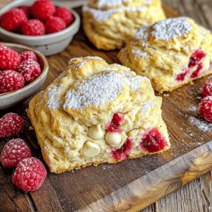 - 2 cups all-purpose flour - 1/2 cup granulated sugar - 1 tablespoon baking powder - 1/2 teaspoon salt - 1/2 cup cold unsalted butter, cubed - 3/4 cup fresh raspberries - 1/2 cup white chocolate chips - 1 large egg - 1/2 cup heavy cream - 1 teaspoon vanilla extract - Extra heavy cream for brushing - Powdered sugar for dusting To make Raspberry White Chocolate Scones, you need basic ingredients. Start with flour, sugar, baking powder, and salt. These form the base of your scone dough. The butter adds richness and flakiness. Always use cold unsalted butter. It helps the scones rise nicely. Next, add flavor with fresh raspberries and white chocolate chips. The raspberries give a tart taste, while the chocolate adds sweetness. You can use frozen raspberries too. Just thaw and drain them first. For the wet ingredients, use one large egg, heavy cream, and vanilla extract. The egg helps bind the dough, while heavy cream adds moisture. Vanilla gives a warm flavor that pairs well with the other ingredients. Finally, consider using extra heavy cream for brushing. This helps create a golden crust. A light dusting of powdered sugar on top makes them look lovely on a plate. These ingredients come together to create delightful scones that burst with flavor. - Preheat your oven to 400°F (200°C). - Line a baking sheet with parchment paper. - In a large bowl, measure and mix: - 2 cups all-purpose flour - 1/2 cup granulated sugar - 1 tablespoon baking powder - 1/2 teaspoon salt This step is key. Mixing these dry ingredients well helps the scones rise. - Add 1/2 cup cold unsalted butter, cubed, to the flour mixture. - Use a pastry cutter or your fingers to blend until it looks like coarse crumbs. - Gently fold in: - 3/4 cup fresh raspberries - 1/2 cup white chocolate chips Be careful when folding in the berries. You don’t want to crush them. - In a separate bowl, whisk together: - 1 large egg - 1/2 cup heavy cream - 1 teaspoon vanilla extract - Pour this wet mixture into your dry ingredients. Stir until just combined. - Turn the dough onto a floured surface. Pat it down into a circle about 1-inch thick. - Cut the dough into 8 wedges, like a pizza. - Place them on the prepared baking sheet. Brush the tops with extra cream for a golden finish. - Bake for 15-18 minutes until they turn golden brown. Let the scones cool on a wire rack. Enjoy the sweet smell as they cool! Using cold butter is key for great scones. Cold butter helps create a flaky texture. When you mix the butter into the flour, it should stay in small chunks. This makes your scones light and airy. Avoid overmixing the dough. Gently stir until you see no dry flour. A little stickiness is okay, but too much mixing makes tough scones. Pat the dough instead of rolling it out. This keeps it tender. Serve your scones warm with fresh raspberries on the side. This adds color and freshness. A light dusting of powdered sugar also looks nice. You can even drizzle a bit of white chocolate on top for extra flair. For a twist, try adding chopped mint leaves or edible flowers. These additions make your scones stand out. Don’t overwork the dough. This can lead to dense scones instead of light ones. Be gentle when mixing in the raspberries and chocolate. Also, pay attention to your oven temperature. If it’s too low, your scones won’t rise well. If it’s too high, they may burn on the outside before cooking inside. Always preheat your oven to 400°F (200°C) for the best results. {{image_2}} You can change the flavor of your scones easily. Instead of raspberries, try blueberries or strawberries. They give great taste and color. If you love chocolate, switch white chocolate chips for dark or milk chocolate. Each choice adds a personal touch to your scones. If you need gluten-free scones, use gluten-free flour. This swap keeps the texture light and fluffy. For a dairy-free option, substitute the heavy cream with almond milk or coconut cream. Use vegan butter in place of regular butter. These options let everyone enjoy your scones. Adding spices can make your scones fit the season. For fall, sprinkle in some cinnamon or nutmeg. These spices warm up the flavor. In summer, add citrus zest from lemons or oranges for a fresh twist. This brightens the scones and makes them perfect for sunny days. To keep your Raspberry White Chocolate Scones fresh for 2-3 days, place them in an airtight container. This helps lock in moisture and flavor. If you do not have an airtight container, wrap them tightly in plastic wrap. Store them at room temperature. Avoid refrigerating, as that can make them dry. If you want to save scones for later, freezing is a great option. Place cooled scones in a freezer-safe bag or container. Make sure to remove as much air as possible to prevent freezer burn. They can last for up to three months in the freezer. When you are ready to enjoy, reheat them in the oven at 350°F (175°C) for about 10-12 minutes. This helps restore their lovely texture. To tell if your scones have gone bad, check for mold or an off smell. If they feel hard or stale, it is best to toss them. To avoid spoilage, only store what you plan to eat within a few days. If you freeze scones, label the container with the date. This way, you can keep track of how long they have been stored. To make these scones, you need a few simple steps: - Gather your ingredients: - 2 cups all-purpose flour - 1/2 cup granulated sugar - 1 tablespoon baking powder - 1/2 teaspoon salt - 1/2 cup cold unsalted butter, cubed - 3/4 cup fresh raspberries (or frozen) - 1/2 cup white chocolate chips - 1 large egg - 1/2 cup heavy cream - 1 teaspoon vanilla extract 1. Preheat your oven to 400°F (200°C) and line a baking sheet with parchment paper. 2. In a bowl, whisk flour, sugar, baking powder, and salt. 3. Add the cold butter and mix until you see coarse crumbs. 4. Fold in raspberries and white chocolate chips gently. 5. In another bowl, whisk the egg, cream, and vanilla. 6. Pour this mixture into the dry mix and stir until just combined. 7. Turn the dough onto a floured surface and pat it into a circle about 1-inch thick. 8. Cut it into 8 wedges and place them on the baking sheet. 9. Brush the tops with cream for a nice finish. 10. Bake for 15-18 minutes until golden brown. Yes, you can use frozen raspberries! Just thaw and drain them before adding to the dough. Frozen raspberries can work well. They may release more juice during baking, making your scones a bit moister. Just be careful not to crush them too much when mixing. This keeps the scones light and fluffy. To make your scones fluffier, focus on a few key tips: - Use cold butter. Cold butter creates steam when baked, helping the scones rise. - Avoid overmixing. Mix the dough just enough to combine the ingredients. Overmixing can make scones tough. - Add a bit more baking powder if needed. This can give your scones a boost. - Pat the dough gently. A light touch helps keep the texture airy. Following these tips will help you achieve light, fluffy scones! To make delicious raspberry white chocolate scones, gather your ingredients, mix carefully, and follow my step-by-step guide. You will enjoy creating these tasty treats. Remember to handle the dough gently and consider flavor swaps for fun variations. Store scones properly to keep them fresh. Enjoy your baking journey and the satisfaction of sharing homemade scones with others. Simple tweaks can lead to delightful results. Happy baking!