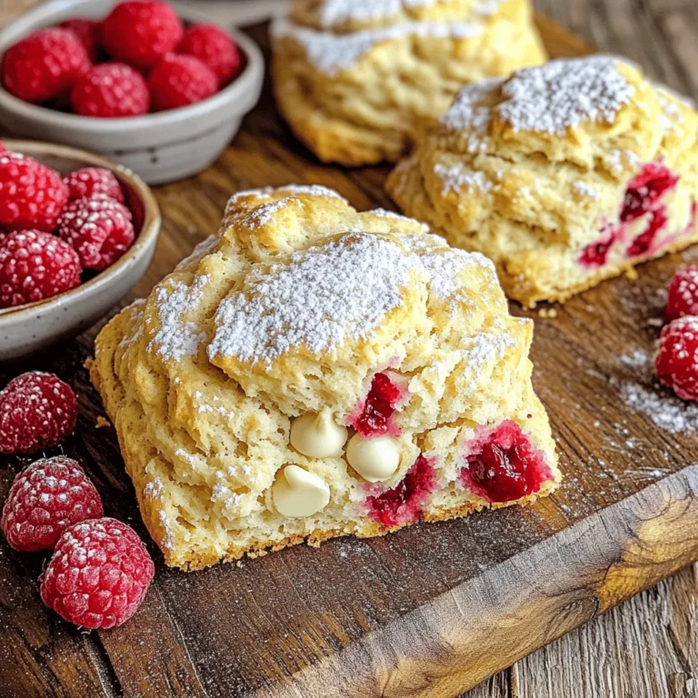 - 2 cups all-purpose flour - 1/2 cup granulated sugar - 1 tablespoon baking powder - 1/2 teaspoon salt - 1/2 cup cold unsalted butter, cubed - 3/4 cup fresh raspberries - 1/2 cup white chocolate chips - 1 large egg - 1/2 cup heavy cream - 1 teaspoon vanilla extract - Extra heavy cream for brushing - Powdered sugar for dusting To make Raspberry White Chocolate Scones, you need basic ingredients. Start with flour, sugar, baking powder, and salt. These form the base of your scone dough. The butter adds richness and flakiness. Always use cold unsalted butter. It helps the scones rise nicely. Next, add flavor with fresh raspberries and white chocolate chips. The raspberries give a tart taste, while the chocolate adds sweetness. You can use frozen raspberries too. Just thaw and drain them first. For the wet ingredients, use one large egg, heavy cream, and vanilla extract. The egg helps bind the dough, while heavy cream adds moisture. Vanilla gives a warm flavor that pairs well with the other ingredients. Finally, consider using extra heavy cream for brushing. This helps create a golden crust. A light dusting of powdered sugar on top makes them look lovely on a plate. These ingredients come together to create delightful scones that burst with flavor. - Preheat your oven to 400°F (200°C). - Line a baking sheet with parchment paper. - In a large bowl, measure and mix: - 2 cups all-purpose flour - 1/2 cup granulated sugar - 1 tablespoon baking powder - 1/2 teaspoon salt This step is key. Mixing these dry ingredients well helps the scones rise. - Add 1/2 cup cold unsalted butter, cubed, to the flour mixture. - Use a pastry cutter or your fingers to blend until it looks like coarse crumbs. - Gently fold in: - 3/4 cup fresh raspberries - 1/2 cup white chocolate chips Be careful when folding in the berries. You don’t want to crush them. - In a separate bowl, whisk together: - 1 large egg - 1/2 cup heavy cream - 1 teaspoon vanilla extract - Pour this wet mixture into your dry ingredients. Stir until just combined. - Turn the dough onto a floured surface. Pat it down into a circle about 1-inch thick. - Cut the dough into 8 wedges, like a pizza. - Place them on the prepared baking sheet. Brush the tops with extra cream for a golden finish. - Bake for 15-18 minutes until they turn golden brown. Let the scones cool on a wire rack. Enjoy the sweet smell as they cool! Using cold butter is key for great scones. Cold butter helps create a flaky texture. When you mix the butter into the flour, it should stay in small chunks. This makes your scones light and airy. Avoid overmixing the dough. Gently stir until you see no dry flour. A little stickiness is okay, but too much mixing makes tough scones. Pat the dough instead of rolling it out. This keeps it tender. Serve your scones warm with fresh raspberries on the side. This adds color and freshness. A light dusting of powdered sugar also looks nice. You can even drizzle a bit of white chocolate on top for extra flair. For a twist, try adding chopped mint leaves or edible flowers. These additions make your scones stand out. Don’t overwork the dough. This can lead to dense scones instead of light ones. Be gentle when mixing in the raspberries and chocolate. Also, pay attention to your oven temperature. If it’s too low, your scones won’t rise well. If it’s too high, they may burn on the outside before cooking inside. Always preheat your oven to 400°F (200°C) for the best results. {{image_2}} You can change the flavor of your scones easily. Instead of raspberries, try blueberries or strawberries. They give great taste and color. If you love chocolate, switch white chocolate chips for dark or milk chocolate. Each choice adds a personal touch to your scones. If you need gluten-free scones, use gluten-free flour. This swap keeps the texture light and fluffy. For a dairy-free option, substitute the heavy cream with almond milk or coconut cream. Use vegan butter in place of regular butter. These options let everyone enjoy your scones. Adding spices can make your scones fit the season. For fall, sprinkle in some cinnamon or nutmeg. These spices warm up the flavor. In summer, add citrus zest from lemons or oranges for a fresh twist. This brightens the scones and makes them perfect for sunny days. To keep your Raspberry White Chocolate Scones fresh for 2-3 days, place them in an airtight container. This helps lock in moisture and flavor. If you do not have an airtight container, wrap them tightly in plastic wrap. Store them at room temperature. Avoid refrigerating, as that can make them dry. If you want to save scones for later, freezing is a great option. Place cooled scones in a freezer-safe bag or container. Make sure to remove as much air as possible to prevent freezer burn. They can last for up to three months in the freezer. When you are ready to enjoy, reheat them in the oven at 350°F (175°C) for about 10-12 minutes. This helps restore their lovely texture. To tell if your scones have gone bad, check for mold or an off smell. If they feel hard or stale, it is best to toss them. To avoid spoilage, only store what you plan to eat within a few days. If you freeze scones, label the container with the date. This way, you can keep track of how long they have been stored. To make these scones, you need a few simple steps: - Gather your ingredients: - 2 cups all-purpose flour - 1/2 cup granulated sugar - 1 tablespoon baking powder - 1/2 teaspoon salt - 1/2 cup cold unsalted butter, cubed - 3/4 cup fresh raspberries (or frozen) - 1/2 cup white chocolate chips - 1 large egg - 1/2 cup heavy cream - 1 teaspoon vanilla extract 1. Preheat your oven to 400°F (200°C) and line a baking sheet with parchment paper. 2. In a bowl, whisk flour, sugar, baking powder, and salt. 3. Add the cold butter and mix until you see coarse crumbs. 4. Fold in raspberries and white chocolate chips gently. 5. In another bowl, whisk the egg, cream, and vanilla. 6. Pour this mixture into the dry mix and stir until just combined. 7. Turn the dough onto a floured surface and pat it into a circle about 1-inch thick. 8. Cut it into 8 wedges and place them on the baking sheet. 9. Brush the tops with cream for a nice finish. 10. Bake for 15-18 minutes until golden brown. Yes, you can use frozen raspberries! Just thaw and drain them before adding to the dough. Frozen raspberries can work well. They may release more juice during baking, making your scones a bit moister. Just be careful not to crush them too much when mixing. This keeps the scones light and fluffy. To make your scones fluffier, focus on a few key tips: - Use cold butter. Cold butter creates steam when baked, helping the scones rise. - Avoid overmixing. Mix the dough just enough to combine the ingredients. Overmixing can make scones tough. - Add a bit more baking powder if needed. This can give your scones a boost. - Pat the dough gently. A light touch helps keep the texture airy. Following these tips will help you achieve light, fluffy scones! To make delicious raspberry white chocolate scones, gather your ingredients, mix carefully, and follow my step-by-step guide. You will enjoy creating these tasty treats. Remember to handle the dough gently and consider flavor swaps for fun variations. Store scones properly to keep them fresh. Enjoy your baking journey and the satisfaction of sharing homemade scones with others. Simple tweaks can lead to delightful results. Happy baking!