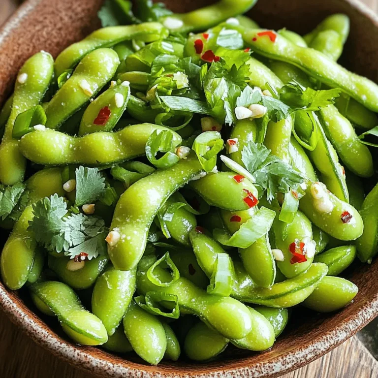 To make spicy garlic edamame, you need a few simple ingredients. Here’s what you’ll need: - 2 cups edamame in pods (fresh or frozen) - 3 tablespoons olive oil - 4 cloves garlic, minced - 1 teaspoon red pepper flakes (adjust to taste) - 1 tablespoon soy sauce - 1 teaspoon sesame oil - Salt, to taste - Fresh cilantro or green onions, for garnish (optional) These ingredients create a bold flavor. The edamame provides protein and crunch. Garlic adds a wonderful aroma, while red pepper flakes bring the heat. Feel free to get creative with your edamame. You can add a squeeze of lime juice for a fresh twist. Or try a sprinkle of sesame seeds for extra crunch. If you don't have sesame oil, you can use more olive oil. For a different flavor, you can swap soy sauce for tamari to make it gluten-free. Spicy garlic edamame is not just tasty; it's healthy too! Each serving has about: - Calories: 150 - Protein: 12g - Carbohydrates: 10g - Fat: 8g - Fiber: 4g This snack is low in calories but high in protein and fiber. It’s a great choice for a quick bite that keeps you full! To start, gather your edamame pods. You can use fresh or frozen ones. If you pick frozen, follow the package instructions to cook them. Usually, boiling or steaming works best. Cook them until they feel tender, then drain them. Set the pods aside while you prepare the garlic and oil. Next, we will make the spicy garlic mix. This part is quick and easy. You will sauté garlic in olive oil. This gives the edamame a nice flavor. Then, we toss in the cooked edamame, soy sauce, and sesame oil. Finally, we season it to taste. 1. Heat the Oil: In a large skillet, add 3 tablespoons of olive oil. Heat it over medium heat until it shimmers. 2. Sauté the Garlic: Add 4 cloves of minced garlic. Cook for 1-2 minutes. You want it fragrant but not burnt. 3. Add Red Pepper Flakes: Stir in 1 teaspoon of red pepper flakes. Let them mix for about 30 seconds. This step adds heat. 4. Combine Edamame: Now, add your cooked edamame to the skillet. Toss them well to coat with the garlic oil. 5. Add Soy and Sesame: Drizzle in 1 tablespoon of soy sauce and 1 teaspoon of sesame oil. Toss everything for 2-3 minutes. Heat through until everything is warm. 6. Season and Garnish: Remove from heat. Sprinkle salt to taste. If you like, add chopped cilantro or green onions on top for color and flavor. This method ensures your edamame bursts with flavor. Enjoy your spicy garlic snack! To sauté garlic just right, use medium heat. Start with fresh, minced garlic. Add it to hot oil and stir often. This keeps garlic from burning. Cook it until it smells great, about 1-2 minutes. If it turns brown, you cooked it too long. Brown garlic tastes bitter, and that is not what you want. Spice is a personal choice. If you like it hot, add more red pepper flakes. Start with one teaspoon, then taste as you cook. You can always add more, but it’s hard to take it out. For less heat, use less pepper or skip it. You can also add a pinch of sugar to balance the spice. Garnish your edamame with fresh cilantro or green onions. This adds color and flavor. You can serve it with a squeeze of lime juice for a zesty kick. Try pairing it with soy sauce or a spicy dipping sauce. These extras make your snack even more fun and tasty. {{image_2}} You can easily make this dish vegan. The base ingredients are already plant-based. Use soy sauce for flavor. If you want a richer taste, try a vegan Worcestershire sauce. This will enhance the umami without adding any animal products. Feel free to get creative with spices. Want more heat? Add cayenne pepper. Prefer a touch of sweetness? A dash of brown sugar works well. Fresh herbs can also change the taste. Try basil or mint for a fresh twist. They add a lovely aroma and depth. Spicy garlic edamame is great alone, but dips can make it even better. Pair it with a spicy mayo or a tangy sesame sauce. For a fun twist, serve with sriracha or soy sauce for dipping. This adds layers of flavor and makes it more interactive. To store your leftover spicy garlic edamame, let it cool first. Place it in an airtight container. It will keep well in the fridge for up to three days. If you want to keep it longer, freezing is a good option. When you're ready to enjoy your leftover edamame, simply take it out of the fridge. You can reheat it in the microwave for about one to two minutes. Stir halfway for even heating. For a crispier texture, warm it in a skillet over medium heat for about five minutes. If you decide to freeze your edamame, make sure it is fully cooled. Transfer it to a freezer bag, squeezing out as much air as possible. It can stay fresh in the freezer for up to three months. When you're ready to eat it, thaw in the fridge overnight, then reheat as directed. Yes, you can use frozen edamame for this recipe. In fact, it's a great option. Just cook it according to the package instructions. Usually, this means boiling or steaming until tender. Once done, drain and set aside. This makes the recipe quick and easy. Spicy Garlic Edamame pairs well with many dishes. Try it with sushi, rice bowls, or grilled chicken. It also goes great with Asian-style salads. The flavors mix well with fresh veggies and tangy dressings. You can also enjoy it as a snack with drinks. To make this recipe gluten-free, use gluten-free soy sauce. You can find this at most stores now. Just check the label. Tamari is another good option. It adds the same great taste without gluten. Enjoy your spicy garlic edamame worry-free! Spicy garlic edamame is easy to make and delicious. We explored the key ingredients, preparation steps, and tips for flavor. I shared ways to adjust spice levels and delightful serving suggestions. You can even store leftovers or freeze them for later. Embrace the variations to suit your tastes. Enjoy this vibrant dish, whether as a snack or part of a meal. Keep experimenting and making it your own!