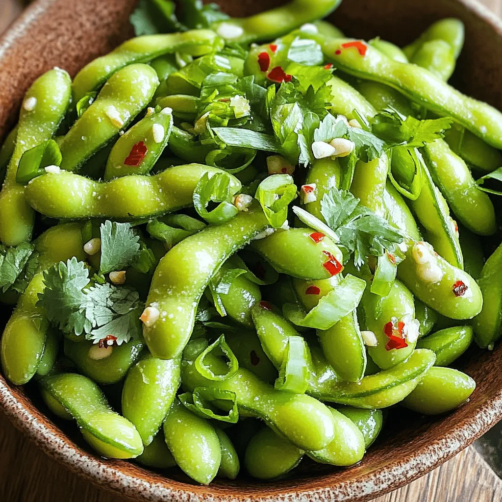 To make spicy garlic edamame, you need a few simple ingredients. Here’s what you’ll need: - 2 cups edamame in pods (fresh or frozen) - 3 tablespoons olive oil - 4 cloves garlic, minced - 1 teaspoon red pepper flakes (adjust to taste) - 1 tablespoon soy sauce - 1 teaspoon sesame oil - Salt, to taste - Fresh cilantro or green onions, for garnish (optional) These ingredients create a bold flavor. The edamame provides protein and crunch. Garlic adds a wonderful aroma, while red pepper flakes bring the heat. Feel free to get creative with your edamame. You can add a squeeze of lime juice for a fresh twist. Or try a sprinkle of sesame seeds for extra crunch. If you don't have sesame oil, you can use more olive oil. For a different flavor, you can swap soy sauce for tamari to make it gluten-free. Spicy garlic edamame is not just tasty; it's healthy too! Each serving has about: - Calories: 150 - Protein: 12g - Carbohydrates: 10g - Fat: 8g - Fiber: 4g This snack is low in calories but high in protein and fiber. It’s a great choice for a quick bite that keeps you full! To start, gather your edamame pods. You can use fresh or frozen ones. If you pick frozen, follow the package instructions to cook them. Usually, boiling or steaming works best. Cook them until they feel tender, then drain them. Set the pods aside while you prepare the garlic and oil. Next, we will make the spicy garlic mix. This part is quick and easy. You will sauté garlic in olive oil. This gives the edamame a nice flavor. Then, we toss in the cooked edamame, soy sauce, and sesame oil. Finally, we season it to taste. 1. Heat the Oil: In a large skillet, add 3 tablespoons of olive oil. Heat it over medium heat until it shimmers. 2. Sauté the Garlic: Add 4 cloves of minced garlic. Cook for 1-2 minutes. You want it fragrant but not burnt. 3. Add Red Pepper Flakes: Stir in 1 teaspoon of red pepper flakes. Let them mix for about 30 seconds. This step adds heat. 4. Combine Edamame: Now, add your cooked edamame to the skillet. Toss them well to coat with the garlic oil. 5. Add Soy and Sesame: Drizzle in 1 tablespoon of soy sauce and 1 teaspoon of sesame oil. Toss everything for 2-3 minutes. Heat through until everything is warm. 6. Season and Garnish: Remove from heat. Sprinkle salt to taste. If you like, add chopped cilantro or green onions on top for color and flavor. This method ensures your edamame bursts with flavor. Enjoy your spicy garlic snack! To sauté garlic just right, use medium heat. Start with fresh, minced garlic. Add it to hot oil and stir often. This keeps garlic from burning. Cook it until it smells great, about 1-2 minutes. If it turns brown, you cooked it too long. Brown garlic tastes bitter, and that is not what you want. Spice is a personal choice. If you like it hot, add more red pepper flakes. Start with one teaspoon, then taste as you cook. You can always add more, but it’s hard to take it out. For less heat, use less pepper or skip it. You can also add a pinch of sugar to balance the spice. Garnish your edamame with fresh cilantro or green onions. This adds color and flavor. You can serve it with a squeeze of lime juice for a zesty kick. Try pairing it with soy sauce or a spicy dipping sauce. These extras make your snack even more fun and tasty. {{image_2}} You can easily make this dish vegan. The base ingredients are already plant-based. Use soy sauce for flavor. If you want a richer taste, try a vegan Worcestershire sauce. This will enhance the umami without adding any animal products. Feel free to get creative with spices. Want more heat? Add cayenne pepper. Prefer a touch of sweetness? A dash of brown sugar works well. Fresh herbs can also change the taste. Try basil or mint for a fresh twist. They add a lovely aroma and depth. Spicy garlic edamame is great alone, but dips can make it even better. Pair it with a spicy mayo or a tangy sesame sauce. For a fun twist, serve with sriracha or soy sauce for dipping. This adds layers of flavor and makes it more interactive. To store your leftover spicy garlic edamame, let it cool first. Place it in an airtight container. It will keep well in the fridge for up to three days. If you want to keep it longer, freezing is a good option. When you're ready to enjoy your leftover edamame, simply take it out of the fridge. You can reheat it in the microwave for about one to two minutes. Stir halfway for even heating. For a crispier texture, warm it in a skillet over medium heat for about five minutes. If you decide to freeze your edamame, make sure it is fully cooled. Transfer it to a freezer bag, squeezing out as much air as possible. It can stay fresh in the freezer for up to three months. When you're ready to eat it, thaw in the fridge overnight, then reheat as directed. Yes, you can use frozen edamame for this recipe. In fact, it's a great option. Just cook it according to the package instructions. Usually, this means boiling or steaming until tender. Once done, drain and set aside. This makes the recipe quick and easy. Spicy Garlic Edamame pairs well with many dishes. Try it with sushi, rice bowls, or grilled chicken. It also goes great with Asian-style salads. The flavors mix well with fresh veggies and tangy dressings. You can also enjoy it as a snack with drinks. To make this recipe gluten-free, use gluten-free soy sauce. You can find this at most stores now. Just check the label. Tamari is another good option. It adds the same great taste without gluten. Enjoy your spicy garlic edamame worry-free! Spicy garlic edamame is easy to make and delicious. We explored the key ingredients, preparation steps, and tips for flavor. I shared ways to adjust spice levels and delightful serving suggestions. You can even store leftovers or freeze them for later. Embrace the variations to suit your tastes. Enjoy this vibrant dish, whether as a snack or part of a meal. Keep experimenting and making it your own!