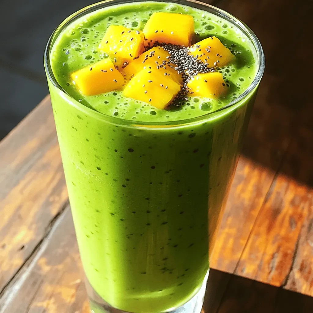 - 1 cup fresh spinach - 1 ripe banana - 1/2 cup diced pineapple (fresh or frozen) - 1/2 cup mango chunks (fresh or frozen) - 1/2 avocado - 1 cup coconut water - 1 tablespoon chia seeds - 1 tablespoon honey or agave syrup (optional) - A squeeze of lime juice You need fresh spinach for a healthy base. Spinach adds vitamins and minerals. It also gives your smoothie a vibrant green color. Next, grab a ripe banana. Bananas add natural sweetness and creaminess. They help keep you full too. Use diced pineapple, fresh or frozen. Pineapple brings a tropical twist. It has a bright flavor that balances the greens. Now, add mango chunks, fresh or frozen. Mangoes add extra sweetness and a smooth texture. Don't forget half an avocado. Avocado makes the smoothie rich and creamy. It also adds healthy fats, which are good for you. Next, pour in coconut water. Coconut water is hydrating and delicious. It also adds a hint of tropical flavor. Add a tablespoon of chia seeds. Chia seeds are tiny but mighty. They are full of fiber and omega-3 fatty acids. For sweetness, include honey or agave syrup if you want. Finally, squeeze some lime juice. Lime juice brightens the flavors and adds a zesty kick. These ingredients work together to create a refreshing and tasty smoothie. You can mix and match, but this list gives the best results! 1. First, gather your fresh spinach, ripe banana, diced pineapple, mango chunks, and avocado. Place these ingredients in your blender. The fresh spinach adds a nice green color and boosts the nutrients. 2. Next, pour in one cup of coconut water. This gives the smoothie a tropical taste. Then, add one tablespoon of chia seeds. They add fiber and are great for health. 3. Now, squeeze in a bit of lime juice. This step brightens the flavors and adds a nice zing. 4. Blend on high until the mix is smooth and creamy. Make sure there are no lumps. If it's too thick, add a little more coconut water to help. 5. Taste your smoothie. If you want it sweeter, add a bit of honey or agave syrup. Blend again to mix. 6. Finally, pour the smoothie into tall glasses. Serve it right away for the best taste and texture. Enjoy your tropical green smoothie! To make your Tropical Green Smoothie super smooth, follow these tips: - Start with the leafy greens first. Add the fresh spinach to the blender first. This helps it blend easily. - Next, add soft fruits like banana and avocado. These fruits help create a creamy texture. - After that, add your frozen fruits like pineapple and mango. They will chill your smoothie too. - Pour in the coconut water slowly. This helps to blend everything well. If your smoothie is too thick, add a bit more coconut water. - Blend on high until it’s creamy. If you see lumps, blend for a bit longer. - If you have leftover smoothies, store them in an airtight jar. Keep them in the fridge for up to 24 hours. This smoothie is not just tasty; it is also very healthy. Here’s why: - Spinach and kale: Both are packed with vitamins and minerals. They help support your immune system. They’re also great for your skin and eye health. - Tropical fruits: Pineapple and mango are full of vitamin C. These fruits boost your energy and help your body heal. - Coconut water: This has lots of electrolytes. It keeps you hydrated and helps with digestion. Using fresh, whole ingredients makes this smoothie a nutritious choice. Enjoy the health benefits while sipping on something delicious! {{image_2}} You can easily change the recipe to fit your taste. Here are some ideas: - Alternate leafy greens: If you want a different flavor, try kale or romaine instead of spinach. Both are healthy and add unique tastes. - Using different tropical fruits: You can swap pineapple and mango for other fruits. Papaya or passion fruit will make your smoothie just as tasty. - Adding protein sources: To make your smoothie more filling, you can add yogurt or protein powder. This gives you energy and helps you feel full longer. Enhancing the flavor of your smoothie is simple. Here are a few suggestions: - Spices or herbs: Add a pinch of ginger or mint for a fresh twist. These can bring out the fruity flavors and give your drink a zing. - Using different natural sweeteners: Instead of honey or agave syrup, try maple syrup or stevia. These options can change the taste while still keeping it sweet. When you make a Tropical Green Smoothie, storing it right can keep it fresh. For short-term storage, pour your smoothie into a jar. Seal it tightly and place it in the fridge. It stays good for up to 24 hours. The color may change slightly, but the taste will be great. For long-term storage, freezing works well. Pour your smoothie into ice cube trays or freezer-safe bags. This way, you can enjoy a quick blend later. Just thaw the cubes in the fridge or blend them straight from the freezer. Leftover fruits and greens can add flavor to many dishes. Use ripe bananas in pancakes or muffins. Diced pineapple works well in salads or salsas. Mango chunks can go in yogurt or oatmeal. Fresh spinach can easily be added to pasta or omelets. Consider blending leftover greens into soups for extra nutrients. This not only reduces waste but also gives you tasty meals! You can use water or almond milk. Both give a nice taste. If you want sweetness, add a bit of honey. Coconut milk is creamy and rich too. Yes, you can prepare it a few hours in advance. Store it in the fridge. Just give it a good shake before drinking. It might separate, but that's normal. This recipe is already dairy-free! Just skip any dairy products. Stick to coconut water or almond milk for a creamy texture. Absolutely! Frozen fruits are great for smoothies. They make it cold and thick. Just blend them as you would with fresh fruits. You may need a bit more liquid to help blend smoothly. This blog post covered how to make a delicious smoothie. You learned about the fresh ingredients like spinach, fruits, and coconut water. I gave you step-by-step instructions for blending. We also explored tips for storage and variations to keep it fun. Smoothies can be healthy and tasty with so many options. You can enjoy them as a snack or meal! Mixing flavors and using fresh ingredients makes all the difference. Now, grab your blender and get creative with your own unique mixes!