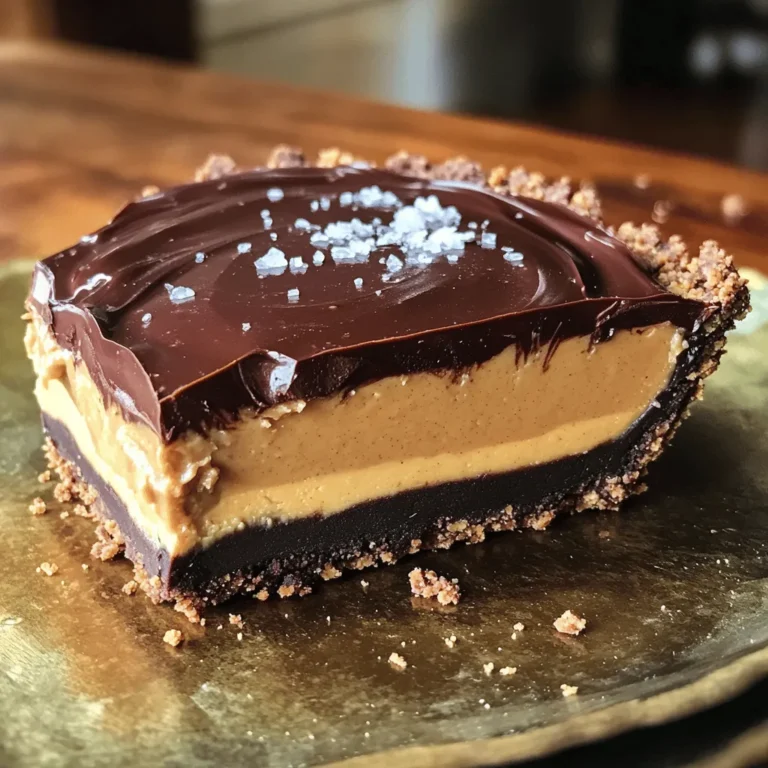 - 1 ½ cups almond flour - ¼ cup cocoa powder - ¼ cup coconut oil, melted - 2 tablespoons maple syrup - 1 cup creamy natural peanut butter - ¼ cup coconut milk (canned for creaminess) - ¼ cup powdered sugar - 1 teaspoon vanilla extract - ½ cup semi-sweet dairy-free chocolate chips - Sea salt for garnish (optional) I use precise measurements to get the best taste. Here’s what you need: - 1 ½ cups almond flour for a nutty base. - ¼ cup cocoa powder for rich chocolate flavor. - ¼ cup melted coconut oil adds moisture. - 2 tablespoons maple syrup for sweetness. - 1 cup creamy natural peanut butter gives a smooth texture. - ¼ cup canned coconut milk makes it creamy. - ¼ cup powdered sugar balances flavors. - 1 teaspoon vanilla extract brings warmth. - ½ cup semi-sweet dairy-free chocolate chips for the top. - A pinch of sea salt, if you like a salty kick. You can swap some items for different flavors: - Use oat flour instead of almond flour for a gluten-free crust. - Try agave syrup instead of maple syrup for a different sweet taste. - You can use cashew butter or almond butter if you want. - Add a dash of cinnamon for a warm spice note. - Replace dairy-free chocolate with dark chocolate for a richer taste. To start, grab a large mixing bowl. Add 1 ½ cups of almond flour and ¼ cup of cocoa powder. Next, pour in ¼ cup of melted coconut oil. Then, add 2 tablespoons of maple syrup. Mix all these ingredients until a crumbly dough forms. This is the base of your pie. Now, take a 9-inch pie pan. Press the dough firmly into the bottom and up the sides. Make sure it is even and smooth. After that, place the pie pan in the freezer for 15 minutes. This will help the crust set. While the crust is chilling, it’s time to make the filling. In another bowl, combine 1 cup of creamy natural peanut butter and ¼ cup of canned coconut milk. Add ¼ cup of powdered sugar and 1 teaspoon of vanilla extract. Mix until it is smooth and creamy. This lovely filling is rich and tasty. After the crust has set, take it out of the freezer. Pour the smooth peanut butter filling into the crust. Spread it evenly with a spatula. Now, let’s melt the chocolate. In a microwave-safe bowl, add ½ cup of semi-sweet dairy-free chocolate chips. Microwave them in 30-second intervals, stirring in between until fully melted and smooth. Pour the melted chocolate over the peanut butter layer. Spread it gently to cover the filling completely. Now, place the pie in the refrigerator. Chill it for at least 2 hours. This time helps the pie firm up and makes it easy to slice. To get the best crust, use almond flour. It gives a nice nutty flavor. Mix it with cocoa powder for that rich taste. Melt the coconut oil and mix it in with maple syrup. This mix should feel crumbly but hold together when pressed. Press the mixture firmly into the pie pan. This helps it stay together. Freezing it for 15 minutes helps set the crust. This makes it firm and ready for the filling. For a creamy filling, start with natural peanut butter. It should be smooth and free from additives. Mix it with coconut milk for extra creaminess. Use canned coconut milk for the best texture. Powdered sugar gives sweetness and helps keep the filling fluffy. Stir all these together until it looks creamy. This step is key for great flavor and texture in your pie. When melting chocolate, use semi-sweet dairy-free chips. Place them in a microwave-safe bowl. Heat in 30-second bursts, stirring in between. This method helps avoid burning the chocolate. Once it looks smooth, pour it over the peanut butter layer. Spread it gently for an even top. Letting the pie chill helps the chocolate set nicely. This will give you a beautiful finish to your pie. {{image_2}} You can switch out maple syrup for agave nectar or brown rice syrup. Each sweetener adds a unique taste. Agave gives a milder sweetness, while brown rice syrup is thicker and less sweet. You can also use stevia or monk fruit for a low-calorie option. Just adjust the amount to balance sweetness. While peanut butter shines here, feel free to try almond or cashew butter. Almond butter offers a light nutty flavor. Cashew butter is creamy and rich. Each nut butter will change the pie's flavor but keep it delicious. Mix and match to find your favorite. Add a splash of vanilla for warmth in the filling. A pinch of cinnamon brightens the taste. You might also try a bit of cocoa powder in the filling for extra chocolate flavor. Experiment with these additions to create your perfect pie. Store your Vegan Peanut Butter Cup Pie in the fridge. Cover it with plastic wrap or foil. This helps keep it fresh. It will stay good for up to one week. When you want a slice, just take it out and enjoy. You can freeze the pie for longer storage. Wrap it tightly in plastic wrap and then foil. This helps prevent freezer burn. The pie can last for up to three months in the freezer. To serve, let it thaw in the fridge overnight before enjoying. Keep the pie in a cool spot in the fridge. Avoid slicing it until you are ready to eat. This helps the pie keep its shape. If you have leftovers, cover them well to keep them fresh. Always check for any changes in smell or texture before eating. Yes, you can make this pie gluten-free! Use almond flour for the crust, which is naturally gluten-free. It gives the crust a nice nutty flavor and keeps it light. Just make sure your other ingredients, like cocoa powder and chocolate chips, are also gluten-free. Always check labels to be safe. Serve your Vegan Peanut Butter Cup Pie chilled. This pie tastes great on its own. You can also add a scoop of vegan ice cream for a treat. If you want, sprinkle a little sea salt on top for a sweet-salty touch. Cut it into slices and enjoy. The pie lasts about 5 days in the fridge. Make sure to cover it well to keep it fresh. If you want it to last longer, you can freeze it. Just slice it first, then wrap each piece tightly. When you're ready to eat, let it thaw in the fridge. This blog covers everything you need to know for a delicious pie. We explored ingredients, from key components to possible substitutions. You learned how to prepare the crust, make the filling, and assemble the pie step by step. Remember the tips for perfecting texture and achieving creamy consistency. We even looked at fun variations and storage options. In the end, enjoy your pie journey. With these details, your vegan peanut butter cup pie will impress everyone! Happy baking!