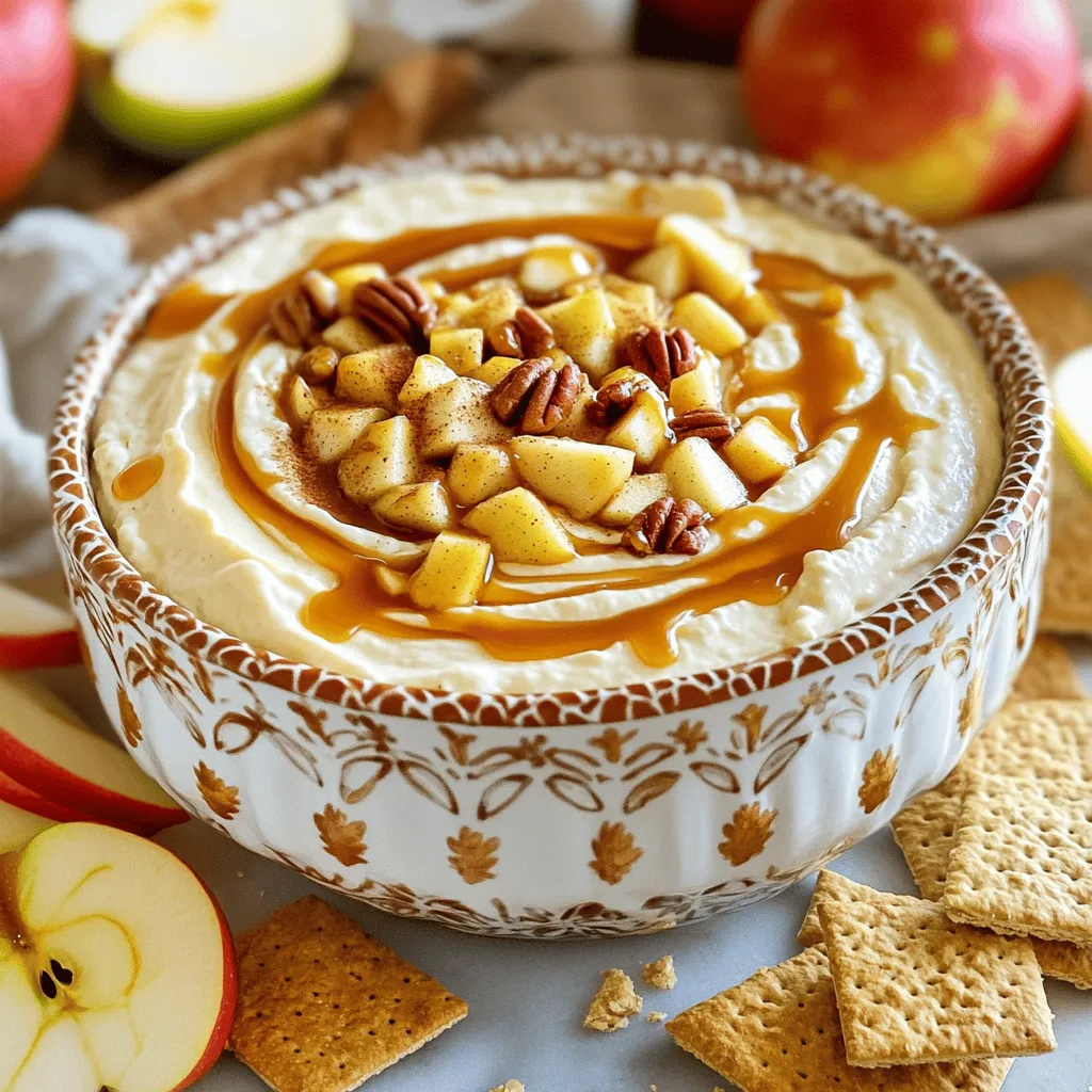 To make this tasty caramel apple cheesecake dip, you will need: - 8 oz cream cheese, softened - 1/2 cup powdered sugar - 1 teaspoon vanilla extract - 1/2 cup sour cream - 1/2 cup caramel sauce, plus extra for drizzling - 1 medium apple, diced - 1/4 cup chopped pecans (optional) - Cinnamon for sprinkling (optional) - Graham crackers or sliced fruit for dipping For the best flavor, I suggest using Granny Smith or Honeycrisp apples. Granny Smith apples add a nice tartness. They balance sweet flavors well. Honeycrisp apples bring a crisp texture and sweet taste. They are juicy and delicious. You can add chopped pecans for a crunchy texture. They also add a nutty flavor. A sprinkle of cinnamon on top enhances the taste and gives warmth. Feel free to adjust these options to suit your taste! To start, grab a mixing bowl. Add 8 ounces of softened cream cheese. Use an electric mixer to beat it until smooth and creamy. This step ensures a nice base for your dip. Next, slowly add 1/2 cup of powdered sugar. Mix until it blends well. The sugar will sweeten the cream cheese. Then, add 1 teaspoon of vanilla extract and 1/2 cup of sour cream. Keep mixing until everything is smooth and combined. This mixture will be rich and tasty. Now, it’s time to add the fun stuff! Take a medium apple and dice it. I recommend using Granny Smith or Honeycrisp apples for their crunch. Gently fold the diced apple into the cream cheese mixture. If you like, add 1/4 cup of chopped pecans for a nice crunch. Next, drizzle in 1/2 cup of caramel sauce. Save some for later to drizzle on top. Use a spatula to swirl the caramel around. This creates a beautiful marbled effect. Make sure not to overmix; you want to see those caramel swirls! After mixing, transfer the dip to a serving bowl. Chill it in the refrigerator for at least 30 minutes. This step helps the flavors come together. When you are ready to serve, drizzle more caramel on top for a sweet touch. A sprinkle of cinnamon can add extra flavor. Serve your dip with graham crackers or sliced fruit. Arrange these around the bowl for a pretty display. This dip is fun, tasty, and perfect for sharing! To get a smooth and creamy dip, start with softened cream cheese. This helps mix it easily. Use an electric mixer to beat the cream cheese until it is fluffy. Add the powdered sugar slowly. Mixing this way prevents lumps. After that, add sour cream and vanilla. Keep mixing until you have a silky texture. To create a rich taste, add diced apples and chopped pecans. They give crunch and sweetness. The caramel sauce adds a nice touch. Drizzle the caramel in after mixing the other ingredients. Swirling it in creates a beautiful marbled look. This way, each scoop has a mix of flavors. You can also sprinkle a bit of cinnamon on top for extra warmth. Serve your dip in a fun bowl. It makes your dish look great. Arrange graham crackers or fruit around the bowl for easy dipping. Before serving, add a drizzle of caramel on top. A light sprinkle of cinnamon adds a nice finish. This makes your dip look as good as it tastes! {{image_2}} You can make this dip healthier with simple swaps. Use low-fat cream cheese instead of regular. You can also try Greek yogurt instead of sour cream. These changes cut calories but keep the flavor. Choose a sugar substitute for the powdered sugar. This way, you enjoy the dip without as much guilt. Adding spices can take this dip to a new level. Try mixing in a pinch of nutmeg or allspice for warmth. You can also add a splash of almond extract for a nutty twist. Vanilla is a classic choice that works well too. Feel free to experiment until you find your favorite blend. This dip fits any season with a few changes. In fall, add pumpkin puree to the mix. It gives the dip a cozy flavor. You can sprinkle some nutmeg or cinnamon on top for extra warmth. In summer, try using berries instead of apples. This keeps the dip fresh and fruity. To store your leftover caramel apple cheesecake dip, place it in an airtight container. Make sure the lid is on tight to keep it fresh. You can also use plastic wrap to cover it. This method helps prevent the dip from drying out. If you want to refresh the dip, simply stir it before serving. If it feels too thick, add a splash of cream or milk. You can also drizzle more caramel on top for extra flavor. Avoid reheating the dip, as it can change the texture. The dip lasts about 3 to 5 days in the refrigerator. Look for changes in color or smell. If the dip smells sour or shows mold, throw it away. Always trust your senses to keep your dip safe to eat. Yes, you can make this dip ahead of time. I suggest making it a day before. Just store it in an airtight container in the fridge. This helps the flavors blend better. Before serving, give it a quick stir and add more caramel on top. If you need a substitute for cream cheese, try using Greek yogurt. It gives a similar creamy texture. You could also use mascarpone for a richer taste. Both options keep the dip delicious and fun. The dip will stay good in the refrigerator for about 3 to 5 days. Just keep it in an airtight container. If you notice any off smells or changes in texture, it’s best to toss it out. Enjoy your dip while it's fresh! This blog post covered how to make a delicious apple dip. We looked at key ingredients, from apples to optional extras like cinnamon. Step-by-step instructions helped you prepare the creamy mixture and serve it well. I shared tips for the best texture and flavor layering. You also learned about fun variations and smart storage options. In the end, this dip is a tasty treat for any occasion. Enjoy creating your version!