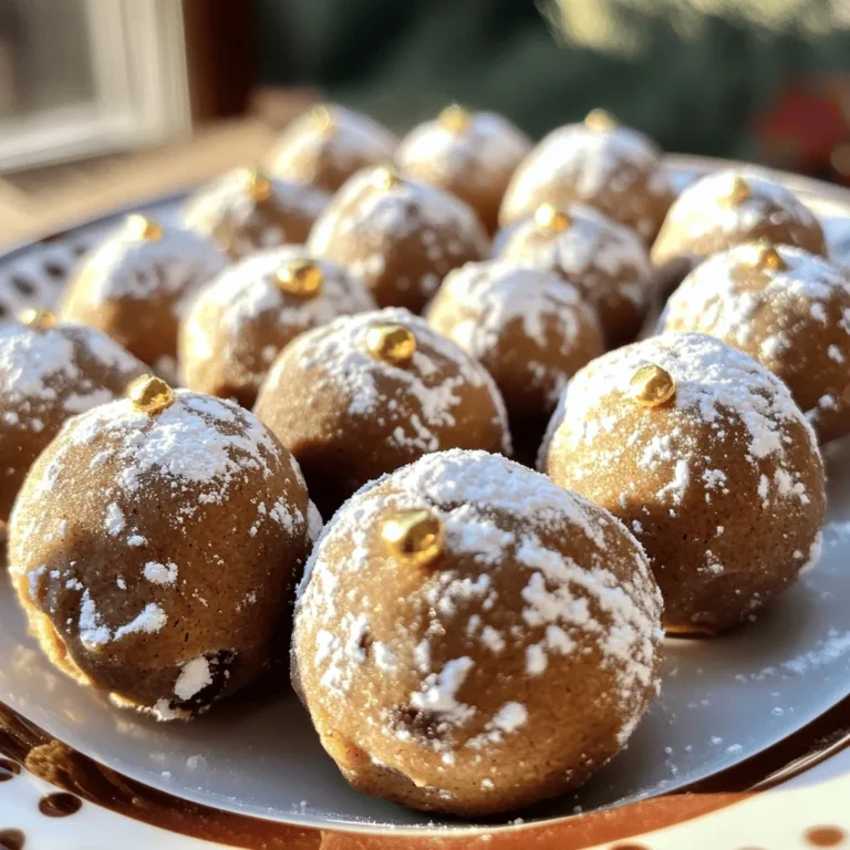 - 1 cup all-purpose flour - 1/2 teaspoon baking soda - 1 tablespoon ground ginger - 1 tablespoon ground cinnamon - 1/4 teaspoon ground nutmeg - 1/4 teaspoon ground cloves - 1/4 teaspoon salt - 1/2 cup brown sugar, packed - 1/4 cup unsalted butter, softened - 1 tablespoon molasses - 1 teaspoon vanilla extract - 1/4 cup mini chocolate chips (or dark chocolate chips) - 1/4 cup chopped walnuts or pecans (optional) When making gingerbread cookie dough bites, the right ingredients turn a simple treat into a festive delight. Each item plays a key role in flavor and texture. - Flour gives the dough structure. All-purpose flour works best for a soft bite. - Baking soda helps the dough rise slightly, creating a light texture. - Ground ginger and cinnamon add warmth and spice, making it feel like the holidays. - Nutmeg, cloves, and salt enhance these flavors, balancing sweetness with spice. - Brown sugar adds moisture and a rich flavor, while butter provides creaminess. - Molasses gives that classic gingerbread taste and chewy texture. - Vanilla extract adds depth, rounding out the taste. - Mini chocolate chips bring sweetness, and nuts add crunch. You can leave them out if you prefer. This mix creates a cookie dough that is easy to work with and delicious to eat. Making gingerbread cookie dough bites is simple and fun. Gather your ingredients first. You will need both wet and dry items. This helps keep the process smooth. - Step 1: Prepare the dry ingredients In a medium bowl, whisk together these dry ingredients: - 1 cup all-purpose flour - 1/2 teaspoon baking soda - 1 tablespoon ground ginger - 1 tablespoon ground cinnamon - 1/4 teaspoon ground nutmeg - 1/4 teaspoon ground cloves - 1/4 teaspoon salt Mix until well combined. Set this bowl aside for later. - Step 2: Cream butter and sugar Take a large mixing bowl. Add: - 1/2 cup brown sugar, packed - 1/4 cup unsalted butter, softened Use a mixer to beat these together until light and fluffy. This should take about 2 to 3 minutes. - Step 3: Combine ingredients Now, mix in these wet ingredients: - 1 tablespoon molasses - 1 teaspoon vanilla extract Stir until everything is blended well. Gradually add the dry mixture to the wet mixture. Stir until combined. The dough will be thick, which is perfect. - Step 4: Form the dough balls Use a spoon to scoop out small portions of the dough. Roll them into bite-sized balls, about 1 inch in diameter. They should fit nicely in your hand. - Step 5: Freezing instructions Place the dough balls on a parchment-lined baking sheet. Freeze them for about 30 minutes. This helps the bites firm up and hold their shape. Enjoy these gingerbread cookie dough bites as a sweet holiday treat! - Ensuring the right dough consistency: Your dough should be thick and not too sticky. If it feels too wet, add a bit more flour. This helps keep the bites firm. - Using softened butter correctly: Make sure your butter is soft but not melted. This helps it cream well with the sugar. Aim for a light and fluffy mix. - How to fold in mix-ins: Gently fold in the chocolate chips and nuts. Use a spatula and be careful not to over-mix. This keeps your dough tender. One common mistake is using cold butter. It won't mix well and can lead to a dense texture. Also, overworking the dough can make it tough. Keep the mixing gentle and quick. Lastly, don’t skip the freeze. Chilling the dough helps the bites hold their shape. - Creative serving suggestions: Arrange the gingerbread cookie dough bites on a festive plate. A colorful platter adds cheer. You can use cupcake liners for a fun touch too. - Garnishing ideas: Sprinkle with powdered sugar for a snowy effect. For a fancy twist, drizzle melted dark chocolate on top. Edible gold or silver flakes make them look extra special. Enjoy sharing these bites at your holiday gatherings! {{image_2}} You can change the flavor of your gingerbread cookie dough bites easily. Here are two fun ideas: - Pumpkin Spice Version: Replace some of the ginger and cinnamon with pumpkin spice. This mix has nutmeg and cloves too. It gives a warm, cozy taste, perfect for fall. - Chocolate Peppermint Twist: Add peppermint extract to the dough. You can also swap some chocolate chips for crushed candy canes. This gives a sweet and minty flavor, great for the holidays. If you have special dietary needs, you can still enjoy these bites. Here are some easy swaps: - Gluten-Free Adaptations: Use a gluten-free flour blend instead of all-purpose flour. Make sure it has a good texture for cookies. This way, you can enjoy the bites without worries. - Vegan Modifications: Replace the butter with vegan butter. Use flaxseed meal mixed with water as an egg substitute. This keeps the recipe plant-based while still tasting great. These variations make it easy for everyone to join in on the fun! To keep your gingerbread cookie dough bites fresh, store them in the fridge or freezer. - Refrigeration guidelines: Place the bites in an airtight container. They stay good for about one week in the fridge. - Freezing instructions: For longer storage, freeze them. Arrange the bites on a baking sheet and freeze until firm. Then, transfer them to a freezer bag. They can last up to three months in the freezer. When stored properly, gingerbread cookie dough bites have a good shelf life. In the fridge, they last about seven days. In the freezer, they stay fresh for up to three months. Always check for any signs of spoilage before enjoying them! If you want to enjoy your bites warm, you can reheat them. Simply take the bites out of the fridge or freezer. If frozen, let them thaw in the fridge overnight. Then, place them in the microwave for about 10-15 seconds. You can also warm them in the oven at 350°F for a few minutes. Serve them as they are or drizzle with melted chocolate for extra fun! Yes, you can make these gingerbread cookie dough bites ahead of time. They freeze well. Once you form the dough balls, place them in a freezer-safe bag. They can stay frozen for up to three months. When you want to enjoy them, just thaw them in the fridge. If you want to change the flavor, you can use several options. Try using dried fruits like cranberries or raisins. You can also use white chocolate chips, butterscotch chips, or even chopped up candy bars. These alternatives add fun flavors to your bites. To make these bites extra festive, try some simple ideas. You can drizzle melted dark chocolate over the tops. Add a sprinkle of edible glitter or powdered sugar for a snowy look. Use colorful holiday sprinkles to decorate and make them pop. Yes, these cookie dough bites are safe to eat. We bake the flour before using it to kill any bacteria. Also, we don’t use raw eggs. This makes them safe for everyone to enjoy. Just remember to keep them stored well to keep them fresh. We covered the ingredients, steps, and tips for making gingerbread cookie dough bites. It’s fun and easy to create tasty treats. Remember to be mindful of dough consistency and try new flavors. Store them well to enjoy later. With the right care, these bites can be a hit for any occasion. Use creativity to make them your own. This recipe lets you impress family and friends with minimal effort. Enjoy your baking adventure!