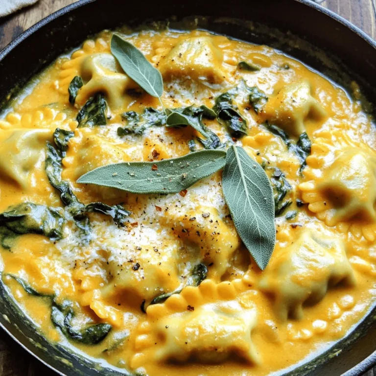 - 12 oz fresh or frozen ravioli (pumpkin or cheese) - 2 tablespoons olive oil - 3 cloves garlic, minced - 1 cup heavy cream - 1 cup vegetable broth - 1 cup baby spinach - 1/2 cup grated Parmesan cheese - 1 teaspoon dried sage - 1/4 teaspoon nutmeg - Salt and pepper to taste - Fresh sage leaves for garnish - Optional: Crushed red pepper flakes for a kick You can swap the heavy cream with half-and-half for a lighter sauce. Use low-sodium vegetable broth if you want to control the salt. For a dairy-free option, try coconut cream and nutritional yeast instead of Parmesan. If you don't have sage, thyme or rosemary also work well. Feel free to use any ravioli you have on hand, like cheese or spinach-filled ones. Each serving offers a balanced meal with around: - Calories: 400 - Protein: 12g - Carbohydrates: 50g - Fat: 18g - Fiber: 3g - Sugar: 3g This dish is rich in flavor and nutrients. It brings warmth and comfort, perfect for any meal. Enjoy this creamy pumpkin sage ravioli skillet, knowing it nourishes both body and soul. Start by gathering all your ingredients. This makes cooking easier and fun. Measure out your olive oil, garlic, heavy cream, vegetable broth, baby spinach, Parmesan cheese, sage, nutmeg, salt, and pepper. If you like heat, grab some red pepper flakes too. If you have fresh sage, set that aside for garnishing. Heat the olive oil in a large skillet over medium heat. Once hot, add the minced garlic and stir it for about one minute. You want it to smell nice but not burn. Now, add the ravioli right from the package. If they are frozen, no need to thaw them. Cook them per the package directions, usually around 4-5 minutes, until they float. Next, pour in the vegetable broth and let it simmer gently. This step adds great flavor. After that, mix in the heavy cream, dried sage, and nutmeg. Stir well and let it cook for another 4-5 minutes until the sauce thickens a bit. Then add the baby spinach and stir until it wilts. Finally, mix in the grated Parmesan cheese. It will melt and make the sauce creamy. Taste it and add salt and pepper as needed. If you want a kick, sprinkle some crushed red pepper flakes on top before serving. Cook ravioli until they float to the top. This means they are done. Avoid overcooking them; they can become mushy. Use a slotted spoon to remove them gently from the skillet. This keeps them intact. If you are unsure, taste one! You want it soft but not falling apart. Enjoy your creamy pumpkin sage ravioli warm for the best flavor. To boost the flavor of your creamy pumpkin sage ravioli, herbs and spices play a big role. Sage is key here. It adds a warm, earthy taste that pairs well with pumpkin. Add a pinch of nutmeg for a sweet note. If you like heat, sprinkle crushed red pepper flakes. Fresh sage leaves on top give a nice touch. Don't be shy with salt and pepper; they really help bring out all the flavors. Cooking ravioli right is important. If you use frozen ravioli, do not thaw them first. Just toss them in the skillet while frozen. This keeps them from getting mushy. Boil them in salted water for about 4-5 minutes if you prefer. Watch for them to float; that means they are done. Always test one for doneness. Perfectly cooked ravioli should be tender but not falling apart. To make your sauce creamy, start with heavy cream. It adds richness and a smooth texture. Mix it in after cooking the ravioli and broth. Stir well to combine. Let it simmer for a few minutes to thicken. The grated Parmesan cheese also helps with creaminess. It melts into the sauce, making it luxurious. Adjust the thickness with more broth if needed. Enjoy that creamy goodness! {{image_2}} You can switch up the ravioli in this dish. Try using cheese ravioli for a classic taste. If you want to explore, look for mushroom or spinach ravioli. Each type adds a new flavor twist. The pumpkin ravioli gives a warm, sweet touch. The cheese has a rich, creamy base that pairs nicely. Always choose fresh or frozen ravioli for best results. Adding protein makes this meal heartier. Chicken is a great option. You can sauté diced chicken breast and mix it in. Shrimp also works well; just cook it briefly in the skillet. For a plant-based choice, consider chickpeas or lentils. These options bring in protein and keep the dish filling. You can also add cooked sausage for more flavor. For a vegetarian version, skip the meat and stick to the creamy sauce. Use vegetable broth and keep the heavy cream or substitute with coconut cream for a vegan option. To make it vegan, you can swap out Parmesan for nutritional yeast. This gives a cheesy flavor without dairy. You can also add more veggies like mushrooms or bell peppers for texture and taste. To store leftovers, let the dish cool first. Then, place it in an airtight container. You can keep it in the fridge for up to three days. Make sure to label the container with the date. This helps you track freshness. When it's time to reheat, I recommend using the stovetop. Place the leftover ravioli in a skillet over low heat. Add a splash of vegetable broth or cream to keep it creamy. Stir gently until heated through. This usually takes about 5 to 7 minutes. You can also microwave it, but stir every minute to heat evenly. If you want to freeze the ravioli, do it before cooking. Arrange the uncooked ravioli on a baking sheet in a single layer. Freeze until solid, then transfer them to a freezer bag. This way, they won’t stick together. Cook from frozen when ready, adding a few extra minutes to the cooking time. Yes, you can use frozen ravioli. Just add them straight from the freezer. Do not thaw them. Cook them according to the package instructions. They usually float when done. This saves time and makes the dish easy. To make this dish gluten-free, choose gluten-free ravioli. Many stores sell them now. You can also make your own using gluten-free flour. Use vegetable broth that is labeled gluten-free. Always check the labels to be sure. You can serve this ravioli with a green salad. A simple side salad adds freshness. Garlic bread also pairs well with the creamy dish. Try a glass of white wine for a nice touch. For a heartier meal, serve with roasted vegetables or grilled chicken. This guide covers everything you need to make tasty ravioli. You learned about the right ingredients, cooking steps, and tips for the best flavor. I also shared fun variations to try and easy storage methods for leftovers. Use this knowledge to impress your friends and family with your ravioli skills. Cooking can be fun and rewarding. Enjoy your meal and share your ravioli journey!