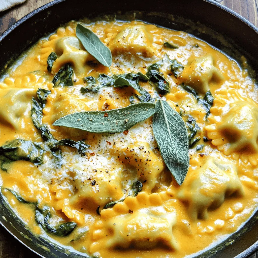 - 12 oz fresh or frozen ravioli (pumpkin or cheese) - 2 tablespoons olive oil - 3 cloves garlic, minced - 1 cup heavy cream - 1 cup vegetable broth - 1 cup baby spinach - 1/2 cup grated Parmesan cheese - 1 teaspoon dried sage - 1/4 teaspoon nutmeg - Salt and pepper to taste - Fresh sage leaves for garnish - Optional: Crushed red pepper flakes for a kick You can swap the heavy cream with half-and-half for a lighter sauce. Use low-sodium vegetable broth if you want to control the salt. For a dairy-free option, try coconut cream and nutritional yeast instead of Parmesan. If you don't have sage, thyme or rosemary also work well. Feel free to use any ravioli you have on hand, like cheese or spinach-filled ones. Each serving offers a balanced meal with around: - Calories: 400 - Protein: 12g - Carbohydrates: 50g - Fat: 18g - Fiber: 3g - Sugar: 3g This dish is rich in flavor and nutrients. It brings warmth and comfort, perfect for any meal. Enjoy this creamy pumpkin sage ravioli skillet, knowing it nourishes both body and soul. Start by gathering all your ingredients. This makes cooking easier and fun. Measure out your olive oil, garlic, heavy cream, vegetable broth, baby spinach, Parmesan cheese, sage, nutmeg, salt, and pepper. If you like heat, grab some red pepper flakes too. If you have fresh sage, set that aside for garnishing. Heat the olive oil in a large skillet over medium heat. Once hot, add the minced garlic and stir it for about one minute. You want it to smell nice but not burn. Now, add the ravioli right from the package. If they are frozen, no need to thaw them. Cook them per the package directions, usually around 4-5 minutes, until they float. Next, pour in the vegetable broth and let it simmer gently. This step adds great flavor. After that, mix in the heavy cream, dried sage, and nutmeg. Stir well and let it cook for another 4-5 minutes until the sauce thickens a bit. Then add the baby spinach and stir until it wilts. Finally, mix in the grated Parmesan cheese. It will melt and make the sauce creamy. Taste it and add salt and pepper as needed. If you want a kick, sprinkle some crushed red pepper flakes on top before serving. Cook ravioli until they float to the top. This means they are done. Avoid overcooking them; they can become mushy. Use a slotted spoon to remove them gently from the skillet. This keeps them intact. If you are unsure, taste one! You want it soft but not falling apart. Enjoy your creamy pumpkin sage ravioli warm for the best flavor. To boost the flavor of your creamy pumpkin sage ravioli, herbs and spices play a big role. Sage is key here. It adds a warm, earthy taste that pairs well with pumpkin. Add a pinch of nutmeg for a sweet note. If you like heat, sprinkle crushed red pepper flakes. Fresh sage leaves on top give a nice touch. Don't be shy with salt and pepper; they really help bring out all the flavors. Cooking ravioli right is important. If you use frozen ravioli, do not thaw them first. Just toss them in the skillet while frozen. This keeps them from getting mushy. Boil them in salted water for about 4-5 minutes if you prefer. Watch for them to float; that means they are done. Always test one for doneness. Perfectly cooked ravioli should be tender but not falling apart. To make your sauce creamy, start with heavy cream. It adds richness and a smooth texture. Mix it in after cooking the ravioli and broth. Stir well to combine. Let it simmer for a few minutes to thicken. The grated Parmesan cheese also helps with creaminess. It melts into the sauce, making it luxurious. Adjust the thickness with more broth if needed. Enjoy that creamy goodness! {{image_2}} You can switch up the ravioli in this dish. Try using cheese ravioli for a classic taste. If you want to explore, look for mushroom or spinach ravioli. Each type adds a new flavor twist. The pumpkin ravioli gives a warm, sweet touch. The cheese has a rich, creamy base that pairs nicely. Always choose fresh or frozen ravioli for best results. Adding protein makes this meal heartier. Chicken is a great option. You can sauté diced chicken breast and mix it in. Shrimp also works well; just cook it briefly in the skillet. For a plant-based choice, consider chickpeas or lentils. These options bring in protein and keep the dish filling. You can also add cooked sausage for more flavor. For a vegetarian version, skip the meat and stick to the creamy sauce. Use vegetable broth and keep the heavy cream or substitute with coconut cream for a vegan option. To make it vegan, you can swap out Parmesan for nutritional yeast. This gives a cheesy flavor without dairy. You can also add more veggies like mushrooms or bell peppers for texture and taste. To store leftovers, let the dish cool first. Then, place it in an airtight container. You can keep it in the fridge for up to three days. Make sure to label the container with the date. This helps you track freshness. When it's time to reheat, I recommend using the stovetop. Place the leftover ravioli in a skillet over low heat. Add a splash of vegetable broth or cream to keep it creamy. Stir gently until heated through. This usually takes about 5 to 7 minutes. You can also microwave it, but stir every minute to heat evenly. If you want to freeze the ravioli, do it before cooking. Arrange the uncooked ravioli on a baking sheet in a single layer. Freeze until solid, then transfer them to a freezer bag. This way, they won’t stick together. Cook from frozen when ready, adding a few extra minutes to the cooking time. Yes, you can use frozen ravioli. Just add them straight from the freezer. Do not thaw them. Cook them according to the package instructions. They usually float when done. This saves time and makes the dish easy. To make this dish gluten-free, choose gluten-free ravioli. Many stores sell them now. You can also make your own using gluten-free flour. Use vegetable broth that is labeled gluten-free. Always check the labels to be sure. You can serve this ravioli with a green salad. A simple side salad adds freshness. Garlic bread also pairs well with the creamy dish. Try a glass of white wine for a nice touch. For a heartier meal, serve with roasted vegetables or grilled chicken. This guide covers everything you need to make tasty ravioli. You learned about the right ingredients, cooking steps, and tips for the best flavor. I also shared fun variations to try and easy storage methods for leftovers. Use this knowledge to impress your friends and family with your ravioli skills. Cooking can be fun and rewarding. Enjoy your meal and share your ravioli journey!