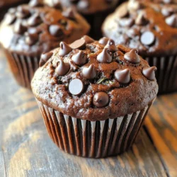 For these tasty muffins, you need a few key items. Here’s what to gather: - 1 medium zucchini, grated - 1 cup all-purpose flour - 1/2 cup cocoa powder - 1 teaspoon baking powder - 1/2 teaspoon baking soda - 1/4 teaspoon salt - 1/2 cup granulated sugar - 1/2 cup brown sugar, packed - 1/2 cup unsweetened applesauce - 1/4 cup vegetable oil - 2 large eggs - 1 teaspoon vanilla extract - 1 cup dark chocolate chips (or semi-sweet) These items come together to create a rich muffin that hides healthy zucchini inside. While the base recipe is great, you can make it your own. Consider these fun add-ins: - 1/2 cup chopped walnuts or pecans - 1/2 teaspoon cinnamon for warmth - A dash of espresso powder for depth These additions can give your muffins a unique twist and enhance the chocolate flavor. To make the best muffins, pay attention to a few details: - Zucchini Preparation: Grate the zucchini finely. Squeeze out extra moisture with a paper towel. This helps keep muffins from being too wet. - Cocoa Quality: Use high-quality cocoa powder. It makes a big difference in taste. Look for unsweetened cocoa for the best results. These tips will elevate your baking game and ensure delicious muffins every time. Start by preheating your oven to 350°F (175°C). This helps the muffins bake evenly. While the oven warms up, grab your muffin tin. You can use paper liners or spray it with non-stick cooking spray. This step keeps the muffins from sticking. Next, take one medium zucchini and grate it finely. You want about one cup of grated zucchini. This adds moisture and makes the muffins soft. Set the grated zucchini aside for later. In a large bowl, combine the grated zucchini, 1/2 cup granulated sugar, 1/2 cup packed brown sugar, 1/2 cup unsweetened applesauce, 1/4 cup vegetable oil, and 2 large eggs. Add 1 teaspoon vanilla extract too. Mix everything well until it blends together. This mixture is your wet ingredients. In another bowl, whisk together 1 cup all-purpose flour, 1/2 cup cocoa powder, 1 teaspoon baking powder, 1/2 teaspoon baking soda, and 1/4 teaspoon salt. Make sure these dry ingredients are mixed well. Then, slowly add the dry mix to the wet ingredients. Gently fold them together. You want to mix just until combined. It’s okay if some lumps remain. Lastly, fold in 1 cup dark chocolate chips and any nuts if you choose to add them. Now, divide the batter evenly among the muffin cups. Fill each cup about 3/4 full to allow for rising. Place the muffin tin in your preheated oven. Bake for 18 to 22 minutes. You’ll know the muffins are done when a toothpick poked in the center comes out clean or with a few moist crumbs. After baking, let the muffins cool in the pan for about 5 minutes. This helps them firm up a bit. Then, transfer them to a wire rack to cool completely. Enjoy the rich chocolate aroma filling your kitchen! To keep your Double Chocolate Zucchini Muffins moist, focus on two key things: zucchini and applesauce. First, make sure to grate the zucchini finely. This helps it blend well and release moisture during baking. Second, using unsweetened applesauce adds moisture without extra fat. Mixing these wet ingredients well helps create a smooth batter. Avoid these mistakes to ensure great muffins. Do not overmix; this can lead to tough muffins. Mix until just combined. Another mistake is not measuring the flour correctly. Too much flour can dry out your muffins. Use a spoon to scoop the flour into the measuring cup, then level it off. Lastly, keep an eye on the baking time; every oven is different. Check your muffins a few minutes early. You can easily adjust this recipe for different diets. For a gluten-free option, use a 1:1 gluten-free flour blend instead of all-purpose flour. If you want to cut sugar, try using a sugar substitute like stevia or monk fruit. For a vegan version, replace the eggs with flax eggs, made by mixing flaxseed meal with water. These swaps keep your muffins tasty and cater to various dietary needs. {{image_2}} You can make these muffins healthier with some easy swaps. Use whole wheat flour instead of all-purpose flour. This adds more fiber and nutrients. You can also replace granulated sugar with a sugar substitute like stevia or monk fruit. This keeps the sweetness but lowers calories. Applesauce is a great option too. It keeps muffins moist and adds flavor without extra fat. Want to boost the flavor? Try adding some spices. A pinch of cinnamon or nutmeg can add warmth. You can also mix in extracts like almond or orange for a fun twist. For a richer taste, consider using a splash of espresso or coffee. It enhances the chocolate flavor and gives your muffins a unique kick. If you need nut-free muffins, simply skip the nuts. The muffins will still be tasty. For a dairy-free option, use dairy-free chocolate chips. You can also replace eggs with flaxseed meal mixed with water. This keeps the texture and flavor while making it suitable for everyone. These easy swaps make the muffins friendly for different diets. To keep your muffins fresh, store them in an airtight container. This step helps lock in moisture. Place a paper towel at the bottom of the container. This towel absorbs excess moisture. Store the muffins at room temperature for up to three days. If you want to keep them longer, consider freezing. Freezing is a great way to extend the life of your muffins. Let the muffins cool completely before freezing. Wrap each muffin in plastic wrap or foil. Place wrapped muffins in a freezer-safe bag. Squeeze out as much air as possible. You can freeze them for up to three months. When ready to eat, thaw them in the fridge overnight. To enjoy your muffins warm, you can reheat them easily. Preheat your oven to 350°F (175°C). Place the muffins on a baking sheet. Heat for about 10 minutes. You can also use the microwave. Heat for about 15-20 seconds. Enjoy them warm with a cup of coffee or tea! Yes, you can use frozen zucchini. Just make sure to thaw it first. Squeeze out excess water with a paper towel. This helps keep your muffins from getting too wet. You can check the muffins after 18 minutes. Insert a toothpick into the center. If it comes out clean or with a few moist crumbs, your muffins are done. Remember, they will continue to cook a bit after you take them out. You can use a few options instead of eggs. Try 1/4 cup of unsweetened applesauce per egg. You can also use 1/2 ripe banana or 1 tablespoon of flaxseed mixed with 3 tablespoons of water. Let it sit for a few minutes to thicken. These muffins last for about 3 to 5 days at room temperature. Store them in an airtight container. You can also freeze them for up to 3 months. Just make sure to wrap them well! In this blog post, we explored making double chocolate zucchini muffins. We covered essential ingredients and options for add-ins. I shared tips for baking and avoiding common mistakes. You learned how to store and reheat muffins for maximum freshness. Double chocolate zucchini muffins are tasty and easy to customize. Whether you follow my tips or make your own twist, you’ll enjoy every bite. Happy baking!