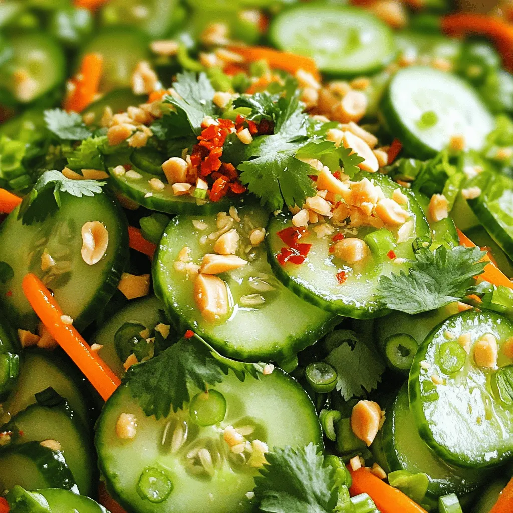 - 2 medium cucumbers, thinly sliced - 1 carrot, julienned - 1 red bell pepper, thinly sliced - 2 green onions, chopped - 1 small red chili, finely chopped (adjust to taste) - 2 tablespoons fresh lime juice - 1 tablespoon fish sauce (or soy sauce for vegetarian option) - 1 tablespoon palm sugar or brown sugar - 1 tablespoon sesame oil - Fresh cilantro leaves for garnish - Crushed peanuts for topping (optional) This salad is bright and fresh. I love combining crisp cucumbers and sweet carrots. The red bell pepper adds a pop of color and flavor. Green onions give a nice bite that I find delightful. Adjust the red chili for your spice level. You can always start small and add more. The dressing is key. Lime juice adds tartness, while fish sauce gives umami. If you prefer, use soy sauce for a vegetarian twist. Palm sugar or brown sugar brings a hint of sweetness. Sesame oil adds richness to the mix. Don’t forget the garnishes! Fresh cilantro brightens the dish, and crushed peanuts add crunch. You can skip the peanuts if you have allergies. Gather these ingredients for a refreshing dish that’s perfect for any meal! Start by gathering your fresh veggies. Take 2 medium cucumbers and slice them thin. Next, julienne 1 carrot for added crunch. Then, slice 1 red bell pepper into thin strips. Chop 2 green onions and finely chop 1 small red chili, adjusting to your heat preference. Combine all these veggies in a large mixing bowl. The colors will make your salad pop! Now it’s time to whip up the dressing. In a small bowl, whisk together 2 tablespoons of fresh lime juice, 1 tablespoon of fish sauce (or soy sauce for a vegetarian option), 1 tablespoon of palm sugar or brown sugar, and 1 tablespoon of sesame oil. Keep whisking until the sugar dissolves. This tangy dressing will bring everything together. Pour the dressing over the vegetable mixture in your large bowl. Toss everything gently, coating the veggies evenly. Let the salad sit for about 10-15 minutes. This wait allows the flavors to blend and the cucumbers to soften a bit. Before serving, toss it again lightly. Garnish with fresh cilantro leaves and sprinkle crushed peanuts on top if you want an extra crunch. Enjoy your fresh and zesty delight! To change the heat of your salad, adjust the amount of red chili. Start with a small amount. If you want more heat, add more chili. Remember, fresh chilies can vary in heat. Taste as you go. This way, you control the spice to your liking. Picking fresh cucumbers and veggies is key. Look for cucumbers that are firm and smooth. Avoid any with soft spots or wrinkles. For bell peppers, choose ones that are bright and shiny. Fresh veggies make the salad crisp and tasty. This salad pairs well with many dishes. Serve it as a side for grilled meats or fish. It also goes great with rice or noodles. Enjoy it on hot days or at barbecues. You can serve it as an appetizer or a light meal. {{image_2}} To make a vegan version of Spicy Thai Cucumber Salad, you can swap a few ingredients. Instead of fish sauce, use soy sauce or tamari. This keeps the umami flavor while keeping it plant-based. You can also add more veggies, like radishes or bell peppers, for extra crunch. This way, you maintain a fresh taste while keeping it all vegan. If you want to add protein to your salad, consider shrimp, chicken, or tofu. For shrimp, cook them until pink and toss them in. For chicken, grill or sauté it first, then slice it thin. Tofu can be cubed and either pan-fried or baked. Each of these options adds a heartiness that complements the fresh veggies well. Experimenting with different dressings can give your salad a new twist. Try adding peanut sauce for a creamy texture. You can also mix in a bit of sesame dressing for a nutty flavor. Another option is a spicy sriracha dressing for those who love heat. These variations keep your salad exciting and fresh every time you make it. After you make the Spicy Thai Cucumber Salad, store leftovers in an airtight container. Place it in the fridge right away. This keeps the salad fresh for up to two days. The cucumbers will stay crunchy, but they may lose some crispness over time. If you want to keep them crunchy, wait to add the dressing until you are ready to serve. You can prepare the salad ahead of time for quick meals. Slice the cucumbers, carrot, and bell pepper and store them in the fridge. Keep the dressing in a separate container. When you are ready to eat, mix the veggies with the dressing. This method saves time and keeps everything fresh. You can even cut the vegetables the night before. I do not recommend freezing this salad. Cucumbers tend to get mushy when frozen. If you want to freeze some components, you can freeze the chopped bell peppers. When you're ready to use them, thaw and add them to your salad. Enjoy the fresh taste of the salad by serving it fresh! For salads, I recommend using English cucumbers. They are longer and have fewer seeds. Persian cucumbers work well too. They are crunchy and sweet. Both types add a refreshing taste to salads. Avoid regular cucumbers, as they can be bitter and watery. Yes, you can prepare this salad ahead of time. Chop your veggies and mix them in a bowl. Make the dressing separately. Combine them just before serving. This keeps the salad crisp and fresh. Letting it sit too long can make it soggy. To reduce the heat, simply use less red chili. You can remove the seeds for less spice. Adding more cucumber or other veggies can balance the heat. A touch of sugar can also help to tone it down. Adjust to your taste for the perfect kick! This blog post shared how to create a fresh and vibrant salad. You learned about key ingredients, including fresh veggies and flavor enhancers. I offered steps to prepare the salad, tips to customize it, and storage advice for any leftovers. In closing, this salad is versatile and simple to make. Whether you adjust the spice or add protein, it can fit your taste. Enjoy making this dish as a healthy, delicious option for any meal!
