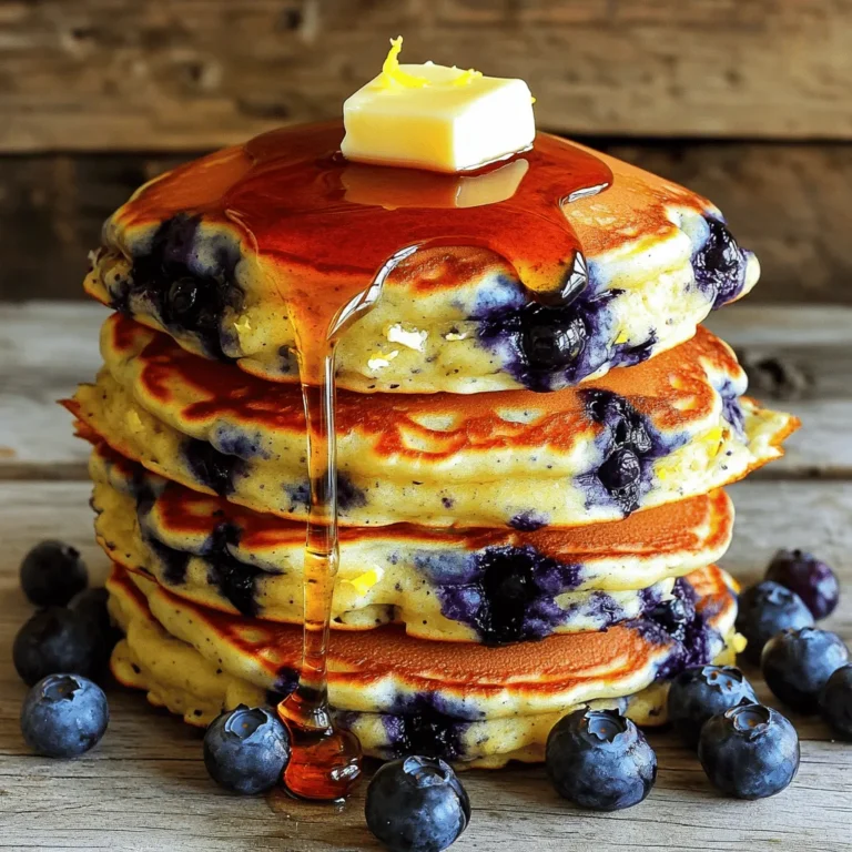 - 1 cup ricotta cheese - 2 large eggs - 1 cup milk - 1 tablespoon lemon zest - 2 tablespoons lemon juice - 1 cup all-purpose flour - 2 tablespoons sugar - 1 tablespoon baking powder - ½ teaspoon salt - 1 cup fresh blueberries - Butter or oil for cooking For this recipe, using ricotta cheese is key. It makes the pancakes light and fluffy. If you don't have ricotta, you can use cottage cheese. Just blend it until smooth. Sour cream can also work as a substitute. It adds creaminess too. For the milk, any type is fine. Whole milk makes them richer. Almond or oat milk also works well for a dairy-free option. If you prefer less sugar, you can cut the sugar by half. The pancakes will still taste great. You can also use honey or maple syrup as a sweetener instead. Garnishing your pancakes can add extra flair. Here are some ideas: - A pat of butter on top - Additional fresh blueberries - A drizzle of maple syrup - A sprinkle of powdered sugar - Lemon slices for a fresh touch These garnishes can enhance the look and taste of your pancakes. They make each bite even more delicious! Start by taking a large mixing bowl. Add 1 cup of ricotta cheese, 2 large eggs, and 1 cup of milk. Then, zest one lemon and add 1 tablespoon of lemon zest. Squeeze in 2 tablespoons of lemon juice for a fresh kick. Use a whisk to mix everything together. You want it smooth and well blended. In another bowl, add 1 cup of all-purpose flour, 2 tablespoons of sugar, 1 tablespoon of baking powder, and ½ teaspoon of salt. Use a whisk to combine these dry ingredients well. This step is key for the pancakes to rise nicely. Now, gently fold the dry mix into the ricotta mixture. Be careful not to overmix; a few lumps are okay. Once mixed, fold in 1 cup of fresh blueberries. Heat a non-stick skillet over medium heat. Add a little butter or oil to grease it. Pour about ¼ cup of batter for each pancake. Cook for 3-4 minutes until bubbles appear and edges look set. Flip the pancakes and cook for another 2-3 minutes until golden brown. Repeat until all the batter is cooked. Serve warm with butter, extra blueberries, and maple syrup if you like! To make your pancakes fluffy, use fresh ricotta cheese. It adds moisture and lightness. Make sure to whisk the eggs well before adding them. This helps to incorporate air, which leads to fluffiness. When mixing the dry and wet ingredients, mix gently. Overmixing will make the pancakes dense. A few lumps are okay. Finally, let the batter sit for a few minutes. This allows the flour to hydrate and makes for a better texture. Flipping pancakes can be tricky. Wait until you see bubbles forming on the surface. This shows that the pancake is ready to flip. Use a thin spatula to slide under the pancake. Lift gently, and flip quickly. If the pancake sticks, it may need more cooking time. Cook the second side until it is golden brown. This usually takes about 2-3 minutes. If you have leftovers, let them cool first. Place pancakes in an airtight container. Store them in the fridge for up to three days. For longer storage, freeze the pancakes in a single layer. Once frozen, transfer them to a freezer bag. They can last up to three months in the freezer. When you're ready to eat, reheat pancakes in a toaster or microwave. This brings back their fluffy texture. {{image_2}} You can easily make these pancakes gluten-free. Just swap the all-purpose flour with a gluten-free blend. Look for blends that include xanthan gum. This will help your pancakes stay fluffy. Mix the gluten-free flour in the same way as regular flour. The taste and texture will still be delicious. If you want to mix things up, try using different berries. Strawberries or raspberries work great too. Just chop the strawberries into small pieces. For raspberries, you can just fold them in whole. Each berry adds a unique flavor and color to your pancakes. This keeps breakfast fun and fresh. Want to add some crunch? Try folding in nuts like walnuts or pecans. They add a nice texture and flavor. For a sweet twist, mix in chocolate chips. They melt and give a rich taste. You can use dark, milk, or white chocolate chips. This way, every pancake can be a little different. Enjoy experimenting with these fun and tasty variations! You can store leftover pancakes in the fridge. Place them in an airtight container. They will stay fresh for about 2 to 3 days. Make sure to let them cool before sealing. This helps prevent moisture from making them soggy. For longer storage, freeze your pancakes. Stack them with a piece of parchment paper in between each one. Place the stack in a freezer-safe bag or container. They can last up to 2 months in the freezer. Just label the bag with the date. This way, you can enjoy them later! To reheat pancakes, you can use the microwave or a skillet. For the microwave, place them on a plate and cover with a damp paper towel. Heat for 30 seconds or until warm. If you prefer a crispier pancake, use a skillet. Heat over medium heat for about 1 to 2 minutes on each side. Enjoy them warm and fluffy again! Yes, you can make these pancakes ahead of time. Just cook them and let them cool. Once cool, stack them with parchment paper between each pancake. Place the stack in a covered container in the fridge. You can keep them for up to three days. When you are ready to eat, warm them in a toaster or microwave. If you don’t have ricotta, you can use cottage cheese. Blend it smooth for a similar texture. You can also use cream cheese. Just soften it first and mix it well. Greek yogurt is another option, but it will change the flavor a bit. Watch for bubbles on the surface of the pancakes. When you see bubbles, it’s time to flip them. The edges will also look set. After flipping, let them cook until they are golden brown. You can test with a toothpick; it should come out clean when done. You learned how to make delicious Blueberry Lemon Ricotta Pancakes. We covered the right ingredients, how to measure, and possible substitutes. I shared tips for fluffy pancakes and storing leftovers. You can even explore variations like gluten-free options. Remember, making pancakes can be fun and easy. Experiment with flavors and enjoy your meals!