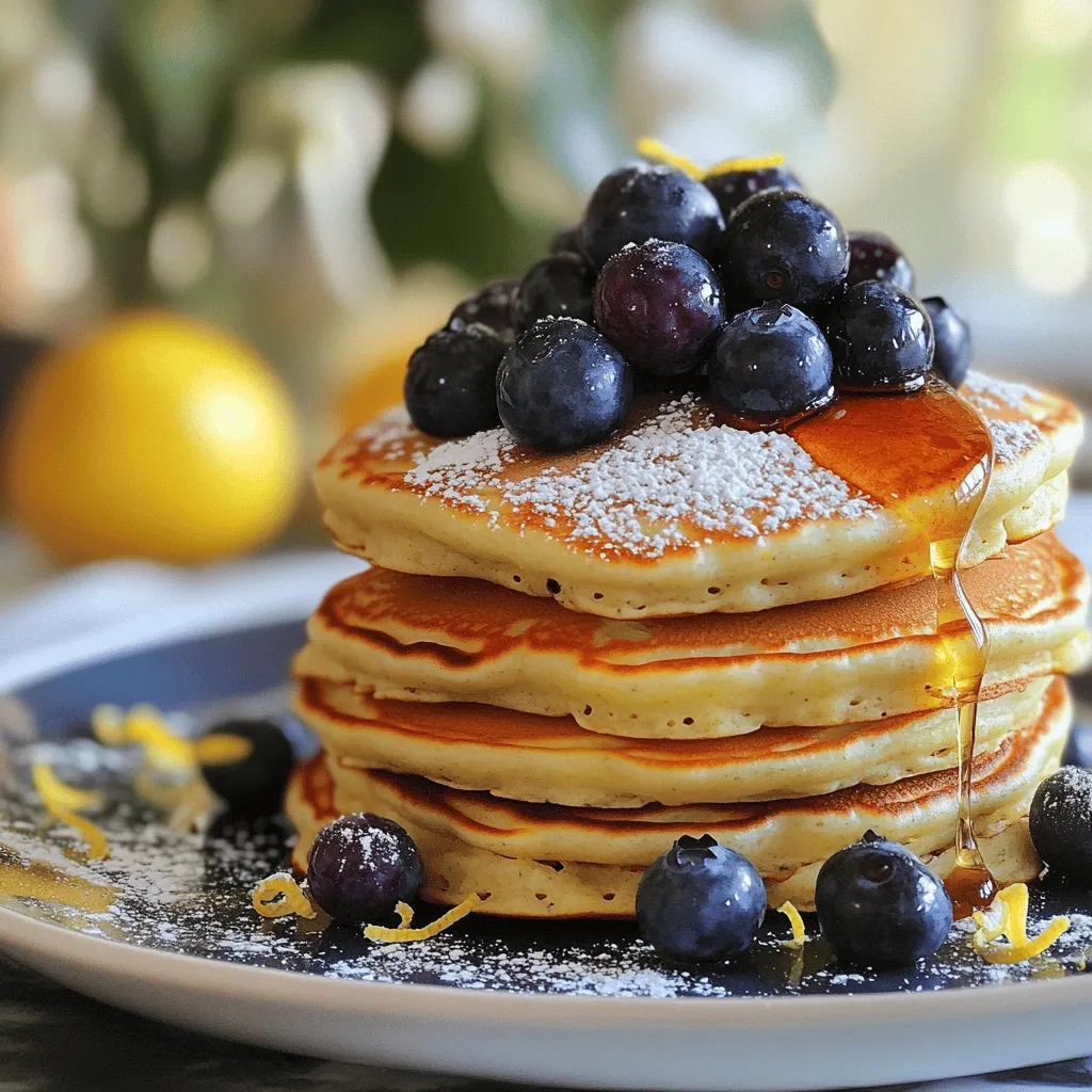 - 1 cup ricotta cheese - 1 cup fresh blueberries - Zest of 1 lemon - 2 tablespoons lemon juice Ricotta cheese makes these pancakes super fluffy. It adds creaminess and keeps them moist. Fresh blueberries burst with flavor, giving a sweet and tangy taste. The lemon zest and juice brighten the dish, adding a refreshing kick. - 1 cup all-purpose flour - 2 tablespoons sugar - 1 tablespoon baking powder - ½ teaspoon salt All-purpose flour creates a nice base for the pancakes. Sugar adds sweetness, while baking powder helps them rise. A pinch of salt brings out all the flavors in each bite. - 2 large eggs - ¾ cup milk - Butter or oil for cooking Eggs bind everything together. Milk adds creaminess and helps create a smooth batter. Use butter or oil to cook the pancakes. This prevents sticking and gives a lovely golden color. To start, I mix the ricotta cheese, eggs, milk, lemon zest, and lemon juice in a bowl. I whisk these ingredients together until they are smooth and well combined. This mix brings a creamy texture and a fresh flavor. Next, I take a separate bowl to combine the dry ingredients. I whisk together the all-purpose flour, sugar, baking powder, and salt. This step is key to ensure the pancakes rise well and taste great. Now, I gradually add the dry mix into the ricotta mixture. I stir gently until just combined. I make sure not to over-mix; a few lumps are okay. Finally, I fold in the fresh blueberries carefully, so they stay whole and juicy. I preheat a non-stick skillet or griddle over medium heat. I add a small amount of butter or oil to coat the surface. This helps the pancakes cook evenly and not stick. When the skillet is hot, I pour about ¼ cup of batter for each pancake. I wait until bubbles form on the surface and the edges look set. This usually takes about 2-3 minutes. Then, I flip the pancakes and cook them for another 2-3 minutes until they turn golden brown. Once cooked, I remove the pancakes from the skillet. I keep them warm on a plate while I repeat with the remaining batter. To keep the pancakes warm, I cover them with a clean kitchen towel. This keeps them soft and fluffy until serving. For a beautiful presentation, I stack the pancakes high on a plate. I dust them with powdered sugar and top them with extra blueberries. A drizzle of honey or maple syrup adds a sweet finish. To make your pancakes fluffy, do not over-mix the batter. Over-mixing makes the pancakes dense. Stir just until the ingredients blend. A few lumps are fine; they help keep the texture light. Use a whisk to combine the wet and dry ingredients. This tool helps add air to the batter, which is key for fluffiness. Remember, less mixing means more air and better pancakes! Boost the taste of your pancakes with fun toppings. Try adding fresh whipped cream, maple syrup, or a sprinkle of powdered sugar. You can also top them with more blueberries or sliced bananas for extra fruitiness. If you want to change things up, swap ricotta with cottage cheese. This will create a different texture, but still taste great. You can also use other fruits like strawberries or raspberries for a unique twist. If your pancakes are too thick, add a splash of milk. This helps loosen the batter so it spreads better. The right thickness is key for even cooking. If your pancakes are not browning well, check your skillet's heat. If it's too low, they will cook slowly and not get golden. A medium heat is best for even browning and cooking. Always use enough butter or oil to keep them from sticking. {{image_2}} You can swap blueberries for other fruits. Raspberries and strawberries work great. These fruits add a new taste and color. You can also mix fruits for a fun twist. Fresh fruit is best, but frozen works too. If you use frozen fruit, let it thaw first. This way, your pancakes won’t get too watery. For gluten-free pancakes, try using almond or coconut flour. These flours give a different taste but still taste great. You can also use a gluten-free all-purpose mix. For dairy-free options, look for ricotta made from almonds or cashews. These will still keep your pancakes fluffy and tasty. Want to make your pancakes even more fun? Try adding chocolate chips to the batter. They melt and create little pockets of sweetness. You can also add spices like cinnamon or nutmeg. These spices add warmth and depth to your pancakes. Just a pinch can take your dish to a new level! To keep your pancakes fresh, first let them cool completely. Place them in an airtight container. You can store them in the fridge for up to three days. If you want to keep them longer, freezing is a great option. To freeze pancakes, stack them with parchment paper in between. This prevents them from sticking. Place the stacked pancakes in a freezer bag. Seal it tight and label it with the date. They will stay fresh for up to two months. When it comes to reheating, you have two options: the oven or the microwave. For the oven, preheat it to 350°F (175°C). Place the pancakes on a baking sheet and cover them with foil. Heat for about 10 minutes. If you use the microwave, place pancakes on a plate. Cover them with a damp paper towel to keep them moist. Heat in 30-second bursts until warm. To keep pancakes fluffy, avoid reheating too long. They can become tough if overcooked. In the fridge, your pancakes will stay fresh for about three days. If they smell sour or have a strange color, it’s best to toss them. If you freeze them, they can last for two months. Check for freezer burn if they stay in too long. Always trust your senses; if it looks or smells off, don’t eat it! Yes, you can prepare these pancakes ahead. To store them, let the pancakes cool completely. Then, stack them with parchment paper between each one. Place the stack in an airtight container. You can keep them in the fridge for up to three days. For longer storage, freeze them. Just wrap each pancake in plastic wrap and place them in a freezer bag. They will last for up to two months. When you're ready to eat, reheat them. You can use the oven or microwave. For the oven, preheat it to 350°F (175°C). Place pancakes on a baking sheet and cover with foil. Heat for about 10 minutes. If using a microwave, place a few pancakes on a plate, cover with a damp paper towel, and heat for 30 seconds to 1 minute. This keeps them soft and fluffy. If you don't have ricotta, you can use cottage cheese. Blend it until smooth for a similar texture. Cream cheese is another option, but it will give a richer taste. Greek yogurt can work as well; it adds a tangy flavor and makes pancakes moist. Each substitute will change the taste slightly, but they will still be delicious. To prevent sticking, use a non-stick skillet or griddle. Preheat it on medium heat before adding butter or oil. Make sure to coat the surface evenly. If you find that your pancakes still stick, try using a silicone spatula for flipping. It can slide under the pancake more easily than metal. Always let the pancakes cook until bubbles form on top before flipping. This helps them set and stay intact. These blueberry lemon ricotta pancakes combine simple yet tasty ingredients. We explored the perfect balance of wet and dry ingredients to create fluffy batter. I shared tips for cooking, storing, and reheating pancakes, so they always taste fresh. Don't forget the fun variations for dietary needs and flavor twists! Keep experimenting to find your favorite mix. Enjoying food should be easy and fun. Happy cooking!