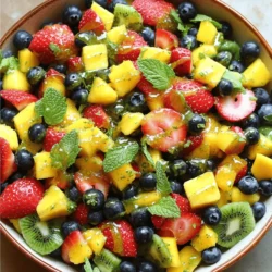 To create a vibrant Honey Lime Fruit Salad, you need a mix of fresh fruits. Here’s what I use: - 1 cup strawberries, hulled and sliced - 1 cup blueberries - 1 cup kiwi, peeled and diced - 1 cup pineapple, chopped - 1 mango, diced These fruits bring color and flavor. Each one adds its own unique taste and texture. The dressing makes the salad shine. Here are the key ingredients: - 2 tablespoons honey - 2 tablespoons fresh lime juice - Zest of 1 lime This dressing balances sweetness and tang. It enhances the fruits and ties everything together. For that extra touch, you’ll need: - Fresh mint leaves for garnish The mint adds freshness. It also makes the dish look beautiful and inviting. First, we need to prepare our fruits. Start with the strawberries. Hull them and slice them into thin pieces. Next, grab the kiwi. Peel it and dice it into small cubes. Then, take the pineapple and chop it into bite-sized pieces. Finally, dice the mango into small chunks. Now you have a colorful mix of fruits ready for the salad! In a small bowl, combine two tablespoons of honey with two tablespoons of fresh lime juice. Then, add the zest of one lime to the mix. Whisk these ingredients together until they blend well. This dressing adds a sweet and tangy flavor that lifts the fruits. In a large mixing bowl, mix all your prepared fruits. Add the strawberries, blueberries, kiwi, pineapple, and mango. Drizzle the honey lime dressing over the fruits. Gently toss everything together until the fruits are well coated. Let the salad sit for about 10 minutes at room temperature. This time allows the flavors to meld beautifully. Before serving, give it another gentle toss. You can garnish with fresh mint leaves for a pop of color and taste. Enjoy your refreshing honey lime fruit salad! To make a great fruit salad, pick the best seasonal fruits. In summer, strawberries, blueberries, and mangoes shine. In winter, think about citrus fruits like oranges and grapefruits. Always look for ripe fruits. Ripe fruits taste better and are sweeter. For strawberries, search for bright red color and no white spots. Blueberries should be plump and firm. Always choose kiwi and mango that yield slightly to gentle pressure. You can change the sweetness of your salad. If you like it sweeter, add more honey. Start with the original two tablespoons. Taste the fruit salad and adjust if needed. Use less honey if you prefer a tart flavor. The lime juice adds a nice zing, balancing the sweetness. Remember, you can always add more honey, but it’s hard to take it out! This fruit salad fits many occasions. Serve it at brunch, picnics, or barbecues. It also makes a great dessert. Pair it with yogurt or serve it alongside grilled meats. For a refreshing drink, enjoy it with iced tea or lemonade. Garnish with fresh mint leaves to add color and flavor. Your guests will love the bright look and taste! {{image_2}} You can switch up the fruits to make your salad more fun. Try using mango, papaya, or passion fruit. These tropical fruits add a sweet and juicy twist. You will love how they mix with the honey lime dressing! Want to spice things up? Add a pinch of cinnamon for warmth. If you like heat, try a small amount of jalapeño. It gives a nice kick and contrasts with the sweet fruits. Just be careful, as a little goes a long way! If you need a vegan option, use agave nectar instead of honey. For a sugar-free salad, try using a sugar-free sweetener. This keeps it tasty without extra sugar. Enjoy every bite without worry! To keep your honey lime fruit salad fresh, place it in an airtight container. Make sure to store it in the fridge. This helps maintain the flavors and crispness of the fruit. Try to consume the salad within two days for the best taste. You can freeze fruit salad, but it may not keep its best texture. Freezing changes the fruit's structure. When you thaw it, the fruit might be mushy. If you decide to freeze it, use a freezer-safe container. Enjoy it in smoothies or as a topping after thawing. The honey lime fruit salad lasts about two days in the fridge. After that, the fruit may start to lose its freshness. For the best flavor and texture, eat it within this time frame. Always check for any signs of spoilage before enjoying. You can use many fruits in this salad. If you want a twist, try these: - Raspberries - Blackberries - Grapes, halved - Oranges, segmented - Apples, diced Mix and match to find your favorite flavors. Just keep the ratios similar to ensure balance. This way, you still get that sweet and tangy taste. Yes, you can prep this salad ahead. For best results, follow these tips: - Cut and store each fruit in separate containers. - Mix honey and lime juice but keep it off the fruit. - Combine everything just before serving. This method keeps the fruit fresh and crunchy. You can enjoy the salad at its best this way. To keep your fruit looking fresh, use these techniques: - Apply lime juice to cut fruits like apples or bananas. - Soak them briefly in a mix of water and lemon juice. - Choose fresh fruits that are ripe but not overripe. These steps help maintain vibrant colors. Your salad will look as good as it tastes! In this blog post, we explored creating a vibrant Honey Lime Fruit Salad. We covered selecting fresh fruits, making a homemade honey lime dressing, and adding garnishes. I shared tips for selecting the best fruits and adjusting sweetness. You also learned how to store leftovers and variations to try. This salad is perfect for any occasion. It’s simple to make and delightful to eat. Enjoy your fresh creation, and don’t hesitate to switch up the fruits to match your taste!