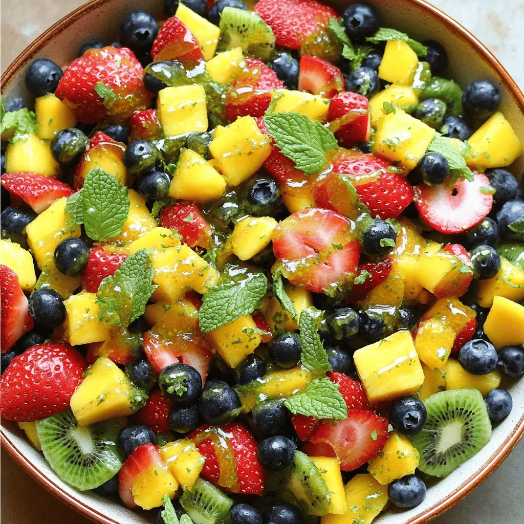 To create a vibrant Honey Lime Fruit Salad, you need a mix of fresh fruits. Here’s what I use: - 1 cup strawberries, hulled and sliced - 1 cup blueberries - 1 cup kiwi, peeled and diced - 1 cup pineapple, chopped - 1 mango, diced These fruits bring color and flavor. Each one adds its own unique taste and texture. The dressing makes the salad shine. Here are the key ingredients: - 2 tablespoons honey - 2 tablespoons fresh lime juice - Zest of 1 lime This dressing balances sweetness and tang. It enhances the fruits and ties everything together. For that extra touch, you’ll need: - Fresh mint leaves for garnish The mint adds freshness. It also makes the dish look beautiful and inviting. First, we need to prepare our fruits. Start with the strawberries. Hull them and slice them into thin pieces. Next, grab the kiwi. Peel it and dice it into small cubes. Then, take the pineapple and chop it into bite-sized pieces. Finally, dice the mango into small chunks. Now you have a colorful mix of fruits ready for the salad! In a small bowl, combine two tablespoons of honey with two tablespoons of fresh lime juice. Then, add the zest of one lime to the mix. Whisk these ingredients together until they blend well. This dressing adds a sweet and tangy flavor that lifts the fruits. In a large mixing bowl, mix all your prepared fruits. Add the strawberries, blueberries, kiwi, pineapple, and mango. Drizzle the honey lime dressing over the fruits. Gently toss everything together until the fruits are well coated. Let the salad sit for about 10 minutes at room temperature. This time allows the flavors to meld beautifully. Before serving, give it another gentle toss. You can garnish with fresh mint leaves for a pop of color and taste. Enjoy your refreshing honey lime fruit salad! To make a great fruit salad, pick the best seasonal fruits. In summer, strawberries, blueberries, and mangoes shine. In winter, think about citrus fruits like oranges and grapefruits. Always look for ripe fruits. Ripe fruits taste better and are sweeter. For strawberries, search for bright red color and no white spots. Blueberries should be plump and firm. Always choose kiwi and mango that yield slightly to gentle pressure. You can change the sweetness of your salad. If you like it sweeter, add more honey. Start with the original two tablespoons. Taste the fruit salad and adjust if needed. Use less honey if you prefer a tart flavor. The lime juice adds a nice zing, balancing the sweetness. Remember, you can always add more honey, but it’s hard to take it out! This fruit salad fits many occasions. Serve it at brunch, picnics, or barbecues. It also makes a great dessert. Pair it with yogurt or serve it alongside grilled meats. For a refreshing drink, enjoy it with iced tea or lemonade. Garnish with fresh mint leaves to add color and flavor. Your guests will love the bright look and taste! {{image_2}} You can switch up the fruits to make your salad more fun. Try using mango, papaya, or passion fruit. These tropical fruits add a sweet and juicy twist. You will love how they mix with the honey lime dressing! Want to spice things up? Add a pinch of cinnamon for warmth. If you like heat, try a small amount of jalapeño. It gives a nice kick and contrasts with the sweet fruits. Just be careful, as a little goes a long way! If you need a vegan option, use agave nectar instead of honey. For a sugar-free salad, try using a sugar-free sweetener. This keeps it tasty without extra sugar. Enjoy every bite without worry! To keep your honey lime fruit salad fresh, place it in an airtight container. Make sure to store it in the fridge. This helps maintain the flavors and crispness of the fruit. Try to consume the salad within two days for the best taste. You can freeze fruit salad, but it may not keep its best texture. Freezing changes the fruit's structure. When you thaw it, the fruit might be mushy. If you decide to freeze it, use a freezer-safe container. Enjoy it in smoothies or as a topping after thawing. The honey lime fruit salad lasts about two days in the fridge. After that, the fruit may start to lose its freshness. For the best flavor and texture, eat it within this time frame. Always check for any signs of spoilage before enjoying. You can use many fruits in this salad. If you want a twist, try these: - Raspberries - Blackberries - Grapes, halved - Oranges, segmented - Apples, diced Mix and match to find your favorite flavors. Just keep the ratios similar to ensure balance. This way, you still get that sweet and tangy taste. Yes, you can prep this salad ahead. For best results, follow these tips: - Cut and store each fruit in separate containers. - Mix honey and lime juice but keep it off the fruit. - Combine everything just before serving. This method keeps the fruit fresh and crunchy. You can enjoy the salad at its best this way. To keep your fruit looking fresh, use these techniques: - Apply lime juice to cut fruits like apples or bananas. - Soak them briefly in a mix of water and lemon juice. - Choose fresh fruits that are ripe but not overripe. These steps help maintain vibrant colors. Your salad will look as good as it tastes! In this blog post, we explored creating a vibrant Honey Lime Fruit Salad. We covered selecting fresh fruits, making a homemade honey lime dressing, and adding garnishes. I shared tips for selecting the best fruits and adjusting sweetness. You also learned how to store leftovers and variations to try. This salad is perfect for any occasion. It’s simple to make and delightful to eat. Enjoy your fresh creation, and don’t hesitate to switch up the fruits to match your taste!