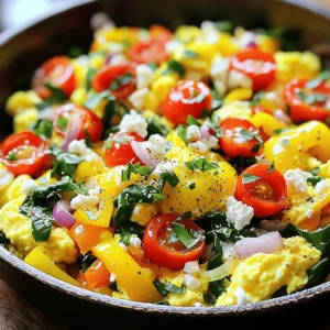 - 4 large eggs - 1/4 cup milk (or dairy-free alternative) - 1 cup spinach, chopped - 1/2 bell pepper (any color), diced - 1/4 cup red onion, diced - 1/2 cup cherry tomatoes, halved - 1/4 cup feta cheese, crumbled (optional) - 1 tablespoon olive oil - Salt and pepper to taste - Fresh herbs (like parsley or chives) for garnish This dish is packed with nutrients. Each serving has about 250 calories. It provides 18 grams of protein and 15 grams of fat. The vegetables add fiber and vitamins. Overall, this meal is good for your health. - Freshness of vegetables: Look for bright colors and firm textures. Fresh vegetables taste better and add more nutrients. - Choosing the best eggs: Select eggs that are free-range or organic. They often have richer flavor and better nutrition. - In a medium bowl, whisk together: - 4 large eggs - 1/4 cup milk (or dairy-free alternative) - Add salt and pepper to taste. - Set the bowl aside. - For the veggies: - Chop 1 cup of spinach. - Dice 1/2 bell pepper (any color). - Dice 1/4 cup of red onion. - Halve 1/2 cup of cherry tomatoes. - Heat 1 tablespoon of olive oil in a non-stick skillet over medium heat. - Add the diced red onion and bell pepper. - Sauté for about 3 minutes until softened. - Stir in the chopped spinach and cherry tomatoes. - Cook for another 2-3 minutes until the spinach is wilted. - Pour the egg mixture into the skillet. - Gently stir to mix with the vegetables. - Cook for 5-7 minutes, stirring occasionally. - The eggs should be fully cooked and slightly fluffy. - If you want, sprinkle 1/4 cup crumbled feta cheese on top. - Let it melt slightly before serving. - Best sides to pair with the scramble include toast or fresh fruit. - For garnish, use fresh herbs like parsley or chives for color. To make your veggie loaded egg scramble shine, use fresh herbs and spices. Fresh parsley or chives add a bright touch. You can also try adding dill or basil for a unique twist. A dash of paprika or chili powder can add warmth. For a little zing, a sprinkle of black pepper works well. Taste as you go to find your perfect mix. To achieve fluffy and creamy eggs, whisk the eggs well. Combine them with milk for added richness. Use a non-stick skillet to prevent sticking. Cook on medium heat, not high. Stir gently and frequently for even cooking. Remove the skillet from heat just before the eggs fully set. They will continue to cook off the heat. Timing is key to avoid overcooking your eggs. Start by sautéing the veggies for about 5 minutes. Once you add the eggs, cook for only 5 to 7 minutes. Stir gently and check for doneness. The eggs should look soft and slightly wet. This ensures a creamy texture and great taste. {{image_2}} You can boost your veggie loaded egg scramble with protein. Try adding cooked sausage or crispy bacon for a savory touch. If you want a plant-based option, tofu works great. Just crumble it and mix it in. Each of these choices adds flavor and keeps you full longer. Feel free to swap out vegetables based on what you have. Zucchini, mushrooms, or kale can add exciting flavors. You could also use broccoli or asparagus for a crunchy bite. The key is to use fresh veggies that you enjoy. This dish is versatile and can adapt to your taste. To make this dish dairy-free, use a dairy-free milk alternative. Almond milk or oat milk works well. If you like cheese, try nutritional yeast instead of feta. It adds a cheesy flavor without dairy. This way, everyone can enjoy the scramble, no matter their diet. To store leftover egg scramble, let it cool first. Place it in an airtight container. This keeps it fresh in the fridge for up to three days. Make sure to label the container with the date. The best way to reheat your scramble is on the stove. Heat a non-stick skillet over low heat. Add a splash of milk or water to keep it moist. Stir gently until heated through. You can also use a microwave. Place the scramble in a bowl and cover it. Heat for 30 seconds and stir. Repeat until warm. If you want to freeze your egg scramble, wait until it cools. Portion it into freezer-safe bags or containers. Remove as much air as possible to prevent freezer burn. It can stay frozen for up to three months. To reheat, thaw it in the fridge overnight. Then, use the stovetop or microwave methods mentioned above. This way, you keep the taste fresh and enjoyable! You can add many vegetables to your egg scramble. Some great choices include: - Zucchini - Mushrooms - Broccoli - Kale - Carrots - Asparagus These vegetables boost flavor and nutrition. Mix and match to find what you like best. Yes, you can prepare parts of this dish ahead of time. Chop your veggies and store them in the fridge. You can also whisk the eggs and milk in advance. When you're ready to eat, just cook it all together. This saves time on busy mornings. You know the eggs are done when they look set and slightly fluffy. Stir occasionally while cooking. If the eggs are still shiny or runny, keep cooking. Once they are firm, it’s time to serve. Enjoy your delicious egg scramble! This egg scramble dish is simple, healthy, and full of flavor. We explored key ingredients like fresh veggies and eggs, along with tips for selecting the best ones. I shared steps to prepare and cook the dish, plus ideas for customizing flavors. Remember, you can add your favorite proteins and veggies. Store leftovers properly for later enjoyment. This dish is perfect for any meal. Enjoy experimenting with new variations to make it your own!