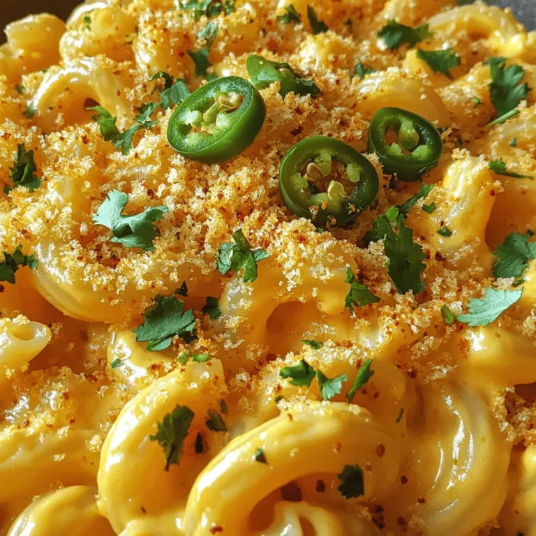 - 8 oz elbow macaroni - 1 cup shredded sharp cheddar cheese - 1 cup shredded pepper jack cheese - 1/2 cup cream cheese - 2-3 fresh jalapeños, finely chopped (seeds removed for less heat) - 2 tablespoons butter - 2 tablespoons all-purpose flour - 2 cups milk (whole or 2%) - 1/2 teaspoon garlic powder - 1/2 teaspoon onion powder - Salt and pepper to taste The main ingredients create a rich and creamy dish. The elbow macaroni acts as the base. Sharp cheddar gives a classic taste. Pepper jack adds a nice kick, while cream cheese makes everything smooth. Fresh jalapeños bring the heat, but you can adjust them to suit your taste. - 1/4 cup panko breadcrumbs (optional, for topping) - Fresh cilantro or parsley for garnish (optional) Panko breadcrumbs add texture and crunch. They create a nice contrast to the creamy macaroni. Cilantro or parsley brightens the dish. They also make it look great when served. - Gluten-free pasta - Dairy-free cheese options If you need a gluten-free option, swap the elbow macaroni for gluten-free pasta. For dairy-free needs, choose dairy-free cheese. This way, everyone can enjoy this delightful dish. Cooking the elbow macaroni Start with a large pot. Fill it with water and add salt. Bring the water to a boil. Once boiling, add 8 oz of elbow macaroni. Cook it according to the package instructions. You want it to be tender but still firm. This is known as al dente. Drain the pasta and set it aside for later. Importance of al dente texture Cooking the pasta to al dente is key. This texture holds up well in the cheesy sauce. It also prevents the pasta from becoming mushy after mixing. Keeping some bite in the pasta makes each bite satisfying. Creating a roux with butter and flour In the same pot, melt 2 tablespoons of butter over medium heat. Once melted, add 2 tablespoons of all-purpose flour. Whisk the mixture for about 1 to 2 minutes. This forms a roux, which thickens your sauce. Gradually adding milk for consistent texture Now, slowly pour in 2 cups of milk while whisking. Keep whisking to avoid lumps in your sauce. Cook this mixture for about 4 to 5 minutes. It should thicken nicely and become smooth. Incorporating cheeses and jalapeños Once your sauce is thick, lower the heat. Add in 1 cup of shredded sharp cheddar cheese, 1 cup of shredded pepper jack cheese, and 1/2 cup of cream cheese. Stir until all the cheese melts into a smooth sauce. Then, mix in 2 to 3 finely chopped jalapeños, along with 1/2 teaspoon of garlic powder and 1/2 teaspoon of onion powder. Season with salt and pepper to taste. Combining the pasta and cheese sauce Now it's time to add the pasta. Pour the cooked elbow macaroni into the cheese sauce. Mix well until every piece of pasta is coated in that creamy goodness. Optional broiling for a crispy topping If you want a crunchy top, transfer the mac and cheese to a greased baking dish. Sprinkle 1/4 cup of panko breadcrumbs on top. Broil it for 2-3 minutes. Keep a close eye on it to avoid burning. Enjoy your creamy jalapeño mac and cheese right away! For a creamy mac and cheese, the milk's temperature matters. Use warm milk, not cold. This helps the cheese melt smoothly. Stir it well as you cook. Keep whisking to avoid lumps. Using the right cheese blends also boosts creaminess. I suggest sharp cheddar for a rich taste and pepper jack for a kick. Cream cheese adds silkiness. Mixing these cheeses gives you depth and flavor. Want less heat? Remove the seeds from the jalapeños. You can also use fewer jalapeños. This change helps control the spice. If you like more flavor, try adding smoked paprika or cayenne pepper. These spices add depth without too much heat. Pair your mac and cheese with simple sides. A fresh garden salad works well. Also, consider garlic bread for a tasty contrast. For drinks, a light beer or iced tea complements the dish nicely. To make your plate pop, garnish with fresh cilantro or parsley. You can also sprinkle some panko breadcrumbs on top for a crunchy finish. It makes the dish look fancy and inviting! {{image_2}} You can make this dish meat-free and still tasty. Use plant-based cheeses instead of dairy. They melt well and add flavor. You can also mix in more vegetables like spinach or bell peppers. This boosts nutrition and adds color. Want to change the taste? Try using smoked cheese. It gives a nice, rich flavor. You can also add spices like paprika or cayenne. If you want a heartier dish, mix in cooked chicken or crispy bacon. Both add great flavor and texture. Not a fan of elbow macaroni? You can use other pasta shapes, like shells or penne. Each shape brings a different texture to the dish. Just remember, cooking times may vary. Check the package for the right boiling time. After you enjoy your creamy jalapeño mac and cheese, store any leftovers right. Place them in an airtight container. This keeps the dish fresh and tasty. Refrigerate it within two hours of cooking. Aim to eat leftovers within three to four days for best flavor. To reheat your mac and cheese, use gentle heat. I recommend using the stove for even warming. Place the mac and cheese in a pot. Add a splash of milk to keep it creamy. Stir often over low heat until hot. You can also use the microwave. Heat in short bursts, stirring in between to avoid dryness. If you want to freeze mac and cheese, do it right. First, let it cool completely. Then, transfer it to a freezer-safe container. Seal it tightly to prevent freezer burn. You can freeze it for up to three months. When you're ready to eat, thaw it overnight in the fridge. Reheat it slowly, adding milk to revive its creaminess. To make your mac and cheese less spicy, remove the seeds and ribs from the jalapeños. This part holds most of the heat. You can also use fewer jalapeños or replace them with a milder pepper, like a bell pepper. Another option is to add a pinch of sugar to balance the heat. You can also mix in some extra cream cheese or sour cream to cool down the spice. Yes, you can make this recipe ahead of time. Cook the pasta and prepare the cheese sauce. Mix them together and let it cool. You can store it in the fridge for up to three days. When ready to bake, add a bit of milk to keep it creamy. You can reheat it in the oven or microwave. For cream cheese, you can use Greek yogurt or sour cream. Both add creaminess but with a tangy flavor. You can also use mascarpone cheese for a richer taste. Just remember, these swaps can change the flavor slightly, but they will still give you a creamy texture. In this article, we covered how to make creamy mac and cheese with a spicy kick. You learned about key ingredients like cheeses and jalapeños, along with tips for perfecting the texture. We also explored flavor variations and how to store leftovers safely. Remember, feel free to adjust spices and try new pasta shapes. With these tips, you can create a delicious dish that suits your tastes and needs. Enjoy your cooking adventure!