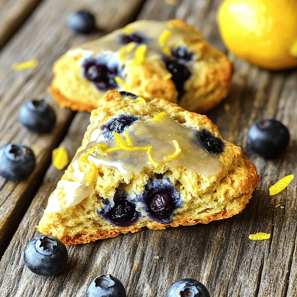 - 2 cups all-purpose flour - 1/4 cup granulated sugar - 1 tablespoon baking powder - 1/2 teaspoon baking soda - 1/4 teaspoon salt - 1/2 cup cold unsalted butter, cubed - 1 cup fresh or frozen blueberries - Zest of 1 lemon - 1/2 cup buttermilk - 1 large egg - 1 teaspoon vanilla extract - 1 tablespoon lemon juice I love using fresh ingredients for my blueberry lemon scones. The flour is the base, giving the scones their fluffy texture. Sugar adds sweetness, while baking powder and baking soda help them rise. A pinch of salt brings out all the flavors. Cold butter is key for flakiness. I like to cube it to mix easily into the flour. Blueberries provide a burst of flavor and color. The lemon zest adds a bright, zesty kick that pairs perfectly with the blueberries. Buttermilk gives the scones a rich taste and tender crumb. The egg helps bind everything together. Vanilla extract adds warmth, and lemon juice enhances that citrus flavor. - Lemon glaze (powdered sugar and lemon juice) - Additional lemon zest for garnish I often like to finish my scones with a lemon glaze. It adds a sweet touch and makes them look beautiful. A sprinkle of lemon zest on top gives them a lovely pop of color and extra flavor. - Preheat oven to 400°F (200°C). - Line a baking sheet with parchment paper. Start by getting your oven ready. Preheating ensures even baking. While it warms up, prepare your baking sheet. Parchment paper makes cleanup easy and helps prevent sticking. - Combine flour, sugar, baking powder, baking soda, and salt in a bowl. In a large bowl, mix the dry ingredients. This includes flour, sugar, baking powder, baking soda, and salt. Whisk them well to ensure they blend. This step is key for the rise and flavor of the scones. - Add cold cubed butter to the flour mixture and mix until crumbly. Next, take cold, cubed butter. Add it to the dry mix. Use your fingers or a pastry cutter to mix. You want the mix to look like coarse crumbs. This gives your scones a flaky texture. - Gently fold in blueberries and lemon zest. Now, it’s time to add flavor. Gently fold in fresh blueberries and lemon zest. Be careful not to crush the berries. This step adds both sweetness and a bright, fresh taste. - Whisk together buttermilk, egg, vanilla extract, and lemon juice. In a separate bowl, whisk the wet ingredients. Combine buttermilk, egg, vanilla extract, and lemon juice. This mixture adds moisture and flavor. Make sure it’s well mixed before moving on. - Combine wet and dry ingredients, shape the dough, cut, and bake. Pour the wet mix into the dry ingredients. Stir until just combined. Avoid overmixing, as this can make the scones tough. Next, turn the dough onto a floured surface. Pat it into a circle about one inch thick. Cut into eight wedges and place them on your baking sheet. Bake for 15-20 minutes until golden brown. Enjoy the smell of fresh scones as they bake! To make light and fluffy scones, avoid overmixing the dough. When you mix the wet and dry ingredients, stir just until they come together. Overmixing can make your scones tough. Use cold butter, cut into cubes, for a better texture. Cold butter helps create flaky layers in the scone. These scones taste best when served warm. Drizzle a lemon glaze on top for added sweetness. A simple glaze can be made with powdered sugar and lemon juice. Enjoy your scones with a cup of tea or coffee. The flavors of lemon and blueberry pair perfectly with your drink. If your scones turn out too dry or crumbly, try adding a little more buttermilk next time. This will help add moisture. To keep your scones fresh, store them in an airtight container. Avoid leaving them out, as this can dry them out quickly. {{image_2}} You can easily change the flavor of your scones. Substitute blueberries with raspberries or cranberries. Both fruits add a nice tartness. You can also add herbs like thyme or rosemary for a savory twist. This gives your scones a unique taste. If you need gluten-free options, you can use almond flour or coconut flour. Both will work well and keep your scones light. For a vegan adaptation, use plant-based butter and milk. This way, everyone can enjoy your scones. Adding nuts like walnuts or pecans gives your scones extra crunch. You can also incorporate lemon extract for a stronger lemon flavor. This adjustment makes your scones even more delightful. These small changes can make a big impact on taste. Enjoy experimenting! To keep your scones fresh, store them in an airtight container. This helps lock in the moisture. You can line the container with paper towels to absorb any extra moisture. Place scones in a single layer to avoid squishing them. - Use a plastic container for best results. - A zip-top bag also works well if you remove excess air. If you want to freeze scones, prepare them before baking. Cut the dough into wedges and place them on a baking sheet. Freeze the wedges until firm, then transfer them to a zip-top bag. This method helps keep their shape. - Scones can last in the freezer for up to three months. - When ready to bake, you can bake from frozen. Just add a few more minutes to the baking time. To reheat scones, you can use the oven or a microwave. The oven gives the best texture. Preheat your oven to 350°F (175°C). Place the scones on a baking sheet and warm them for about 10 minutes. - If using a microwave, heat in short bursts of 10-15 seconds. - Check to avoid overheating, as this can make them tough. To keep your scones moist, store them in an airtight container. You can also wrap them in plastic wrap. This keeps air out and moisture in. If you have leftover scones, eat them within a few days. If they start to dry, you can warm them briefly in the oven. This refreshes their texture. Yes, you can prepare blueberry lemon scones ahead. Mix the dry ingredients and store them in a bowl. You can also prepare the wet ingredients and keep them in the fridge. When you're ready to bake, combine them. Scones taste best fresh, but this method saves time. Absolutely! Frozen blueberries work well in scones. They are just as tasty as fresh ones. Just make sure to thaw and drain them first. This helps avoid excess moisture in your dough. You can also fold them in gently to prevent smashing. Yes, you can substitute buttermilk. Use regular milk with a bit of vinegar or lemon juice. This mixture mimics buttermilk's tang. You can also use yogurt or sour cream, thinned with milk. Each option maintains the scone's flavor and texture. Look for a golden brown color on the tops of the scones. Insert a toothpick into the center; it should come out clean. If the toothpick has wet dough, they need more time. You want them baked through but not overcooked for the best taste. In this blog post, we explored how to make tasty blueberry lemon scones. We detailed the essential ingredients, step-by-step instructions, tips for success, and variations for everyone. Remember, using cold butter and avoiding overmixing are key to soft scones. You can enjoy them warm with tea or try different flavors. Whether you serve them with a glaze or store them for later, these scones are a treat. I hope you feel ready to bake and enjoy these delightful treats!