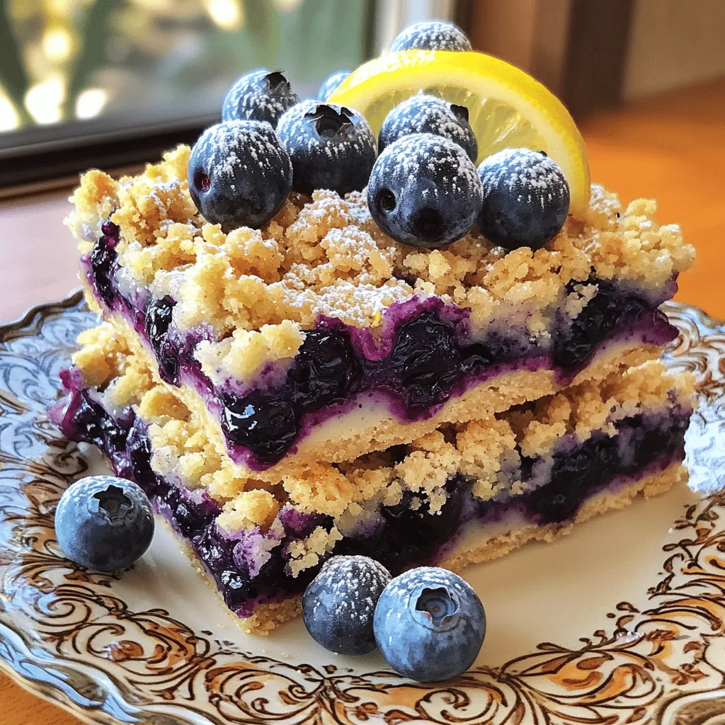 - 1 ½ cups all-purpose flour - ¾ cup rolled oats - ½ cup brown sugar - ½ teaspoon baking powder - ½ teaspoon salt - 1 teaspoon vanilla extract - ½ cup unsalted butter, melted - 2 cups fresh blueberries - 2 tablespoons lemon juice - Zest of 1 lemon - ¼ cup granulated sugar - 1 tablespoon cornstarch - ½ teaspoon cinnamon The ingredients for these Blueberry Lemon Crumble Bars create a perfect balance of sweet and tart. First, the dry ingredients form a hearty base. Flour, oats, brown sugar, baking powder, and salt blend together. They create a crumbly texture that holds well. Next, we add the wet ingredients. Vanilla extract helps enhance the flavor, while melted butter binds everything together. This mixture will be the foundation for our tasty bars. Now, let’s move on to the filling. Fresh blueberries are the star of the show. They burst with flavor and pair nicely with lemon juice and zest. The granulated sugar adds sweetness, while cornstarch thickens the filling. A hint of cinnamon adds warmth to the mix. These ingredients come together to create a treat that is both comforting and refreshing. You won’t want to miss out on this delicious balance of flavors! - Preheat the oven to 350°F (175°C). - Line an 8x8 inch baking dish with parchment paper. First, I set my oven to 350°F. This is the perfect temperature to bake the bars. While the oven heats, I line my baking dish with parchment paper. This helps with easy removal later. - Combine dry ingredients in a large mixing bowl. - Add melted butter and vanilla extract, mix until coarse crumbs form. In a big bowl, I mix the flour, oats, brown sugar, baking powder, and salt. I combine these dry ingredients well. Next, I pour in melted butter and vanilla. I stir until the mix looks like coarse crumbs. This will be the base and crumble topping. - Press two-thirds of the crust mixture into the bottom of the baking dish. - Prepare blueberry filling and layer on top of the crust. - Sprinkle remaining crumble mixture over blueberry filling. I take about two-thirds of the crust mix and press it into the dish. It should cover the bottom evenly. For the filling, I combine fresh blueberries, lemon juice, lemon zest, sugar, cornstarch, and cinnamon in a separate bowl. I gently toss the berries to coat them. Then, I pour this mixture over the crust. Lastly, I sprinkle the remaining crumble mix on top. - Bake for 35-40 minutes until golden and bubbly. I place the dish in the preheated oven and set the timer for 35 minutes. I check the bars at 35 minutes. They should be golden on top and bubbly around the edges. If they need more time, I let them bake for a few more minutes. - Let cool for at least 30 minutes before slicing into squares. Once the bars are done, I remove them from the oven. I let them cool in the dish for at least 30 minutes. This helps them set. When cool, I lift them out using the parchment paper. I use a sharp knife to slice them into squares. To make the best blueberry lemon crumble bars, start with room temperature ingredients. This helps them mix better. Use softened butter for a smooth crust. After baking, let the bars cool completely. This makes slicing easier and keeps the layers intact. These bars shine when served with a scoop of vanilla ice cream or fluffy whipped cream. The cold cream pairs nicely with the warm bars. For a lovely touch, garnish with fresh blueberries on top. A light dusting of powdered sugar adds a sweet finish. Want a brighter taste? Add more lemon zest to your filling. This will brighten the whole dish. You can also try different berries. Raspberries or blackberries can mix well with blueberries. Experimenting can lead to fun, new flavors in your crumble bars. {{image_2}} You can make these blueberry lemon crumble bars gluten-free. Simply substitute all-purpose flour with a gluten-free flour blend. This swap keeps the texture and flavor intact while catering to those with gluten sensitivities. Be sure to use a blend that includes xanthan gum for the best results. To create a vegan version, replace the butter with coconut oil. It adds a nice hint of flavor and keeps the bars moist. If the recipe calls for an egg, use a flax egg instead. Mix one tablespoon of ground flaxseed with two and a half tablespoons of water. Let it sit for a few minutes until it thickens. To add more flavor, you can mix in other fruits. Raspberries or blackberries work beautifully with blueberries. This adds a burst of color and taste to the bars. Simply fold the additional fruits into the blueberry filling. They will create a lovely mixed berry crumble that everyone will enjoy. You can store your blueberry lemon crumble bars in an airtight container. Keep them at room temperature for up to 3 days. This way, they stay fresh and tasty. For longer storage, refrigerate the bars. They will last for up to 1 week in the fridge. If you want to keep them even longer, freeze the bars for up to 3 months. Just make sure to wrap them well to avoid freezer burn. To enjoy the bars warm, reheat them before serving. You can warm them in the oven or microwave. This simple step will bring back their delicious taste and make the crumble topping crisp again. Look for a golden topping and bubbly blueberry filling as indicators of doneness. This usually takes about 35 to 40 minutes in the oven. The edges should look firm, while the center may still jiggle slightly. Trust your eyes here; the color and bubbles tell you they are ready. Yes, you can use frozen blueberries. Just be sure to thaw and drain any excess moisture before adding them to the mix. Frozen berries can release more water, which may make the filling too runny. Thawing and draining helps keep your bars from getting soggy. If you don’t have lemon juice, try lime juice or a splash of vinegar. Both options can give a similar acidity to your filling. Lime juice adds a nice twist, while vinegar can enhance the flavor without being too sour. Allow the bars to cool completely before cutting. Use a sharp knife to slice through the layers evenly. This will help you get nice, clean edges. If you want, you can dip the knife in hot water before cutting for an even smoother slice. Yes, you can prep these bars ahead of time. Store them in the fridge or freezer. They taste great chilled, and making them in advance gives you more time to enjoy your guests. Just remember to let them cool before storing! The blueberry crumble bars are easy and tasty. We combined simple ingredients like oats, butter, and fresh blueberries. The step-by-step guide makes baking fun and straightforward. Tips on serving and storing help you enjoy them fresh. You can even try variations like gluten-free or vegan options. Baking these bars is a great way to delight friends and family. With this recipe, you’ll have a delicious treat ready in no time. Enjoy the process and the tasty results!