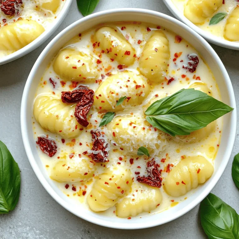 To make Creamy Sun-Dried Tomato Gnocchi, gather these key items: - 1 pound potato gnocchi - 1 cup sun-dried tomatoes (packed in oil), chopped - 1 cup heavy cream - 1/2 cup grated Parmesan cheese - 2 tablespoons olive oil - 2 cloves garlic, minced - 1 teaspoon dried basil - Salt and pepper to taste - Fresh basil leaves for garnish You can add a few extras for more taste: - Crushed red pepper flakes for spice - Extra herbs like oregano or thyme - A splash of white wine for depth If you need to change an ingredient, here are some options: - Use gluten-free gnocchi for a gluten-free dish. - Swap heavy cream with coconut cream for a dairy-free version. - Try nutritional yeast instead of Parmesan for a vegan option. Using these ingredients wisely will help create a rich and tasty dish. Each choice adds to the flavor, so feel free to mix and match to your liking! To start, bring a large pot of salted water to a boil. This step is key for cooking the gnocchi perfectly. Once boiling, gently add 1 pound of potato gnocchi to the pot. Cook them for about 2-3 minutes. Watch closely; they are ready when they float to the top. After cooking, drain the gnocchi and set them aside. Next, take a large skillet and heat 2 tablespoons of olive oil over medium heat. Add 2 cloves of minced garlic, and sauté for about 1 minute. You want the garlic to smell fragrant, not brown. Now, stir in 1 cup of chopped sun-dried tomatoes. Let these cook for another 2-3 minutes. This step allows the flavors to mix well. After that, pour in 1 cup of heavy cream. Bring the mixture to a gentle simmer. This is where the dish gets its creaminess! Add in 1/2 cup of grated Parmesan cheese and 1 teaspoon of dried basil. Stir until the cheese melts, taking about 3-4 minutes. Season with salt and pepper to taste. For a bit of heat, sprinkle in some crushed red pepper flakes if you like. Now it’s time to bring the dish together! Gently fold the cooked gnocchi into the creamy sauce. Make sure every piece is coated well. Heat through for another 2-3 minutes, so everything warms up nicely. After that, remove from heat and let the dish stand for a minute before serving. This short wait helps the flavors settle. When you serve, use shallow bowls and garnish with fresh basil leaves. A sprinkle of Parmesan on top adds a nice touch. If you drizzle a bit of olive oil over the top, it will look even better. Enjoy your creamy sun-dried tomato gnocchi! To get the best texture, choose good gnocchi. I like using potato gnocchi. Cook it in salted water until it floats. This usually takes about 2-3 minutes. Don’t overcook it! Overcooked gnocchi can become mushy. Drain it gently and set it aside. This step sets the stage for a perfect bite. The cream sauce needs balance. Start by heating olive oil in your skillet. Sauté minced garlic until it smells good. Add chopped sun-dried tomatoes next. This adds a tasty punch. Pour in the heavy cream and let it simmer gently. Stir in Parmesan cheese and dried basil. This creates a rich, creamy sauce. Taste it! Add salt, pepper, or crushed red pepper to adjust the flavor. You want it creamy but not too heavy. Presentation matters! Serve your gnocchi in shallow bowls. Top with fresh basil leaves for color. A sprinkle of Parmesan adds flair. For extra richness, drizzle some olive oil over the top. These simple steps make your dish look great and inviting. Enjoy sharing this meal with friends or family! {{image_2}} You can make your creamy sun-dried tomato gnocchi even better with add-ins. Adding vegetables boosts color and nutrition. Try spinach, mushrooms, or bell peppers. Simply sauté them with garlic before adding the sun-dried tomatoes. For proteins, cooked chicken or shrimp work well. They add heartiness to your dish. Just mix them in when you combine the gnocchi and sauce. Want to elevate the flavor? Fresh herbs are the way to go! Basil adds a bright taste. You can also try thyme or parsley for a different twist. For a bit of heat, sprinkle in crushed red pepper flakes. This adds a kick to your creamy sauce. If you love a smoky flavor, add a touch of smoked paprika. It brings depth to your dish. You can easily adapt this recipe for vegan or dairy-free diets. Use vegan gnocchi made from plant sources. Replace heavy cream with coconut cream or cashew cream. For cheese, use vegan Parmesan or nutritional yeast. This still gives you that creamy texture and rich flavor. Always check the labels to ensure your ingredients fit your dietary needs. To keep your creamy sun-dried tomato gnocchi fresh, store it in an airtight container. Let the dish cool to room temperature first. Then, cover it tightly. This helps prevent moisture loss and keeps flavors intact. You can store the leftovers in the fridge for up to three days. If you want to enjoy it later, consider freezing. When you're ready to eat the leftovers, reheating is easy. You can use the stovetop or microwave. For the stovetop, place the gnocchi in a skillet over low heat. Add a splash of cream or water to help the sauce. Stir gently until heated through. If you use the microwave, place the gnocchi in a microwave-safe bowl. Cover it with a damp paper towel. Heat in short bursts, stirring in between, until hot. Freezing creamy sun-dried tomato gnocchi is a great option for meal prep. To freeze, portion the gnocchi into freezer-safe containers. Make sure to leave some space at the top to allow for expansion. You can freeze the dish for up to two months. When you're ready to enjoy it, thaw it in the fridge overnight. Then, reheat as mentioned above. For best results, avoid freezing the dish with fresh basil, as it may not retain its flavor. You know gnocchi is cooked when it floats. Boil water and add the gnocchi. Wait for 2-3 minutes. When they rise to the top, they are ready. This means they have cooked through. It’s important to drain them right away. Overcooking makes them soft and mushy. Yes, you can use fresh tomatoes. Fresh tomatoes will give a different flavor. They will not be as rich as sun-dried tomatoes. Use about 2 cups of diced fresh tomatoes. Cook them longer until they break down a bit. This will help create a nice sauce. Many side dishes go great with gnocchi. A fresh salad adds a nice crunch. Try a simple arugula salad with lemon. Garlic bread also works well, giving a tasty, buttery side. You can even serve grilled vegetables for a healthy option. Each of these choices balances the creamy sauce nicely. You learned about the key ingredients and how to make creamy sun-dried tomato gnocchi. I shared tips for perfecting texture and balancing flavors. The variations offered ways to customize your dish to fit any diet. Proper storage information ensures your leftovers stay fresh. Now, you have all the tools to create a tasty meal. Dive in and enjoy the process! Your cooking can impress anyone.