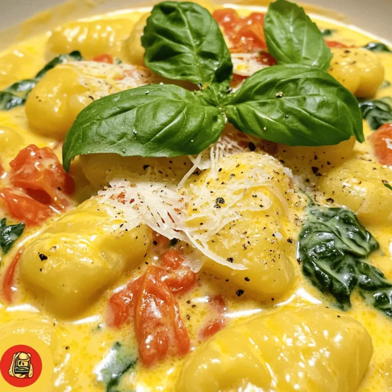 - 1 lb (450g) potato gnocchi - 2 tablespoons olive oil - 3 cloves garlic, minced Potato gnocchi is the star of this dish. It gives a soft and pillowy texture. Olive oil adds richness and flavor. Minced garlic brings a wonderful aroma. - 1 can (14 oz) crushed tomatoes - 1 cup fresh spinach, chopped - 1 cup heavy cream Crushed tomatoes make the sauce bright and tangy. Fresh spinach adds color and nutrients. Heavy cream gives the dish its creamy texture. - 1/2 cup grated Parmesan cheese - 1 teaspoon Italian seasoning - Salt and pepper to taste - Fresh basil leaves for garnish Parmesan cheese enhances the flavor of the sauce. Italian seasoning adds warmth and depth. Salt and pepper balance the dish. Fresh basil leaves make a lovely garnish. To start, fill a large pot with water and add salt. Bring the water to a boil. It should bubble rapidly. Once boiling, add 1 lb of potato gnocchi. Cook the gnocchi according to the package. Watch closely; they are ready when they float to the top. This usually takes about 2-3 minutes. Once they float, drain them and set aside. Next, grab a large skillet and add 2 tablespoons of olive oil. Heat the oil over medium heat. Add 3 cloves of minced garlic and sauté for 1-2 minutes. The garlic should smell nice but not burn. After that, pour in a can of crushed tomatoes. Stir well and let it simmer for about 5 minutes. This helps all the flavors mix. Now, add 1 cup of chopped fresh spinach. Stir until the spinach wilts, which takes about 2 minutes. After that, lower the heat and pour in 1 cup of heavy cream. Stir until everything is mixed. Then, add 1/2 cup of grated Parmesan cheese. Keep stirring until the cheese melts into the sauce. Now it’s time to bring everything together. Take the cooked gnocchi and toss them in the creamy sauce. Make sure they are well-coated. Season with 1 teaspoon of Italian seasoning, and add salt and pepper to taste. Let the gnocchi heat through for another 2-3 minutes. Stir gently as you do this. Finally, remove the skillet from the heat. Garnish with fresh basil leaves before serving. Enjoy your creamy tomato spinach gnocchi hot! To cook gnocchi just right, use a large pot. Bring salted water to a boil. Drop in the gnocchi and watch them closely. They are ready when they float to the top. This usually takes about 2 to 3 minutes. After cooking, drain them well. Set them aside for the sauce. For a creamy sauce, use heavy cream. Pour it in gently after the spinach wilts. Stir in Parmesan cheese slowly. This helps it melt smoothly. If the sauce feels too thick, add a splash of pasta water. This will make it creamy and light. To boost flavor, try adding fresh herbs. Basil and oregano work well. A pinch of crushed red pepper can add heat. For a twist, use lemon zest. It brightens the dish nicely. If you want a cheese alternative, try nutritional yeast. It gives a nutty flavor. You can also use pecorino cheese. It offers a sharp taste that pairs well with the sauce. Garnishing with fresh basil makes the dish pop. Pluck a few leaves and place them on top when serving. This adds color and freshness. For a beautiful plate, use wide bowls. Place the gnocchi in the center. Drizzle extra sauce around the edges. A sprinkle of black pepper adds a nice touch. Enjoy your creamy tomato spinach gnocchi with pride! {{image_2}} To make this dish dairy-free, you can use coconut cream instead of heavy cream. It gives a nice richness without dairy. For cheese, try nutritional yeast or a dairy-free cheese alternative. These options keep the creamy texture while making it suitable for everyone. You can add cooked chicken or shrimp for extra protein. To keep it vegetarian, consider using chickpeas or lentils. These options are healthy and fill you up. Just cook them separately and mix them in when you add the gnocchi. Using seasonal vegetables can elevate this dish. In spring, add asparagus or peas for a fresh crunch. In fall, consider butternut squash or kale for warmth and depth. Tailoring your dish to the season makes it even more special. Select veggies based on what’s fresh to enhance flavors and nutrition. To store leftovers, let the creamy tomato spinach gnocchi cool to room temperature. Place the gnocchi in an airtight container. Ensure you cover it tightly. This helps keep the dish fresh. You can store it in the fridge for up to three days. For best reheating, use a skillet on low heat. Add a splash of water or cream to keep it moist. Stir gently until it is hot throughout. You can also use a microwave. Heat in short intervals, stirring often. This prevents uneven heating. If you want to freeze the gnocchi, it’s best to do it before adding the sauce. Prepare the gnocchi and cool it completely. Spread them in a single layer on a baking tray. Freeze for about one hour until firm. Then, transfer them to a freezer-safe bag. Label it with the date. They can last up to three months in the freezer. When you’re ready to use, thaw the gnocchi in the fridge overnight. For reheating, cook them directly in the sauce. This keeps the flavors fresh. Just add a bit of extra cream to ensure it stays creamy. Heat until everything is warm and delicious. Gnocchi cooks quickly. Watch for it to float. When gnocchi rises to the top, it's ready. This usually takes about 2-3 minutes. If you see them floating, gently drain and set aside. They should feel soft, not mushy. Yes, you can use homemade gnocchi! This can add a personal touch to your dish. Just make sure they are cooked the same way. If they are made fresh, they may cook even faster. You can also try store-bought versions like gluten-free or whole wheat gnocchi. This dish pairs well with many sides. Try a simple salad with mixed greens. Garlic bread makes a nice addition too. If you want more veggies, roasted Brussels sprouts or steamed broccoli work well. You can also serve it with a light soup like minestrone for a full meal. In this blog post, we explored how to make creamy tomato spinach gnocchi. We covered essential ingredients like gnocchi, garlic, and spinach. I shared step-by-step cooking instructions and tips for perfecting texture and flavor. You learned about variations, storage, and common questions. As you prepare this dish, remember to have fun and experiment with flavors. Enjoy the process and make it your own!