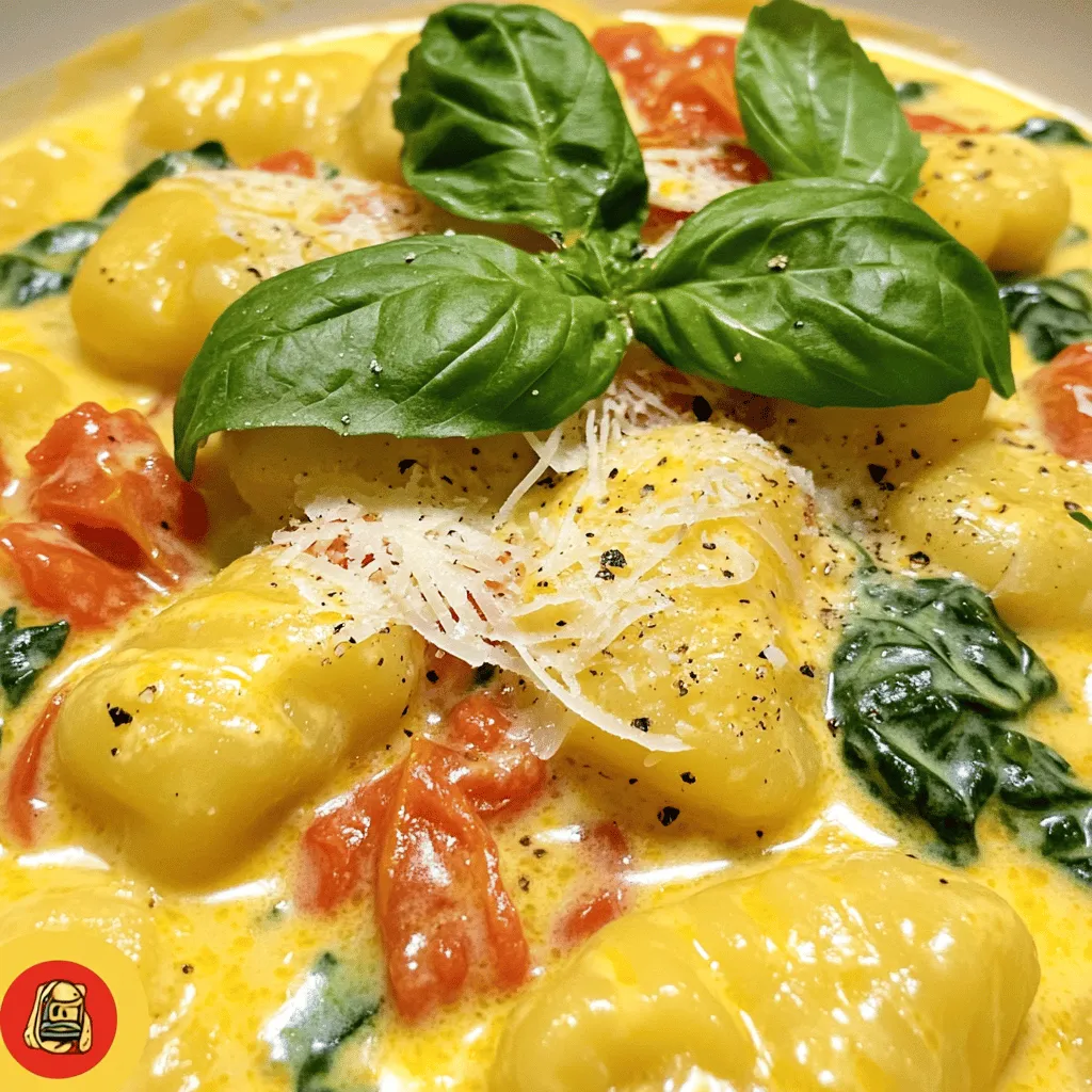 - 1 lb (450g) potato gnocchi - 2 tablespoons olive oil - 3 cloves garlic, minced Potato gnocchi is the star of this dish. It gives a soft and pillowy texture. Olive oil adds richness and flavor. Minced garlic brings a wonderful aroma. - 1 can (14 oz) crushed tomatoes - 1 cup fresh spinach, chopped - 1 cup heavy cream Crushed tomatoes make the sauce bright and tangy. Fresh spinach adds color and nutrients. Heavy cream gives the dish its creamy texture. - 1/2 cup grated Parmesan cheese - 1 teaspoon Italian seasoning - Salt and pepper to taste - Fresh basil leaves for garnish Parmesan cheese enhances the flavor of the sauce. Italian seasoning adds warmth and depth. Salt and pepper balance the dish. Fresh basil leaves make a lovely garnish. To start, fill a large pot with water and add salt. Bring the water to a boil. It should bubble rapidly. Once boiling, add 1 lb of potato gnocchi. Cook the gnocchi according to the package. Watch closely; they are ready when they float to the top. This usually takes about 2-3 minutes. Once they float, drain them and set aside. Next, grab a large skillet and add 2 tablespoons of olive oil. Heat the oil over medium heat. Add 3 cloves of minced garlic and sauté for 1-2 minutes. The garlic should smell nice but not burn. After that, pour in a can of crushed tomatoes. Stir well and let it simmer for about 5 minutes. This helps all the flavors mix. Now, add 1 cup of chopped fresh spinach. Stir until the spinach wilts, which takes about 2 minutes. After that, lower the heat and pour in 1 cup of heavy cream. Stir until everything is mixed. Then, add 1/2 cup of grated Parmesan cheese. Keep stirring until the cheese melts into the sauce. Now it’s time to bring everything together. Take the cooked gnocchi and toss them in the creamy sauce. Make sure they are well-coated. Season with 1 teaspoon of Italian seasoning, and add salt and pepper to taste. Let the gnocchi heat through for another 2-3 minutes. Stir gently as you do this. Finally, remove the skillet from the heat. Garnish with fresh basil leaves before serving. Enjoy your creamy tomato spinach gnocchi hot! To cook gnocchi just right, use a large pot. Bring salted water to a boil. Drop in the gnocchi and watch them closely. They are ready when they float to the top. This usually takes about 2 to 3 minutes. After cooking, drain them well. Set them aside for the sauce. For a creamy sauce, use heavy cream. Pour it in gently after the spinach wilts. Stir in Parmesan cheese slowly. This helps it melt smoothly. If the sauce feels too thick, add a splash of pasta water. This will make it creamy and light. To boost flavor, try adding fresh herbs. Basil and oregano work well. A pinch of crushed red pepper can add heat. For a twist, use lemon zest. It brightens the dish nicely. If you want a cheese alternative, try nutritional yeast. It gives a nutty flavor. You can also use pecorino cheese. It offers a sharp taste that pairs well with the sauce. Garnishing with fresh basil makes the dish pop. Pluck a few leaves and place them on top when serving. This adds color and freshness. For a beautiful plate, use wide bowls. Place the gnocchi in the center. Drizzle extra sauce around the edges. A sprinkle of black pepper adds a nice touch. Enjoy your creamy tomato spinach gnocchi with pride! {{image_2}} To make this dish dairy-free, you can use coconut cream instead of heavy cream. It gives a nice richness without dairy. For cheese, try nutritional yeast or a dairy-free cheese alternative. These options keep the creamy texture while making it suitable for everyone. You can add cooked chicken or shrimp for extra protein. To keep it vegetarian, consider using chickpeas or lentils. These options are healthy and fill you up. Just cook them separately and mix them in when you add the gnocchi. Using seasonal vegetables can elevate this dish. In spring, add asparagus or peas for a fresh crunch. In fall, consider butternut squash or kale for warmth and depth. Tailoring your dish to the season makes it even more special. Select veggies based on what’s fresh to enhance flavors and nutrition. To store leftovers, let the creamy tomato spinach gnocchi cool to room temperature. Place the gnocchi in an airtight container. Ensure you cover it tightly. This helps keep the dish fresh. You can store it in the fridge for up to three days. For best reheating, use a skillet on low heat. Add a splash of water or cream to keep it moist. Stir gently until it is hot throughout. You can also use a microwave. Heat in short intervals, stirring often. This prevents uneven heating. If you want to freeze the gnocchi, it’s best to do it before adding the sauce. Prepare the gnocchi and cool it completely. Spread them in a single layer on a baking tray. Freeze for about one hour until firm. Then, transfer them to a freezer-safe bag. Label it with the date. They can last up to three months in the freezer. When you’re ready to use, thaw the gnocchi in the fridge overnight. For reheating, cook them directly in the sauce. This keeps the flavors fresh. Just add a bit of extra cream to ensure it stays creamy. Heat until everything is warm and delicious. Gnocchi cooks quickly. Watch for it to float. When gnocchi rises to the top, it's ready. This usually takes about 2-3 minutes. If you see them floating, gently drain and set aside. They should feel soft, not mushy. Yes, you can use homemade gnocchi! This can add a personal touch to your dish. Just make sure they are cooked the same way. If they are made fresh, they may cook even faster. You can also try store-bought versions like gluten-free or whole wheat gnocchi. This dish pairs well with many sides. Try a simple salad with mixed greens. Garlic bread makes a nice addition too. If you want more veggies, roasted Brussels sprouts or steamed broccoli work well. You can also serve it with a light soup like minestrone for a full meal. In this blog post, we explored how to make creamy tomato spinach gnocchi. We covered essential ingredients like gnocchi, garlic, and spinach. I shared step-by-step cooking instructions and tips for perfecting texture and flavor. You learned about variations, storage, and common questions. As you prepare this dish, remember to have fun and experiment with flavors. Enjoy the process and make it your own!