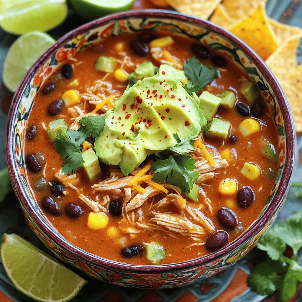 - 2 boneless, skinless chicken breasts - 1 can (15 oz) black beans, rinsed and drained - 1 can (15 oz) corn, drained - 1 can (10 oz) enchilada sauce - 1 can (14.5 oz) diced tomatoes with green chilies - 1 medium onion, diced - 2 cloves garlic, minced The main ingredients bring a mix of flavors and textures. Chicken breasts provide protein and richness. Beans and corn add heartiness and fiber. Enchilada sauce and diced tomatoes bring zest and color. - 1 teaspoon ground cumin - 1 teaspoon chili powder - 1 teaspoon smoked paprika - Salt and pepper to taste - 2 cups chicken broth The seasonings create warmth and depth. Cumin and chili powder add a kick. Smoked paprika gives a hint of smokiness. Chicken broth enhances the soup's body and flavor. - 1 cup shredded cheese (cheddar or Mexican blend) - 1 avocado, diced - Fresh cilantro, chopped - Lime wedges Garnishes add freshness and creaminess. Cheese melts into the soup, making it rich. Avocado brings creaminess, while cilantro adds a bright note. Lime wedges give a zesty finish. First, take two boneless, skinless chicken breasts. Season them well with salt and pepper. I like to rub it in to make sure the flavor sticks. Next, place the seasoned chicken at the bottom of your slow cooker. This layer is key to keep the chicken juicy. Now, grab a mixing bowl. Dice one medium onion and mince two cloves of garlic. Add these to the bowl. Then, open one can of black beans and one can of corn. Rinse and drain them, then toss them in too. Don’t forget to add one can of enchilada sauce and one can of diced tomatoes with green chilies. Next, sprinkle in one teaspoon each of ground cumin, chili powder, and smoked paprika. Mix everything well. This blend of veggies and spices adds a lot of flavor. Pour this mixture over the chicken in the slow cooker. Then, add two cups of chicken broth and stir gently. Cover your slow cooker and set it to low for 6-8 hours or high for 3-4 hours. This slow cooking lets all the flavors come together. When the chicken is fully cooked and tender, it’s ready for the next step. You can tell it’s done when it shreds easily. Once cooked, take the chicken out of the slow cooker. Use two forks to shred it into bite-sized pieces. Return the shredded chicken back into the pot. Stir it all together. Now, add one cup of shredded cheese, either cheddar or a Mexican blend. Mix until the cheese melts into the soup. Serve the soup in bowls. Top each bowl with diced avocado and chopped cilantro for a fresh touch. You can also add lime wedges on the side for an extra zing. Enjoy your delicious Slow Cooker Spicy Chicken Enchilada Soup! To make this soup just right, you can adjust the spice levels. Use mild enchilada sauce for a gentle kick. For more heat, choose the spicy version. You can also add fresh jalapeños or a dash of hot sauce. If you want to keep it mild, add a little honey or sugar to balance flavors. Toppings can elevate your soup. I love adding shredded cheese for creaminess. Diced avocado adds a fresh touch. Fresh cilantro brings a nice pop of color and flavor. You can even sprinkle some tortilla chips on top for crunch. Shredding chicken should be simple. After cooking, take the chicken out with tongs. Use two forks to pull it apart easily. It should shred with little effort. Return the shredded chicken to the soup and stir well. To ensure a thick soup, don’t skip the beans and corn. They add body and texture. If your soup is too thin, let it cook longer with the lid off. This helps reduce excess liquid. Stir occasionally to prevent sticking. Serving soup in colorful bowls makes it inviting. Choose bowls that contrast with the soup's color. A bright bowl enhances the dish's appeal. For garnishing, sprinkle extra cheese on top. Add diced avocado and chopped cilantro for a vibrant look. Lime wedges on the side give a fresh burst. You can also serve with tortilla chips for a satisfying crunch. {{image_2}} You can easily change up the protein in this soup. Turkey and beef work well too. Just remember to adjust the cooking time based on the protein you choose. For beans, you can use pinto or kidney beans if you prefer. You can also add veggies like bell peppers or zucchini for extra nutrition. If you have kids or prefer mild flavors, use a mild enchilada sauce. You can also skip the chili powder. To add extra heat, use a spicy enchilada sauce. Adding jalapeños or cayenne pepper boosts the heat. Just taste as you go to find the right level for you. For a creamy twist, add cream or coconut milk towards the end of cooking. This gives the soup a rich texture. You can also stir in Greek yogurt or sour cream just before serving. This adds creaminess and a tangy taste that brightens the flavors. After enjoying your soup, store it in a sealed container. Make sure it cools to room temperature first. Place it in the fridge. It stays fresh for about three to four days. If you want to keep it longer, consider freezing it. To freeze your soup, use freezer-safe containers or bags. Leave some space at the top for expansion. This soup can be frozen for up to three months. Be sure to label the containers with the date for easy tracking. For reheating, the stovetop is best. Pour the soup into a pot. Heat it over medium until warm. Stir often to avoid sticking. If you prefer the microwave, place soup in a bowl. Cover it loosely and heat in short bursts. Stir between each burst. This ensures even heating and helps prevent spills. Yes, you can use frozen chicken. Just add a bit more cooking time. If cooking on low, aim for 8-10 hours. If on high, cook for about 4-5 hours. The chicken will still come out tender and tasty. You can store this soup in the fridge for up to 4 days. Make sure to keep it in an airtight container. When you're ready to eat, just reheat it on the stove or in the microwave. Absolutely! To make this soup in an Instant Pot, set it to sauté first. Brown the onion and garlic, then add the other ingredients. Seal the pot and cook on high for about 15 minutes. This method saves time and gives a great flavor. This soup pairs well with many sides. Here are some ideas: - Crunchy tortilla chips - Cornbread for a sweet touch - A fresh green salad for balance - Rice to soak up the soup's flavors These sides make your meal complete and enjoyable! This blog post covered how to make Slow Cooker Spicy Chicken Enchilada Soup. We looked at the key ingredients, like chicken, beans, and spices, plus the garnishes that enhance flavor. I shared step-by-step instructions to help you prepare and cook the soup. You learned helpful tips for perfecting flavor, storage methods, and even variations to suit your taste. With these details, you can confidently create a delicious soup to enjoy. Happy cooking!