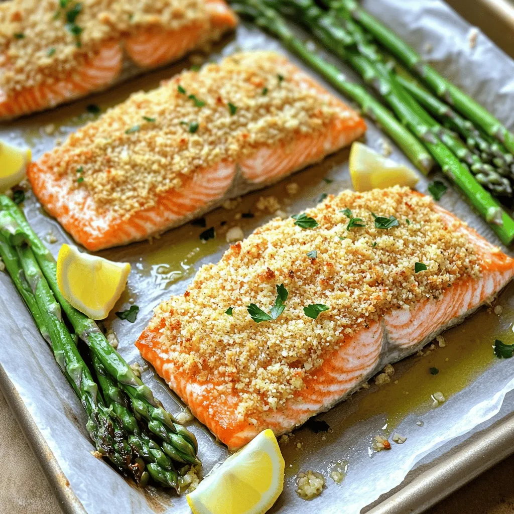 For this Garlic Parmesan Crusted Salmon, gather these main items: - 4 salmon fillets - 1 cup breadcrumbs (Panko preferred for crunch) - 1/2 cup grated Parmesan cheese - 4 cloves garlic, minced - 2 tablespoons fresh parsley, chopped - 1 teaspoon lemon zest - 1 tablespoon olive oil - Salt and pepper to taste You can add veggies for more flavor and nutrition. Here are great options: - 1 pound asparagus, trimmed - Broccoli florets - Bell peppers, sliced - Zucchini, cut into rounds The seasoning mix brings this dish alive. Here’s what each part does: - Garlic: Adds a robust flavor that pairs well with fish. - Parmesan cheese: Gives a salty, nutty taste and great crust. - Lemon zest: Brightens the dish with a fresh, tangy note. - Fresh parsley: Introduces a hint of green and a mild flavor. - Olive oil: Helps the crust stick and keeps the fish moist. - Salt and pepper: Enhances all the flavors and balances the dish. Feel free to customize the sides and seasonings to fit your taste! Start by preheating your oven to 400°F (200°C). This heat will help make the salmon crispy. Next, line a large baking sheet with parchment paper. This step makes cleanup fast and easy. In a medium bowl, mix the breadcrumbs, grated Parmesan cheese, minced garlic, chopped parsley, lemon zest, and olive oil. Stir until the mix is crumbly and well combined. This mix adds great flavor to your salmon. Now, season your salmon fillets with salt and pepper on both sides. This simple step boosts the taste. Place the salmon skin-side down on the prepared baking sheet. Spoon the breadcrumb mixture generously over each fillet. Press down gently so it sticks well. This crust will turn golden and crunchy when baked. Next, arrange the asparagus around the salmon. You can choose other veggies if you wish. Drizzle olive oil over the veggies and season them with salt and pepper. This adds flavor to the sides. Now, place the baking sheet in the oven. Bake for 12-15 minutes. The salmon is done when its internal temperature reaches 145°F. You want the crust to be golden brown and the salmon flaky. Once cooked, take the baking sheet out of the oven. Let it rest for a few minutes before serving. This resting time helps keep the salmon moist and tasty. For a perfect bake, use fresh ingredients. Fresh garlic and parsley will enhance the flavor. Keep an eye on the salmon while it cooks. Ovens can vary, so check it a bit early. If you want a crispier crust, broil the salmon for the last 2 minutes. This adds a nice crunch. When serving, plate the salmon and asparagus neatly. Garnish with lemon wedges and a sprinkle of fresh parsley. This not only looks good but adds a pop of color. Enjoy every bite of your Garlic Parmesan Crusted Salmon! To get the best crust on your salmon, use Panko breadcrumbs. They add a nice crunch. Mix them with grated Parmesan, minced garlic, and lemon zest. This mix gives great flavor. Press the mixture onto the salmon firmly. This helps it stick during baking. Bake until the crust is golden brown. This should take about 12-15 minutes at 400°F. If you cannot find Panko, don’t worry! You can use regular breadcrumbs. They may not be as crunchy but still work well. Try crushed crackers or cornflakes for a different texture. You can even use ground nuts for a gluten-free option. Just remember to adjust the amount of salt, as some nuts can be salty. To check if your salmon is done, use a fork. Gently flake the fish at the thickest part. If it flakes easily and is opaque, it's ready. You can also use a meat thermometer. The internal temperature should reach 145°F. This ensures your salmon is safe to eat and still moist. {{image_2}} You can switch the salmon for other proteins. Try using chicken breasts for a change. They will soak up the flavors well. You can also use white fish, like cod or tilapia. Fish cooks faster than chicken, so check it often. Always aim for an internal temp of 145°F. If you try chicken, cook it longer until it reaches the same temp. Feel free to mix in more veggies! Broccoli, bell peppers, or zucchini can work great. Just chop them into bite-sized pieces. Spread them on the pan with the salmon. They will cook nicely alongside it. Adding veggies boosts color and nutrition. Plus, it makes the dish more filling. To spice things up, add different herbs and spices. You can try dill, thyme, or even paprika for a kick. Mix these into your breadcrumb topping for extra flavor. If you like heat, sprinkle some red pepper flakes in. You can also swap out parsley for basil or cilantro. These changes can make this dish new each time you cook it! You can store leftover Garlic Parmesan Crusted Salmon in the fridge. Place it in an airtight container. It stays fresh for up to three days. Make sure it cools down before sealing. This helps keep the salmon moist and tasty. If you want to keep it longer, freezing is a great option. Wrap the salmon tightly in plastic wrap. Then, put it in a freezer-safe bag. It can last for up to three months. When you're ready to eat, thaw it in the fridge overnight. To reheat, preheat your oven to 350°F (175°C). Place the salmon on a baking sheet. Cover it with foil to prevent drying. Heat for about 10-15 minutes, or until warm. You can also use a microwave, but the oven keeps the crust crispy. Enjoy your meal again! Yes, you can use frozen salmon. Just make sure to thaw it first. Place the salmon in the fridge overnight or run it under cold water for quick thawing. Frozen salmon may need a few extra minutes to cook. Check the internal temperature to ensure it hits 145°F. Using frozen salmon can still give you a tasty dish. If you don’t have asparagus, many veggies work well. You can try broccoli, green beans, or bell peppers. Carrots or zucchini also add great color and taste. Just cut them to similar sizes so they cook evenly. The key is to use veggies you enjoy and that will roast nicely with the salmon. To cut calories, you can reduce the amount of olive oil. Use less cheese or even swap it for a lower-fat cheese. You can also cut back on the breadcrumbs or use whole grain options. Pairing the salmon with a fresh salad instead of starchy sides can also help lower the calorie count. Enjoying this dish in moderation makes it even more special. In this blog post, we explored the essential ingredients, step-by-step instructions, and useful tips for cooking salmon. We covered different protein options and flavorful variations to keep meals fresh. Proper storage methods ensure your leftovers stay tasty. Remember, using frozen salmon is fine, and there are plenty of veggie swaps. With these insights, you can create delicious salmon dishes that fit your needs and preferences. Cook with confidence and enjoy your meals!