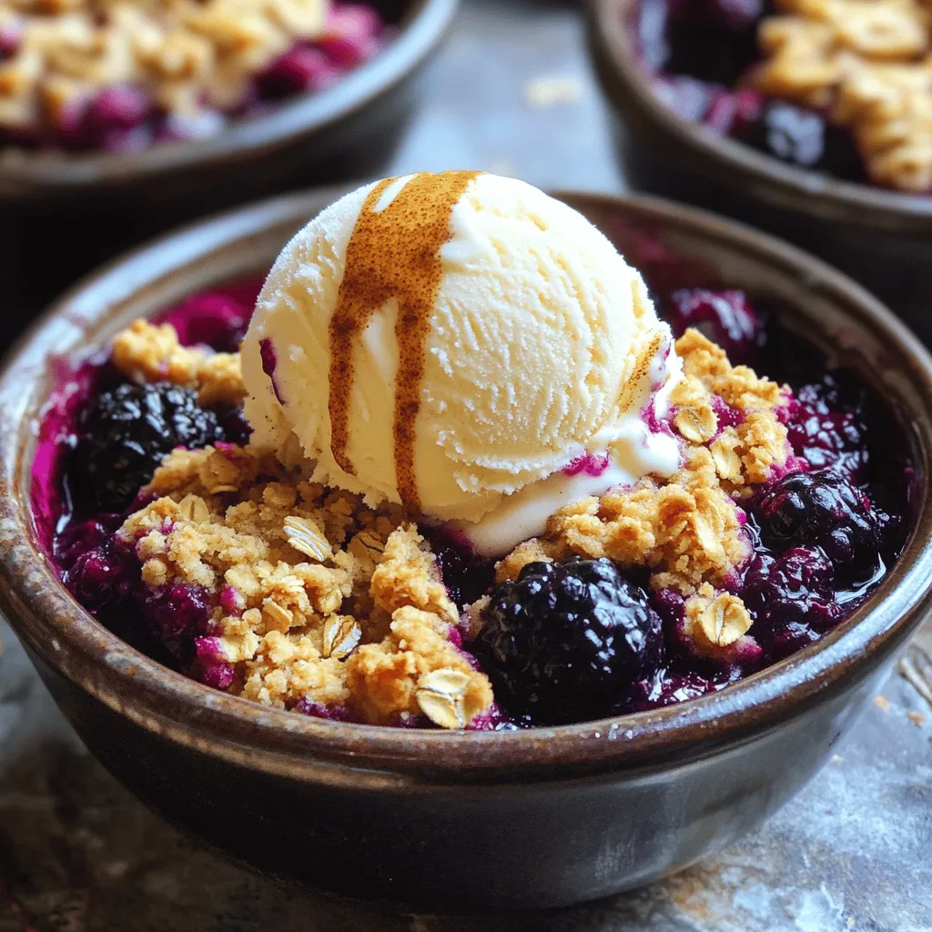 To make this tasty blackberry cobbler crumble, you will need: - 4 cups fresh blackberries - 1 cup granulated sugar, divided - 1 tablespoon lemon juice - 1 teaspoon vanilla extract - 1 cup all-purpose flour - 1 cup rolled oats - 1/2 cup brown sugar - 1/2 teaspoon baking powder - 1/2 teaspoon cinnamon - 1/2 cup unsalted butter, melted - 1/4 teaspoon salt You can make some swaps if you lack an ingredient. For example: - Use frozen blackberries if fresh ones are not available. - Swap granulated sugar for coconut sugar for a lower glycemic index. - If you need a gluten-free option, replace all-purpose flour with almond flour or gluten-free flour. - Instead of butter, use coconut oil for a dairy-free version. - Maple syrup can replace granulated sugar for a different taste. Each serving of this blackberry cobbler crumble contains: - Calories: Approximately 280 - Total Fat: 12g - Saturated Fat: 7g - Cholesterol: 30mg - Sodium: 150mg - Total Carbohydrates: 43g - Dietary Fiber: 4g - Sugars: 20g - Protein: 3g This delicious dessert gives you a sweet treat while bringing in some fiber from the blackberries and oats. Enjoy this delightful dish, knowing it has a bit of nourishment! First, wash 4 cups of fresh blackberries. This step is key for great flavor. Next, in a large bowl, mix the blackberries with 1/2 cup of granulated sugar, 1 tablespoon of lemon juice, and 1 teaspoon of vanilla extract. Toss gently to coat the berries. Be careful not to crush them. Then, pour this mixture into a greased 9x13 inch baking dish. Spread the blackberries evenly across the dish. This will be the base of your cobbler. In another bowl, combine the dry ingredients. Use 1 cup of all-purpose flour, 1 cup of rolled oats, 1/2 cup of brown sugar, 1/2 teaspoon of baking powder, 1/2 teaspoon of cinnamon, and 1/4 teaspoon of salt. Mix these well. Next, add 1/2 cup of melted unsalted butter to the dry mixture. Stir until it looks like coarse crumbs. This crumble will give your cobbler a lovely texture. Now, sprinkle the crumble mixture evenly over the blackberries. It's important to cover all the berries well. Preheat your oven to 350°F (175°C). Bake the cobbler for 35 to 40 minutes. Look for a golden brown top and bubbling blackberries. Once it's ready, take it out and let it cool slightly. This step helps the flavors meld together. Enjoy your warm blackberry cobbler crumble, perhaps with ice cream or whipped cream on top! To get a golden crumble, start with the right oven temperature. Set it to 350°F (175°C). This heat allows the top to brown nicely while the blackberries bubble below. Make sure to mix the dry ingredients well. This helps the butter spread evenly. When you pour in the melted butter, don’t skimp! Use a full 1/2 cup. The butter helps create that crunchy texture. Stir until the mixture looks like coarse crumbs. This is key for the perfect crunch! For a beautiful serve, use individual bowls. Scoop the warm blackberry crumble into each bowl. Add a scoop of vanilla ice cream or a dollop of whipped cream on top. This not only tastes great but looks stunning too. For an extra touch, sprinkle a bit of cinnamon on top. It adds flavor and makes it look fancy. You can also serve it with fresh blackberries on the side for color. One common mistake is overmixing the crumble. If you mix it too much, it becomes dense, not crumbly. Just stir until everything is combined. Another mistake is not greasing the baking dish. This can cause your crumble to stick. Make sure to grease it well before adding the blackberries. Lastly, do not skip the cooling time. Let it cool for a few minutes before serving. This helps the flavors meld and makes it easier to scoop. {{image_2}} You can make a gluten-free version of this dish. Use gluten-free flour instead of all-purpose flour. It works just as well. Make sure to check your oats too. They should be labeled gluten-free. This way, you can enjoy the treat without worry! Mix it up with other fruits! You can use peaches, blueberries, or apples. Each fruit gives a new taste. For a berry mix, combine blackberries with raspberries or strawberries. Experiment and find your favorite combo. You might just create a new family classic! Want a vegan crumble? Swap the butter for coconut oil or vegan butter. Use maple syrup or agave instead of granulated sugar. This keeps it plant-based but still tasty. Enjoy the same great flavors while sticking to vegan choices! To store leftover blackberry cobbler crumble, first let it cool. Once cool, cover it tightly with plastic wrap or aluminum foil. You can also put it in an airtight container. This way, it stays fresh and tasty for up to three days in the fridge. To reheat your cobbler crumble, preheat your oven to 350°F (175°C). Place the crumble in an oven-safe dish. Heat it for about 15 to 20 minutes. This warms it up nicely. You can also use the microwave. Heat it for 30 seconds to one minute. Check it often to avoid overheating. You can freeze blackberry cobbler crumble if you want to save some for later. First, let it cool completely. Then, wrap it well in plastic wrap and aluminum foil. You can use a freezer-safe container too. It will last for up to three months in the freezer. When ready to eat, thaw it in the fridge overnight and reheat it as needed. You can prepare this dessert a day in advance. Start by mixing the blackberries, sugar, lemon juice, and vanilla. Place this mixture in the baking dish and cover it with plastic wrap. For the crumble topping, mix the dry ingredients and melted butter in a separate bowl. Store the crumble topping in the fridge. When you are ready to bake, just sprinkle the topping over the blackberries and pop it in the oven. Yes, you can use frozen blackberries. They work well in this recipe. Just keep in mind that frozen blackberries may release more juice. This can make your cobbler a bit wetter. To fix this, you can add an extra tablespoon of flour to the blackberry mixture. This helps absorb some of the extra liquid. I love serving blackberry cobbler crumble warm. It tastes great on its own, but you can add a scoop of vanilla ice cream or some whipped cream. This adds a nice creaminess. You can also sprinkle some extra cinnamon on top for a touch of flavor and style. Serve in individual bowls for a lovely presentation. Blackberry cobbler crumble is easy to make and fun to enjoy. We covered ingredients, step-by-step instructions, and tips for a perfect dish. You can even try different fruits or make it vegan. Store any leftovers properly and reheat when needed. With this guide, you can create a delicious treat that your friends and family will love. Get ready to impress them with your baking skills!