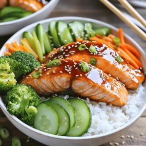 - 2 salmon fillets - 1 cup sushi rice - 1/4 cup teriyaki sauce - 1 tablespoon sesame oil - 1 cup steamed broccoli florets - 1 carrot, julienned - 1/2 cucumber, thinly sliced - 2 green onions, sliced - Sesame seeds for garnish - Nori sheets, cut into strips (optional) The main ingredients for teriyaki salmon rice bowls are simple and fresh. You need salmon, sushi rice, and teriyaki sauce. Salmon gives a rich flavor and healthy fats. Sushi rice is sticky and perfect for bowls. Teriyaki sauce adds a sweet, savory kick that ties everything together. The additional ingredients add color and crunch. Sesame oil gives a toasty flavor that enhances the salmon. Broccoli is a great green veggie. Carrots add sweetness and a nice crunch. Cucumber offers a refreshing bite. Green onions give a mild onion flavor. Sesame seeds sprinkle on top for a nice finish. If you like, nori sheets can add a fun touch. Gather all these ingredients before you start cooking. It makes the process smooth and easy. Getting fresh ingredients makes your meal taste even better. Enjoy the vibrant colors and flavors in your bowl! - Rinsing the rice: Start by rinsing 1 cup of sushi rice. Use cold water and rinse until it runs clear. This step removes extra starch. It helps the rice become fluffy. - Cooking the rice: In a medium pot, add the rinsed rice and 2 cups of water. Bring it to a boil over medium heat. Once it boils, reduce the heat to low. Cover the pot and simmer for 15 minutes. The water will be absorbed and the rice will be tender. - Seasoning the salmon: While the rice cooks, take 2 salmon fillets. Season them with salt and pepper. This simple step brings out the salmon's natural flavor. - Searing the salmon: Heat 1 tablespoon of sesame oil in a non-stick skillet over medium heat. Place the salmon skin-side down in the skillet. Cook for about 4-5 minutes. Then, pour 1/4 cup of teriyaki sauce over the salmon. Flip it and cook for another 3-4 minutes. The salmon should be cooked through and caramelized. Remove it from heat and let it rest for a few minutes. - Fluffing the rice: After the rice is cooked, fluff it with a fork. This helps separate the grains. - Plating the salmon and vegetables: Divide the rice among serving bowls. Place the cooked teriyaki salmon on top of the rice. Arrange steamed broccoli florets, julienned carrot, and cucumber slices around the salmon. - Drizzling with teriyaki sauce: Drizzle any remaining teriyaki sauce from the pan over the bowl. This adds extra flavor. Enjoy your colorful and tasty teriyaki salmon rice bowls! To cook salmon perfectly, aim for medium heat. This helps the fish cook evenly. If you love a crispy skin, start skin-side down. Cook for about 4-5 minutes before flipping it. Pour teriyaki sauce over the salmon to add flavor. Cook for another 3-4 minutes until it’s caramelized. You can also bake or grill salmon. For baking, preheat your oven to 375°F. Place salmon on a lined baking sheet and bake for about 15 minutes. For grilling, make sure your grill is hot. Grill each side for 4-5 minutes. You can make your teriyaki sauce at home. Combine soy sauce, honey, garlic, and ginger. Simmer until it thickens. This gives you control over the sweetness and saltiness. For extra flavor, try adding toppings. Chopped nuts or avocado slices can add a nice touch. You can also sprinkle sesame seeds or sliced green onions on top. When plating, arrange your vegetables nicely. Use bright colors to make the bowl pop. Place broccoli, carrots, and cucumber around the salmon. This adds beauty and makes the meal more enjoyable. Serve your rice bowls with chopsticks for fun. You can also use small plates or bowls for each ingredient. This way, everyone can mix their bowl as they like. {{image_2}} You can switch the salmon for chicken or tofu. Chicken thighs or breasts work well. Simply season them like the salmon. Cook them until they reach 165°F. Tofu is a great choice for a veggie option. Use firm tofu, press it to remove excess water, and cube it. Cook the tofu until it is golden brown. Feel free to mix in your favorite seafood too. Shrimp or scallops can add a tasty twist. Just adjust the cooking time for seafood. If you want to change the rice, try brown rice or quinoa. They are nutritious and add a nutty flavor. Brown rice takes a bit longer to cook, about 45 minutes. Quinoa cooks faster, about 15 minutes. You can also use cauliflower rice for a low-carb version. It cooks quickly and packs in veggies. Just sauté it for a few minutes in sesame oil for extra flavor. Adding seasonal vegetables can make your dish even better. In summer, add fresh bell peppers or snap peas. In the fall, try roasted sweet potatoes or Brussels sprouts. You can also mix in different sauces. A spicy mayo or ponzu sauce can change the flavor profile. Get creative and use what you love! To keep your teriyaki salmon rice bowls fresh, store them in an airtight container. This helps prevent moisture loss and keeps flavors intact. Place the salmon and rice in separate containers if possible. This way, you avoid sogginess. You can store them in the fridge for up to three days. When it's time to enjoy your leftovers, the best method is to use the microwave. Cover the rice bowl with a damp paper towel. This helps steam it without making it soggy. Heat in short bursts of 30 seconds until warm. For the salmon, you can also use a skillet on low heat. This method warms the fish gently and keeps it flaky. Always check the salmon to ensure it doesn’t overcook. Enjoy your meal again without losing the tasty flavors! You can serve teriyaki salmon rice bowls with various side dishes. Here are some tasty ideas: - Edamame - Miso soup - Seaweed salad - Pickled vegetables - Steamed dumplings These sides add flavor and balance to your meal. They also make your plate look great! Yes, you can make teriyaki salmon rice bowls ahead of time. Here are some meal prep tips: - Cook the rice and salmon first. - Store them separately in airtight containers. - Keep the vegetables fresh in the fridge. - Assemble the bowls just before serving. This way, you can enjoy a quick, healthy meal on busy days. You can find teriyaki salmon rice bowls at many local restaurants. Look for places that serve Japanese cuisine. Many sushi spots offer this dish as well. If you prefer to order online, check apps like Uber Eats or DoorDash. They have a variety of options for delivery. In this post, we explored how to make delicious teriyaki salmon rice bowls. We covered key ingredients, cooking steps, and tips to enhance flavor. You can easily adapt this dish with different proteins and seasonal veggies. Remember to store leftovers properly and reheat gently to keep the salmon fresh. With this guide, you can enjoy a tasty meal at home. Try it out and share your experience! Enjoy your cooking journey!