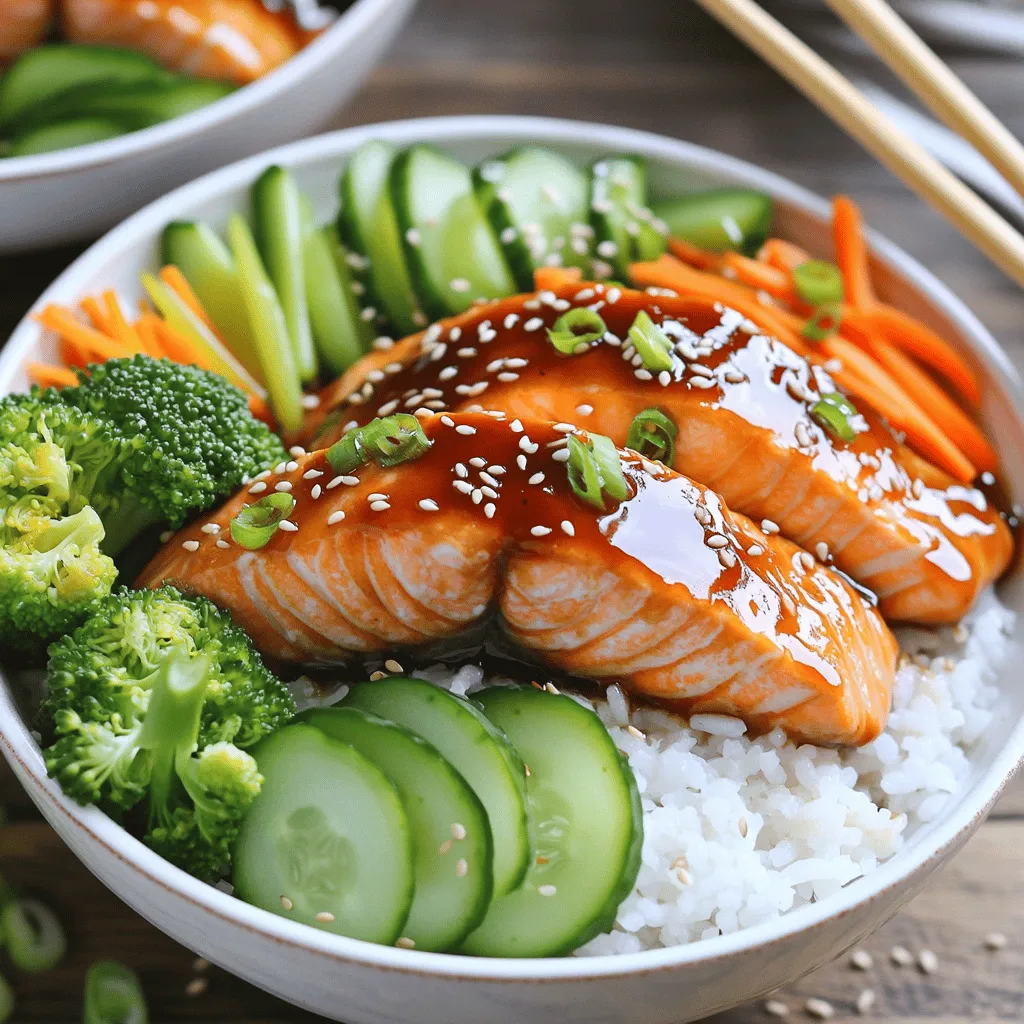 - 2 salmon fillets - 1 cup sushi rice - 1/4 cup teriyaki sauce - 1 tablespoon sesame oil - 1 cup steamed broccoli florets - 1 carrot, julienned - 1/2 cucumber, thinly sliced - 2 green onions, sliced - Sesame seeds for garnish - Nori sheets, cut into strips (optional) The main ingredients for teriyaki salmon rice bowls are simple and fresh. You need salmon, sushi rice, and teriyaki sauce. Salmon gives a rich flavor and healthy fats. Sushi rice is sticky and perfect for bowls. Teriyaki sauce adds a sweet, savory kick that ties everything together. The additional ingredients add color and crunch. Sesame oil gives a toasty flavor that enhances the salmon. Broccoli is a great green veggie. Carrots add sweetness and a nice crunch. Cucumber offers a refreshing bite. Green onions give a mild onion flavor. Sesame seeds sprinkle on top for a nice finish. If you like, nori sheets can add a fun touch. Gather all these ingredients before you start cooking. It makes the process smooth and easy. Getting fresh ingredients makes your meal taste even better. Enjoy the vibrant colors and flavors in your bowl! - Rinsing the rice: Start by rinsing 1 cup of sushi rice. Use cold water and rinse until it runs clear. This step removes extra starch. It helps the rice become fluffy. - Cooking the rice: In a medium pot, add the rinsed rice and 2 cups of water. Bring it to a boil over medium heat. Once it boils, reduce the heat to low. Cover the pot and simmer for 15 minutes. The water will be absorbed and the rice will be tender. - Seasoning the salmon: While the rice cooks, take 2 salmon fillets. Season them with salt and pepper. This simple step brings out the salmon's natural flavor. - Searing the salmon: Heat 1 tablespoon of sesame oil in a non-stick skillet over medium heat. Place the salmon skin-side down in the skillet. Cook for about 4-5 minutes. Then, pour 1/4 cup of teriyaki sauce over the salmon. Flip it and cook for another 3-4 minutes. The salmon should be cooked through and caramelized. Remove it from heat and let it rest for a few minutes. - Fluffing the rice: After the rice is cooked, fluff it with a fork. This helps separate the grains. - Plating the salmon and vegetables: Divide the rice among serving bowls. Place the cooked teriyaki salmon on top of the rice. Arrange steamed broccoli florets, julienned carrot, and cucumber slices around the salmon. - Drizzling with teriyaki sauce: Drizzle any remaining teriyaki sauce from the pan over the bowl. This adds extra flavor. Enjoy your colorful and tasty teriyaki salmon rice bowls! To cook salmon perfectly, aim for medium heat. This helps the fish cook evenly. If you love a crispy skin, start skin-side down. Cook for about 4-5 minutes before flipping it. Pour teriyaki sauce over the salmon to add flavor. Cook for another 3-4 minutes until it’s caramelized. You can also bake or grill salmon. For baking, preheat your oven to 375°F. Place salmon on a lined baking sheet and bake for about 15 minutes. For grilling, make sure your grill is hot. Grill each side for 4-5 minutes. You can make your teriyaki sauce at home. Combine soy sauce, honey, garlic, and ginger. Simmer until it thickens. This gives you control over the sweetness and saltiness. For extra flavor, try adding toppings. Chopped nuts or avocado slices can add a nice touch. You can also sprinkle sesame seeds or sliced green onions on top. When plating, arrange your vegetables nicely. Use bright colors to make the bowl pop. Place broccoli, carrots, and cucumber around the salmon. This adds beauty and makes the meal more enjoyable. Serve your rice bowls with chopsticks for fun. You can also use small plates or bowls for each ingredient. This way, everyone can mix their bowl as they like. {{image_2}} You can switch the salmon for chicken or tofu. Chicken thighs or breasts work well. Simply season them like the salmon. Cook them until they reach 165°F. Tofu is a great choice for a veggie option. Use firm tofu, press it to remove excess water, and cube it. Cook the tofu until it is golden brown. Feel free to mix in your favorite seafood too. Shrimp or scallops can add a tasty twist. Just adjust the cooking time for seafood. If you want to change the rice, try brown rice or quinoa. They are nutritious and add a nutty flavor. Brown rice takes a bit longer to cook, about 45 minutes. Quinoa cooks faster, about 15 minutes. You can also use cauliflower rice for a low-carb version. It cooks quickly and packs in veggies. Just sauté it for a few minutes in sesame oil for extra flavor. Adding seasonal vegetables can make your dish even better. In summer, add fresh bell peppers or snap peas. In the fall, try roasted sweet potatoes or Brussels sprouts. You can also mix in different sauces. A spicy mayo or ponzu sauce can change the flavor profile. Get creative and use what you love! To keep your teriyaki salmon rice bowls fresh, store them in an airtight container. This helps prevent moisture loss and keeps flavors intact. Place the salmon and rice in separate containers if possible. This way, you avoid sogginess. You can store them in the fridge for up to three days. When it's time to enjoy your leftovers, the best method is to use the microwave. Cover the rice bowl with a damp paper towel. This helps steam it without making it soggy. Heat in short bursts of 30 seconds until warm. For the salmon, you can also use a skillet on low heat. This method warms the fish gently and keeps it flaky. Always check the salmon to ensure it doesn’t overcook. Enjoy your meal again without losing the tasty flavors! You can serve teriyaki salmon rice bowls with various side dishes. Here are some tasty ideas: - Edamame - Miso soup - Seaweed salad - Pickled vegetables - Steamed dumplings These sides add flavor and balance to your meal. They also make your plate look great! Yes, you can make teriyaki salmon rice bowls ahead of time. Here are some meal prep tips: - Cook the rice and salmon first. - Store them separately in airtight containers. - Keep the vegetables fresh in the fridge. - Assemble the bowls just before serving. This way, you can enjoy a quick, healthy meal on busy days. You can find teriyaki salmon rice bowls at many local restaurants. Look for places that serve Japanese cuisine. Many sushi spots offer this dish as well. If you prefer to order online, check apps like Uber Eats or DoorDash. They have a variety of options for delivery. In this post, we explored how to make delicious teriyaki salmon rice bowls. We covered key ingredients, cooking steps, and tips to enhance flavor. You can easily adapt this dish with different proteins and seasonal veggies. Remember to store leftovers properly and reheat gently to keep the salmon fresh. With this guide, you can enjoy a tasty meal at home. Try it out and share your experience! Enjoy your cooking journey!