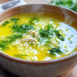 When making Greek Lemon Rice Soup Avgolemono, you need fresh and simple ingredients. Each one brings a unique flavor to the dish. Here’s a list of what you will need: - 1 cup white rice - 6 cups vegetable broth - 3 large eggs - 1/3 cup fresh lemon juice - Zest of 1 lemon - 1 cup cooked chicken, shredded (optional) - 1 medium onion, finely chopped - 2 cloves garlic, minced - 2 tablespoons olive oil - 1 cup fresh spinach, chopped - Salt and pepper to taste - Fresh dill or parsley for garnish Gathering these ingredients is fun and easy. For the best taste, use fresh lemon juice and herbs. The rice adds texture and heartiness. If you want protein, you can add chicken. The spinach adds a nice color and boosts nutrition. Each ingredient plays a role in making this soup bright and comforting. Start by heating 2 tablespoons of olive oil in a large pot over medium heat. Add 1 finely chopped onion and sauté it until it turns soft and translucent, about 5 minutes. Next, stir in 2 minced garlic cloves and sauté for one more minute. The smell will fill your kitchen, making it feel warm and inviting. Now, add 6 cups of vegetable broth to the pot and bring it to a boil. Once it is boiling, add 1 cup of white rice. Let the rice cook for about 15 minutes. It should be tender and fluffy when it’s done. Stir occasionally to keep the rice from sticking to the bottom. While the rice cooks, whisk 3 large eggs in a bowl until they are frothy. Slowly mix in 1/3 cup of fresh lemon juice and the zest of 1 lemon. This mixture gives the soup its bright, tangy flavor. To prevent the eggs from scrambling, you need to temper them. Slowly ladle 1 cup of the hot broth into the egg mixture while whisking continuously. Once the rice is ready, reduce the heat to low. Gradually pour the tempered egg mixture back into the pot with the rice, stirring constantly. This step blends everything together and creates a creamy soup. If you want, add 1 cup of shredded chicken and 1 cup of chopped fresh spinach. Stir well and cook for 2 to 3 minutes until the spinach wilts. Now, season your soup with salt and pepper to taste. It’s important to taste as you go to get the flavors just right. After seasoning, remove the pot from heat and let the soup sit for a few minutes. This resting time allows it to thicken slightly, making it even more comforting. To keep the eggs from scrambling, you must temper them. This means slowly mixing hot broth into the egg mixture. First, whisk the eggs until frothy. Then, slowly add one cup of hot broth while whisking. This warms the eggs and helps them blend in smoothly. If your soup is too thick, just add more broth. Stir well and let it heat through. For a thinner soup, keep adding until you reach your desired texture. Using fresh herbs can really brighten the soup. I love adding dill or parsley for a fresh taste. Just chop them finely and stir them in before serving. You can also sprinkle them on top as a garnish. For extra seasoning, consider using a pinch of cayenne pepper or smoked paprika. These spices add depth and warmth. Taste as you go to find the best balance. Garnishing makes the soup look more appealing. A sprinkle of fresh dill or parsley on top adds a nice touch. A drizzle of olive oil can also make it shine. Serve the soup hot in shallow bowls. This allows for easy access and showcases the beautiful colors. You can pair it with crusty bread or a side salad for a complete meal. {{image_2}} If you want a vegetarian version of Greek Lemon Rice Soup Avgolemono, skip the chicken. You can use more veggies instead. Great options include carrots, peas, or zucchini. These add color and texture. You can also toss in some kale or mushrooms for extra flavor. For a gluten-free meal, choose rice that fits your needs. Brown rice or jasmine rice works well. Just keep in mind that cooking time may change slightly. Use vegetable broth that is gluten-free, too. Follow the same steps as the regular recipe. You can change the taste of your soup by adding different herbs or spices. Fresh basil, thyme, or oregano can enhance the flavor. If you like a bit of heat, try adding red pepper flakes. For the broth, you can use chicken broth for a deeper taste. This adds another layer of flavor to your Avgolemono. Greek Lemon Rice Soup Avgolemono stays fresh in the fridge for about three days. Store it in airtight containers to keep it from drying out. I recommend glass containers because they don’t retain odors and are easy to clean. Make sure to let the soup cool before sealing. You can freeze Avgolemono soup if you want to save some for later. Use freezer-safe containers, leaving some space at the top. This allows for expansion. The soup can last up to three months in the freezer. When you’re ready to eat, thaw it overnight in the fridge. For quick thawing, place the container in cold water. When reheating, do it slowly on low heat. Stir often to keep the texture smooth. Avoid boiling, as this can cause the eggs to scramble. I suggest adding a bit of broth or water if the soup seems thick. After reheating, taste and adjust the seasoning with salt or pepper. This will enhance the flavor and make it taste fresh again. Avgolemono soup is a classic Greek dish. It combines chicken broth, rice, and a creamy lemon egg mixture. The name "avgolemono" comes from the Greek words for egg (avgo) and lemon (lemono). This soup has roots in ancient Greece, where it became popular for its rich flavor and soothing qualities. Yes, you can make Avgolemono soup ahead of time. It stores well in the fridge for about 3 days. To store, let it cool and place it in an airtight container. When you're ready to enjoy it, just reheat gently on the stove. To make a dairy-free Avgolemono soup, you can skip the eggs. Instead, use silken tofu blended with lemon juice for creaminess. This gives a similar texture without dairy. Another option is to use a plant-based cream or cashew cream to add richness. Avgolemono soup pairs well with many dishes. You might serve it with a fresh Greek salad, warm pita bread, or roasted vegetables. A side of grilled fish or chicken can also complement the flavors nicely. Enjoying some olives or feta cheese on the side adds a nice touch too. This blog shared the ingredients and steps to make Avgolemono soup, a Greek classic. You learned how to create the right base, mix in lemony flavors, and enhance your dish with fresh herbs. Remember, you have options to make it vegetarian or gluten-free. Proper storage extends its life, and reheating tips keep it tasty. Enjoy experimenting with flavors to make it your own. Cooking should be fun, and Avgolemono is a great dish to start with!