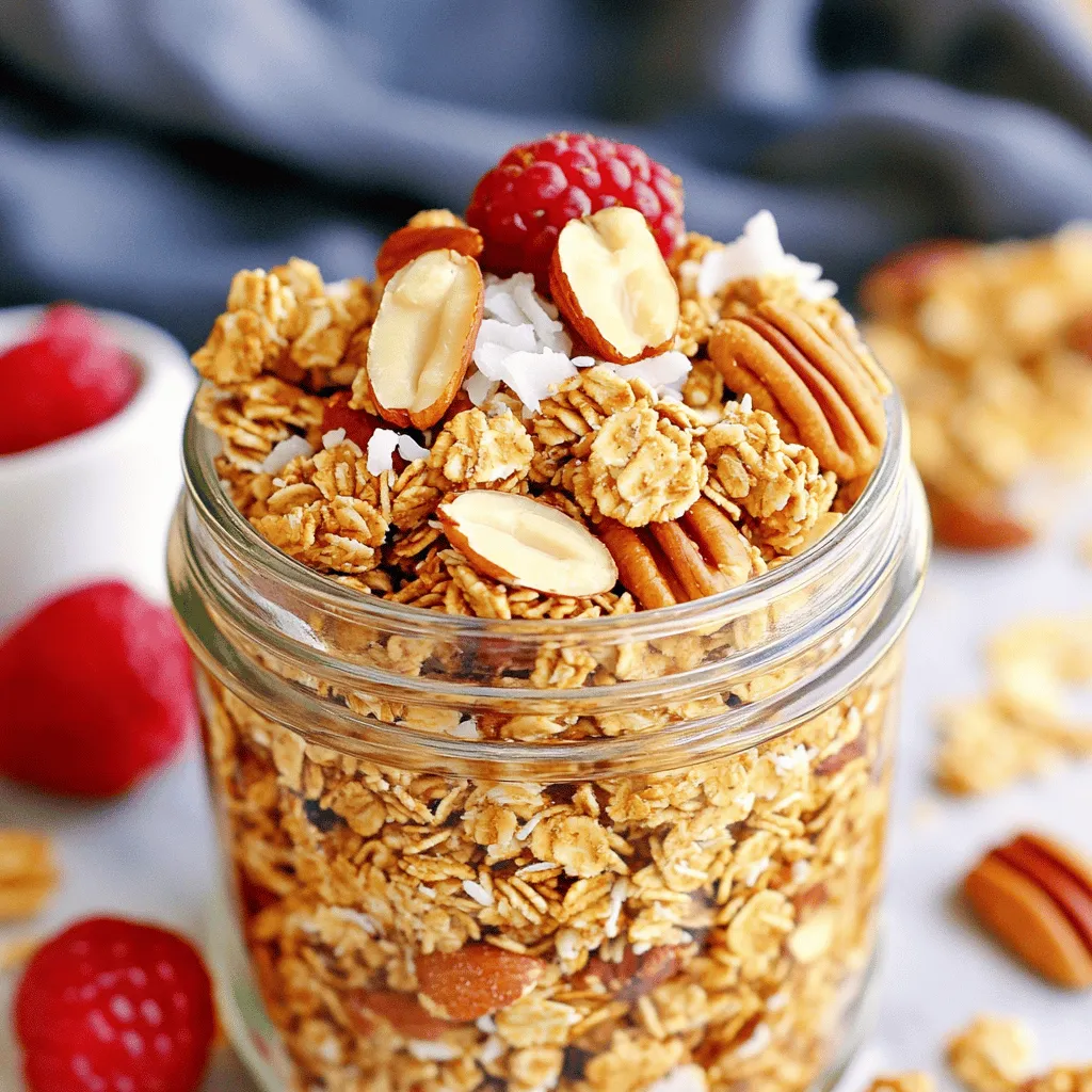 For my maple pecan granola, I use the following: - 3 cups rolled oats - 1 cup pecan halves, roughly chopped - 1/2 cup sliced almonds - 1/2 cup shredded coconut (unsweetened) - 1/2 teaspoon cinnamon - 1/2 teaspoon salt - 1/2 cup maple syrup - 1/4 cup coconut oil, melted - 1 teaspoon vanilla extract - 1/2 cup dried cranberries or raisins Each ingredient brings great nutrition to my granola: - Rolled oats provide fiber. They help keep you full and support digestion. - Pecans are rich in healthy fats. They offer protein and antioxidants. - Almonds add vitamin E. They help protect your cells from damage. - Shredded coconut gives healthy fats and fiber. It adds a nice texture too. - Cinnamon helps regulate blood sugar levels. It also adds warm flavor. - Salt enhances taste. It balances the sweetness of the maple syrup. - Maple syrup is a natural sweetener. It contains minerals like manganese. - Coconut oil provides medium-chain triglycerides. They can boost energy. - Vanilla extract adds flavor. It can lift your mood and enhance taste. - Dried cranberries or raisins offer sweetness and antioxidants. They are chewy and tasty. Feel free to swap ingredients based on your needs: - Use oat flakes instead of rolled oats for a different texture. - Swap pecans with walnuts or hazelnuts for a new flavor. - Replace sliced almonds with pumpkin seeds for added crunch. - Try sunflower seeds instead of shredded coconut for a nut-free option. - Use honey or agave syrup in place of maple syrup for sweetness. - Substitute olive oil for coconut oil if you prefer a different fat. - Use fresh fruits like apples or bananas instead of dried cranberries for a fresh twist. Start by gathering your ingredients. You will need: - 3 cups rolled oats - 1 cup pecan halves, roughly chopped - 1/2 cup sliced almonds - 1/2 cup shredded coconut (unsweetened) - 1/2 teaspoon cinnamon - 1/2 teaspoon salt - 1/2 cup maple syrup - 1/4 cup coconut oil, melted - 1 teaspoon vanilla extract - 1/2 cup dried cranberries or raisins Next, preheat your oven to 350°F (175°C). Line a large baking sheet with parchment paper. This helps your granola not stick. In a big bowl, mix the rolled oats, pecans, almonds, coconut, cinnamon, and salt. Stir well so everything is even. Now, let’s make the wet mix. In a separate bowl, whisk together the maple syrup, melted coconut oil, and vanilla extract. Pour this mixture over the dry ingredients. Stir until every piece is coated well. Spread the granola on the baking sheet. Press it down gently. This helps it form clusters. Bake the granola for 20-25 minutes. Stir it halfway through. You want it golden brown and smelling great. When it’s done, take it out and let it cool completely on the baking sheet. It will get crunchier as it cools. Once cooled, mix in the dried cranberries or raisins. For serving, you can use small mason jars or bowls. Drizzle a little extra maple syrup on top. Add fresh berries for a pretty touch. Enjoy this granola for breakfast, as a snack, or on your favorite yogurt. To get clumps in your granola, you must pack it well. When you spread the mixture on the baking sheet, press it down firmly. This helps the oats stick together. Use a spatula to press it down, making sure it’s even. Bake it until it’s golden. Stir it only halfway through baking to keep those clumps intact. The longer it cools, the crunchier it becomes. Store your granola in an airtight container. This keeps it fresh and crunchy. A glass jar or a plastic container with a tight lid works well. Place it in a cool, dry spot. Avoid sunlight and heat to help it last longer. Proper storage helps maintain its taste and texture for weeks. You can use this granola in many ways. Try it as a topping for yogurt or smoothie bowls. It adds a nice crunch and flavor. You can also mix it into pastries or use it for energy bars. Sprinkle it on salads for a unique twist. The options are endless, making this granola a versatile ingredient in your kitchen. {{image_2}} You can customize your maple pecan granola by adding different nuts and fruits. Here are some options: - Walnuts offer a rich flavor and healthy fats. - Cashews add creaminess and a unique crunch. - Hazelnuts bring a sweet taste and lovely texture. - Chopped dried fruit, like apricots or figs, adds sweetness and chewiness. Feel free to mix and match. Just remember to keep the total nut and fruit amount similar to the recipe. If you want to change the sweetness, you can use other syrups. Here are some ideas: - Agave syrup can work well if you want a milder taste. - Honey gives a floral sweetness and pairs nicely with nuts. - Brown rice syrup offers a thick texture and less sweetness. Try using these options in the same amount as maple syrup, adjusting to your taste. You can easily make this granola gluten-free and vegan. Here’s how: - For gluten-free, use certified gluten-free oats. - To make it vegan, ensure your sweetener is plant-based, like agave or maple syrup. These simple swaps allow everyone to enjoy this tasty treat without worry. To keep your maple pecan granola fresh, store it in an airtight container. Glass jars or plastic containers work great. Make sure to seal the lid tightly to block out air and moisture. Place it in a cool, dry spot, like a pantry or cupboard. Avoid direct sunlight and heat, which can make your granola go stale faster. Homemade granola can last up to two weeks when stored properly. If you notice any change in smell or taste, it might be time to toss it. Fresh granola feels crunchy and smells sweet. If it feels soft or smells off, it’s best to discard it. If your granola loses its crunch, don’t worry! You can easily fix it. Spread the stale granola on a baking sheet. Preheat your oven to 300°F (150°C). Bake for about 5 to 10 minutes. Stir it halfway through to ensure even heating. This simple step will help bring back that delightful crunch you love. Homemade maple pecan granola lasts about two weeks. Store it in an airtight container. This keeps it fresh and crunchy. If you notice it getting soft, it may be time to toss it out. Yes, you can freeze maple pecan granola! Place it in a freezer-safe bag or container. It can last for up to three months in the freezer. When you're ready to eat, let it thaw in the fridge overnight. You can use maple pecan granola in many ways. Enjoy it as a snack straight from the jar. Add it to yogurt for breakfast. It also makes a great topping for smoothies. You can even sprinkle it on ice cream for a sweet crunch. In this post, we explored how to make maple pecan granola. We discussed the key ingredients and their health benefits. You learned how to prep, bake, and store your granola. I shared tips for clumps and using granola in meals. We also covered variations and optimal storage practices. Now you can enjoy fresh granola that suits your taste. Get creative with your recipes and enjoy the crunch!