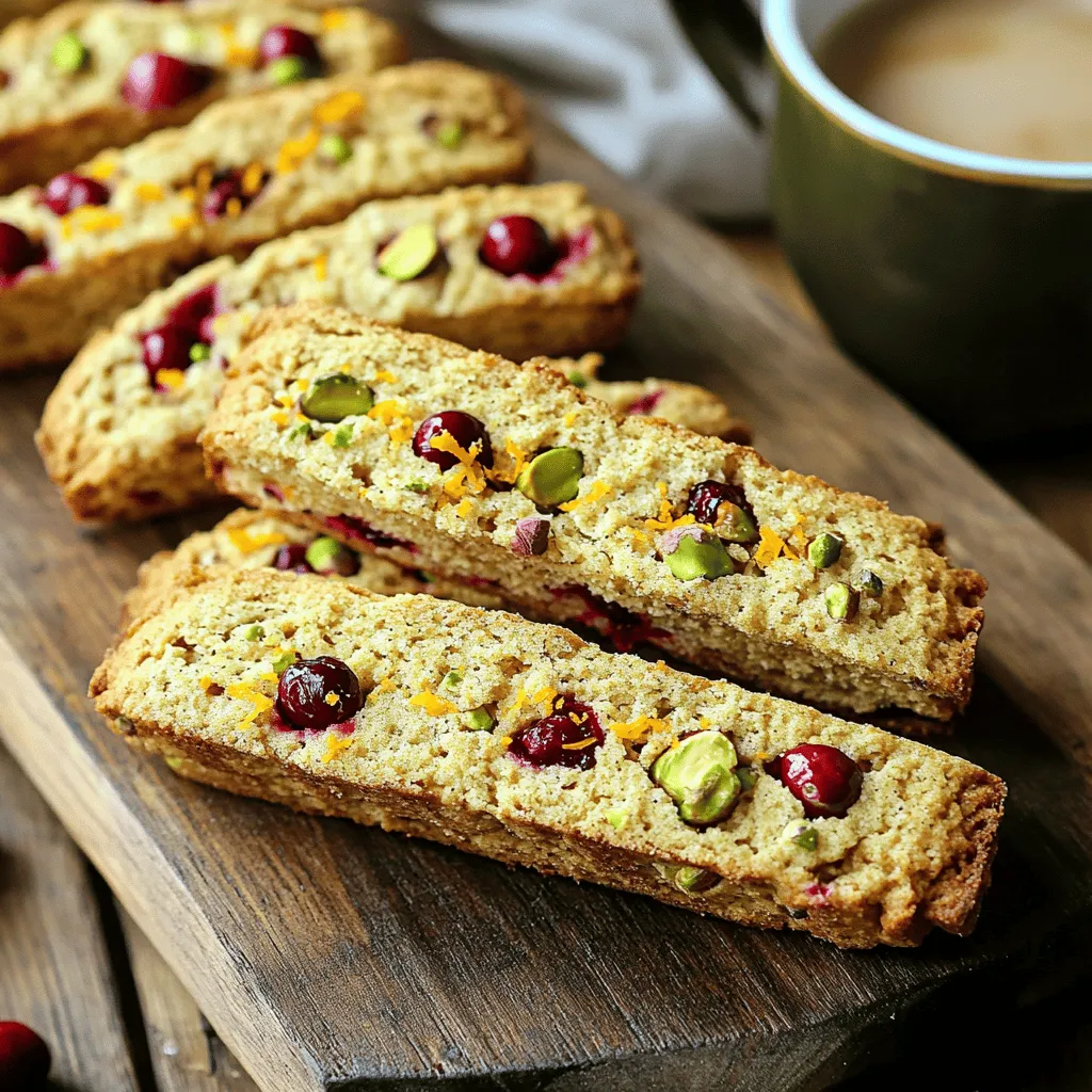 - 2 cups all-purpose flour - 1 cup granulated sugar - 1 tsp baking powder - 1/2 tsp baking soda - 1/4 tsp salt - 3 large eggs - 1 tsp vanilla extract - 1 cup dried cranberries - 1 cup shelled pistachios, roughly chopped - Zest of 1 orange - 1/2 tsp almond extract (optional) To make cranberry pistachio biscotti, gather these ingredients. Each one plays a key role. The all-purpose flour gives structure. The sugar adds sweetness and helps with browning. Baking powder and baking soda give the biscotti lift. Salt enhances all flavors. The eggs bind the dough and add richness. Vanilla extract brings warmth. Dried cranberries add tartness and chew. Pistachios give a nice crunch. The orange zest brightens the flavor. Almond extract is optional but adds a lovely touch. Make sure your ingredients are fresh. This ensures the best taste and texture in your biscotti. Enjoy the process of gathering and preparing these items. They will come together to create an irresistible treat! - Preheat your oven to 350°F (175°C) and line a baking sheet with parchment paper. - In a large bowl, mix together 2 cups of all-purpose flour, 1 cup of granulated sugar, 1 teaspoon of baking powder, 1/2 teaspoon of baking soda, and 1/4 teaspoon of salt. - In another bowl, beat 3 large eggs. Then add 1 teaspoon of vanilla extract and 1/2 teaspoon of almond extract if you like. Mix well. - Gradually add the wet mixture to the dry mixture. Stir until a sticky dough forms. - Gently fold in 1 cup of dried cranberries, 1 cup of chopped pistachios, and the zest of 1 orange. Make sure everything is mixed well. - Divide the dough in half. Shape each half into a log about 12 inches long and 2 inches wide. Place them on the baking sheet with space between. - Bake for 25-30 minutes. The biscotti should turn golden brown. Remove them and let them cool for 15-20 minutes. - Once cooled, slice each log into 1/2 inch thick pieces. Lay them cut-side down back on the baking sheet. - Bake again for 10-15 minutes, turning halfway through. The biscotti should be dry and crisp. - Let the biscotti cool completely on a wire rack. This makes them nice and crunchy. - Serve your biscotti in a pretty jar or on a rustic wooden board. They pair well with coffee or tea. Enjoy every bite! To make the best cranberry pistachio biscotti, focus on the dough. The right consistency is key. Your dough should be sticky but not too wet. If it feels too dry, add a little water. This helps the biscotti rise well. Cooling times matter too. After the first bake, let the logs cool for 15-20 minutes. This makes slicing easier. If you slice them too soon, they may crumble. Patience pays off here! Serving your biscotti can be fun and creative. Use a decorative jar for a beautiful touch. A rustic wooden board looks great too. Pair them with a hot cup of coffee or tea for a cozy feel. Think about pairing options. Biscotti goes well with sweet drinks. Try it with a cappuccino or hot chocolate. You can also serve them with desserts like ice cream. The mix of flavors will wow your guests! {{image_2}} You can swap out nuts and fruits in your biscotti recipe. If you want a different texture, try using walnuts or almonds instead of pistachios. For a fruity twist, you can use dried cherries or apricots instead of cranberries. Each option gives your biscotti a new flavor. You can also change the extracts you use. Instead of vanilla, try using orange or lemon extract. This adds a bright flavor to the biscotti. If you love almond flavor, keep the almond extract in your recipe. Each choice can change the taste in a fun way. If you need gluten-free biscotti, use almond flour or a gluten-free blend in place of all-purpose flour. This keeps the texture nice while making it gluten-free. You might have to adjust the baking time a little, so check for doneness. For vegan biscotti, swap the eggs for flaxseed meal mixed with water. Use 1 tablespoon of flaxseed meal with 2.5 tablespoons of water for each egg. This keeps your biscotti moist and holds it together. You can also use plant-based milk instead of regular milk if needed. These swaps let everyone enjoy a tasty treat! To keep your cranberry pistachio biscotti fresh, store them in an airtight container. This helps lock in flavor and keeps them crisp. I recommend using a glass jar or a plastic container with a tight lid. You can also wrap them in plastic wrap before placing them in the container for extra protection. Your biscotti will stay fresh for about two weeks at room temperature. If you want to enjoy them longer, freezing is a great option. To freeze your biscotti, start by ensuring they are completely cool. Place them in a single layer on a baking sheet. Freeze them for about an hour. Once firm, transfer them into a freezer-safe bag or container. Remove as much air as possible to prevent freezer burn. When you're ready to enjoy a piece, take out the desired amount. Let them thaw at room temperature for about 30 minutes. If you want them warm, pop them in the oven at 350°F for 5-10 minutes. This will bring back that lovely crisp texture. What makes biscotti different from cookies? Biscotti differ from cookies mainly in texture. They are twice-baked, which makes them hard and crunchy. Cookies are often soft and chewy. This unique method gives biscotti their long shelf life and ideal dunking ability in coffee or tea. Can I use fresh fruit instead of dried cranberries? Using fresh fruit is not ideal for biscotti. Fresh fruit has high moisture content. This can make the dough too wet and affect the baking process. Stick with dried fruit for the best results. Why did my biscotti break while slicing? Biscotti can break if they are not cooled enough before slicing. Always let them cool for at least 15 minutes. If not cool, they may crumble or break apart when you cut them. How can I make my biscotti sweeter or less sweet? To adjust sweetness, simply change the sugar amount. Add more sugar for sweeter biscotti. To make them less sweet, cut back on the sugar. Just remember, any change may affect the texture. You now have all the tools to make delicious cranberry pistachio biscotti. We covered the ingredients, prep steps, and baking techniques. I also shared tips for perfecting your biscotti and suggested ways to serve it. Remember, you can customize your biscotti with different nuts, fruits, or dietary needs. Store your biscotti properly, and they will stay fresh for weeks. With these guidelines, you can impress friends and family with your baking skills. Get started and enjoy your tasty treat!