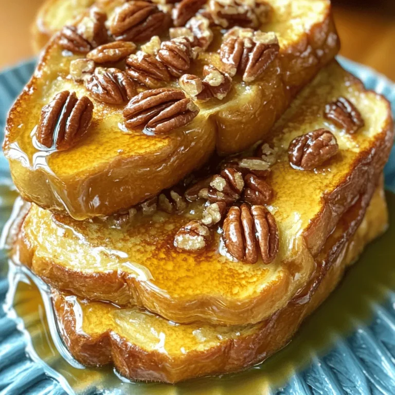 To make Maple Pecan Overnight French Toast, gather these simple ingredients: - 1 loaf of challah or brioche bread, sliced - 4 large eggs - 2 cups whole milk - 1/2 cup pure maple syrup - 1 teaspoon vanilla extract - 1 teaspoon ground cinnamon - 1/4 teaspoon nutmeg - 1 cup pecans, roughly chopped - Pinch of salt These ingredients create a delicious blend of flavors. The challah or brioche bread gives a soft texture and rich taste. Eggs and milk make the base creamy. Maple syrup adds natural sweetness, while vanilla and spices like cinnamon and nutmeg add depth. The pecans offer a nice crunch. This mix results in a warm, comforting breakfast that feels special. Enjoy collecting these items before diving into the recipe! Grease a 9x13 inch baking dish with butter or cooking spray. This step helps prevent the French toast from sticking. Use a generous amount to ensure easy serving later. Arrange the sliced challah or brioche bread in the dish. Overlap the slices slightly for even soaking. Make sure to cover the bottom of the dish completely. In a large bowl, whisk together the eggs, milk, maple syrup, vanilla extract, cinnamon, nutmeg, and salt. Mix until everything is smooth and well combined. This mixture brings all the flavors together. Pour the egg mixture over the bread slices. Use a spatula to gently press the bread down. Make sure every slice absorbs some liquid. This soaking step is key for a rich flavor. Sprinkle the chopped pecans evenly over the top of the bread. The nuts add a nice crunch and flavor. You can adjust the amount based on your preference. Cover the baking dish with plastic wrap or foil. Refrigerate overnight or for at least 4 hours. This allows the bread to soak up all the tasty flavors. The next morning, preheat your oven to 350°F (175°C). Remove the cover and bake for 45-50 minutes. Look for a golden brown, puffy top. This means it's ready to serve! To make sure every slice of bread absorbs the egg mixture, follow these steps: - Use a spatula: After pouring the egg mixture, gently press down on the bread. This will help the slices soak up the liquid quickly. - Overlap slightly: When layering the bread, let the slices overlap a bit. This allows the mixture to flow between the layers. - Check after chilling: If you see some slices not soaked, press them down again before baking. Baking time can vary by oven. Here’s how to adjust: - Know your oven: Some ovens run hot or cold. If you know your oven cooks unevenly, check the French toast a few minutes early. - Use a toothpick: Insert it into the center. If it comes out clean and the top is golden, it’s done. - Consider altitude: At higher altitudes, you may need a longer bake time, so keep an eye on it. For a crispy, caramelized top, broil the French toast: - Broil at the end: After baking, set your oven to broil. - Watch closely: Keep the oven door slightly ajar. This helps you monitor closely to avoid burning. - Broil for just a few minutes: A quick 2-3 minutes is often enough to get that perfect crunch. {{image_2}} You can easily add fruit to your Maple Pecan Overnight French Toast. Berries are a great choice. Blueberries, strawberries, or raspberries add color and flavor. Slice bananas and mix them in for a sweet touch. Just sprinkle the fruit on top before you soak the bread. This adds freshness and makes your dish even more tasty. If you want to switch up the nuts, try walnuts or almonds. Walnuts give a rich taste that pairs well with maple. Almonds add a nice crunch and a different flavor. You can also use hazelnuts for a unique twist. Just chop them roughly, like you would with pecans, and sprinkle on top. You can customize the flavor of your dish too. Try adding a dash of ginger or cardamom for warmth. Almond extract can replace vanilla for a new taste. You can even add a bit of orange zest for a bright note. These changes allow you to make this recipe fit your mood or taste. After you enjoy your Maple Pecan Overnight French Toast, let it cool completely. Cut any leftovers into portions. Place them in an airtight container. Store the container in the fridge. This keeps the toast fresh for up to three days. When you want to reheat, simply microwave or bake it. If microwaving, cover it with a damp paper towel to keep it moist. If baking, preheat your oven to 350°F (175°C) and heat until warmed through, about 10-15 minutes. You can freeze Maple Pecan Overnight French Toast for later enjoyment. First, let the dish cool completely. Then, wrap it tightly in plastic wrap. You can also use aluminum foil for extra protection. Place the wrapped dish in a freezer-safe bag. Remove as much air as possible from the bag. This helps prevent freezer burn. You can freeze it for up to two months. When you're ready to eat, thaw it overnight in the fridge before reheating. In the fridge, Maple Pecan Overnight French Toast lasts about three days. If you freeze it, the taste and texture stay good for up to two months. After that, it might lose flavor and quality. Always check for any signs of spoilage before eating. When stored properly, you can enjoy this tasty dish even after the first serving! Yes, you can make this recipe gluten-free. Use gluten-free bread instead of challah or brioche. Make sure the bread is thick enough to hold the egg mixture well. Brands like Udi's and Canyon Bakehouse have good options. You can soak the mixture overnight. If you are short on time, a minimum of 4 hours works too. The longer it sits, the more flavor it gains. Just make sure to cover it tightly to keep it fresh. Yes, you can use different types of milk. Whole milk gives a rich taste, but you can try skim or low-fat milk for a lighter version. For non-dairy options, almond milk or oat milk work well. Each kind adds a unique flavor, so choose what you like best. You can serve this dish with many toppings. Drizzle more maple syrup on top for extra sweetness. Fresh berries, like strawberries or blueberries, add a nice touch. Whipped cream gives it a fun, indulgent feel. You might also enjoy serving it with yogurt for a creamy contrast. This blog post covered a tasty Maple Pecan Overnight French Toast recipe. We went over the ingredients, step-by-step instructions, and helpful tips. I shared variations to make it your own and storage tips for leftovers. Enjoy creating this dish as a special treat. It’s easy, fun, and opens up many flavor options. Dive in and enjoy a delicious breakfast that brings joy to your table!