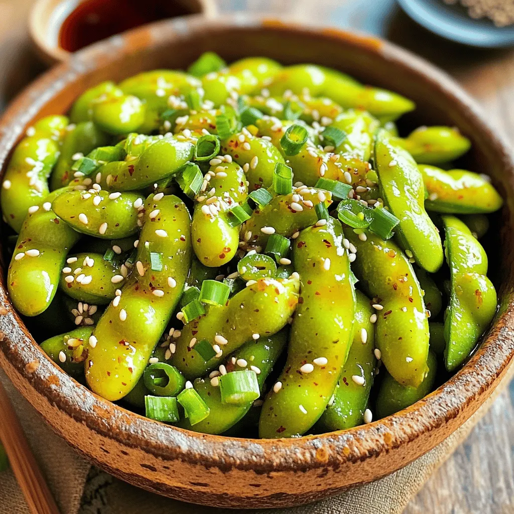 To make Spicy Garlic Edamame, gather these key ingredients: - 2 cups edamame (in pods, fresh or frozen) - 3 tablespoons olive oil - 4 cloves garlic, minced - 1 teaspoon red pepper flakes (adjust to taste) - 1 tablespoon soy sauce - 1 tablespoon sesame oil - 1 tablespoon lemon juice - Salt to taste These ingredients come together to create a bold and tasty dish. Edamame is the star here. It’s packed with protein and fiber. Olive oil adds healthy fats. Garlic gives that wonderful aroma. Red pepper flakes add heat, while soy sauce and sesame oil bring umami. You can enhance your Spicy Garlic Edamame with some optional garnishes: - Sesame seeds for garnish - Chopped green onions for garnish These add a nice crunch and a pop of color. Feel free to mix in other spices or herbs if you like. Edamame is a superfood. It is rich in nutrients that are good for you: - High in protein, making it great for plant-based diets - Contains fiber, which aids digestion - Packed with vitamins like K and C - Full of antioxidants, which help protect your body This makes Spicy Garlic Edamame a healthy snack or appetizer. You get great taste and nutrition in every bite! To start, you need to choose your edamame. You can use fresh or frozen pods. If you pick frozen edamame, bring a pot of water to a boil. Add the frozen edamame and boil for about five minutes. This makes them tender. After boiling, drain them and set aside. If you choose fresh edamame, steam them until they are tender. Both options work great, and they taste good! Next, we will cook the garlic and spices. In a large skillet, heat three tablespoons of olive oil over medium heat. Once the oil is hot, add four minced garlic cloves and one teaspoon of red pepper flakes. Sauté for about one to two minutes. This step is key! You want the garlic to become fragrant but not browned. Browned garlic can taste bitter. Now it's time to add the cooked edamame to the skillet. Toss them well to coat in the garlic oil mixture. Drizzle one tablespoon of soy sauce and one tablespoon of sesame oil over the edamame. Mix everything thoroughly to combine the flavors. Squeeze in one tablespoon of lemon juice and season with salt to taste. Cook for another two to three minutes. This allows the sugars to caramelize and flavors to meld. Once done, remove the skillet from heat and transfer the edamame to a serving bowl. Garnish with sesame seeds and chopped green onions. This adds beauty and extra flavor to your dish! If you want more heat, add more red pepper flakes. Start with a little. Taste after cooking. You can always add more, but you can’t take it out. If you like it mild, use less red pepper flakes. You can also skip them for a non-spicy version. Try adding a pinch of sugar to balance excess heat. This gives you more control over the spice level. Use fresh or frozen edamame for the best taste. If using frozen, boil it for around five minutes. This keeps the pods tender and bright green. For fresh edamame, steam them until soft. Always drain and set aside after cooking. Heat olive oil over medium heat. This prevents burning the garlic. Cook the garlic until fragrant, not browned. This keeps the flavor fresh and bright. Serve your Spicy Garlic Edamame in a rustic bowl. This adds a homemade touch. Garnish with sesame seeds and chopped green onions for color. Place a small dish of soy sauce on the side. This gives extra flavor for dipping. Enjoy the edamame hot for the best taste. Perfect as a snack or appetizer, these edamame will impress your guests! {{image_2}} You can change the taste of spicy garlic edamame easily. Try adding different spices. For a sweeter flavor, mix in some honey or maple syrup. If you like it even spicier, toss in more red pepper flakes. You might also add lime juice instead of lemon for a fun twist. Substitute sesame oil with peanut oil for a nutty taste. Roasting or grilling edamame gives it a unique taste. To roast, toss the pods with olive oil and salt. Spread them on a baking sheet and roast for 20 minutes at 400°F. For grilling, heat your grill and place the pods in a grill basket. Grill for about 5-7 minutes, turning often. Both methods add a delicious char that pairs well with garlic. Spicy garlic edamame goes well with many dishes. Serve it with sushi or sashimi for a tasty meal. It also pairs nicely with rice or noodles. For a light snack, try it with a cold beer or green tea. You can even enjoy it as a side dish with grilled meats or veggies. After enjoying your spicy garlic edamame, you might have some left. Store leftovers in an airtight container. Make sure to let them cool first. Keep them in the fridge for up to three days. This keeps the edamame fresh and tasty. If you notice any changes in smell or texture, it’s best to toss them. When it’s time to eat your leftovers, reheating is key. Use a skillet over medium heat. Add a splash of olive oil for moisture. Toss the edamame in the pan. Heat them for about 3-5 minutes until warm. This method brings back their delicious flavor and keeps them crisp. You can also microwave them, but be careful not to overcook. Heat in short bursts of 30 seconds. Freezing edamame is a smart way to save them for later. If you have leftover edamame, let them cool completely. Place them in a freezer-safe bag. Remove as much air as possible before sealing. You can freeze them for up to three months. When you're ready to eat, just boil or steam them straight from the freezer. This keeps their taste and texture intact. No, dried edamame won't work well here. Dried edamame needs more water and time to cook. This recipe shines with fresh or frozen edamame. They stay tender and flavorful. Use cooked pods for the best taste and texture. Spicy garlic edamame pairs nicely with a few tasty dips. Here are some options: - Soy sauce for a salty touch - Sriracha for extra heat - Sweet chili sauce for a sweet contrast - Sesame dipping sauce for nutty flavor These dips enhance the dish and offer a fun twist. Feel free to mix and match to find your favorite combo! This recipe is already vegan! All the ingredients, like edamame, garlic, and oils, fit a vegan diet. If you want to boost flavor, add more spices or fresh herbs. Try adding fresh cilantro or lime juice for a zesty twist. Enjoy your flavorful vegan snack! Spicy garlic edamame is a tasty snack that’s easy to make. We covered essential ingredients, step-by-step cooking methods, and helpful tips. Edamame is not only delicious, but it also provides great nutrition. You can adjust the spice level and try different cooking methods to suit your taste. With all the variations and storage tips, you'll enjoy this dish for days. Get creative with flavors, pair it with your favorite foods, and enjoy! Making spicy garlic edamame will surely impress your friends and family.