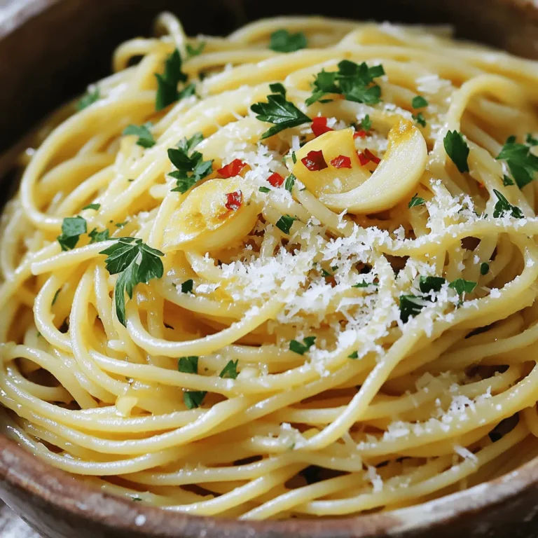 - 200g spaghetti - 4 tablespoons olive oil - 6 cloves garlic, thinly sliced - 1 to 2 teaspoons red chili flakes (adjust to taste) - 1 teaspoon salt - 1/2 teaspoon black pepper - 1 tablespoon fresh parsley, finely chopped (for garnish) - Grated Parmesan cheese (optional) - Large pot for boiling - Skillet for sautéing - Colander for draining spaghetti For this dish, you will need a few simple items. First, get the spaghetti. It will be the star of your meal. Next, grab some olive oil for cooking. Olive oil gives a rich flavor. You will also need garlic, which adds a nice aroma. Red chili flakes will bring heat. Adjust the amount based on your spice preference. Don't forget salt and black pepper. They enhance the taste. Fresh parsley adds color and freshness. If you like cheese, Parmesan is a great option. Make sure you have the right tools. A large pot is needed to boil water. A skillet is for sautéing the garlic and chili. Finally, use a colander to drain the spaghetti. This setup helps you cook the dish easily and quickly. - First, bring a large pot of salted water to a boil. - Add 200g of spaghetti and cook it until al dente, about 8-10 minutes. - Once done, reserve about 1/2 cup of pasta water, then drain the spaghetti. - In a large skillet, heat 4 tablespoons of olive oil over medium heat. - Add 6 thinly sliced cloves of garlic. Sauté until golden, which takes about 2-3 minutes. - Be careful not to burn the garlic; burnt garlic changes the taste. - Stir in 1 to 2 teaspoons of red chili flakes, 1 teaspoon of salt, and 1/2 teaspoon of black pepper. - Let the mixture simmer for about a minute to infuse the oil with flavor. - Add the drained spaghetti directly into the skillet with the garlic chili oil. - Toss well to coat the spaghetti evenly. If needed, add some reserved pasta water to create a light sauce. - For finishing touches, sprinkle fresh parsley on top and toss again. Adjust seasoning with more salt or pepper if desired. - Serve the plated spaghetti with grated Parmesan cheese, if you like, and enjoy! - Adjusting chili flakes to taste: Start with one teaspoon of chili flakes. If you love heat, add more. Everyone has different spice levels. Taste as you go and find your perfect balance. - Importance of not burning garlic: Garlic can turn bitter if it burns. Keep your heat on medium. Stir often and watch for that golden color. Once it’s golden, move fast to add the next ingredients. - Using reserved pasta water for consistency: After draining your spaghetti, save some water. This starchy water helps create a smooth sauce. Add it slowly while tossing the pasta. It makes a big difference in texture. - Tossing techniques for even coating: Use a pair of kitchen tongs to toss your spaghetti. This keeps the strands from breaking and helps coat each piece with the oil. Toss gently but firmly to ensure every bite is flavorful. {{image_2}} You can switch up the pasta to suit your taste. Spaghetti is great, but you can try penne, fettuccine, or even gluten-free options. Each pasta brings its own charm to the dish. If you want a vegan version, skip the cheese. You can still enjoy a rich flavor with the garlic and chili oil. Just add more herbs or a sprinkle of nutritional yeast for a cheesy taste. For a heartier meal, toss in some protein. Chicken or shrimp works well. Cook them separately, then mix them into the garlic chili oil before adding the spaghetti. This adds flavor and makes it more filling. You can also throw in fresh spinach or cherry tomatoes. Spinach wilts nicely in the hot oil. Cherry tomatoes burst with sweetness, adding a nice touch. Just add them to the skillet as you mix in the spaghetti. Enjoy the burst of flavors! To keep your garlic chili oil spaghetti fresh, cool it down first. Use an airtight container. Store the leftovers in the fridge for up to three days. If you want to save it longer, freezing works well too. Place the spaghetti in freezer bags. Squeeze out the air before sealing. It can stay in the freezer for up to three months. When it's time to enjoy your leftovers, the best way to reheat is in a skillet. Add a splash of olive oil to the pan. Heat it over medium heat. Toss the spaghetti in the skillet until it's warm. This keeps it from getting soggy. You can also use the microwave. Just cover the dish to keep moisture in. Heat it in short bursts, stirring in between. This helps avoid a mushy meal. It takes about 15 minutes to make this dish. You spend 5 minutes prepping and 10 minutes cooking. This quick time makes it perfect for a busy day. Yes, you can use fresh chili! Chop it finely and add it to the oil. Fresh chili gives a different taste and a bit more heat. Start with a small amount and adjust to your liking. This spaghetti pairs well with many sides. You can serve it with a simple salad or garlic bread. Grilled vegetables or roasted chicken also make great choices. They add more flavor and balance the meal. Making this dish vegetarian is easy! Just skip the Parmesan cheese or use a vegan option. All other ingredients are already vegetarian-friendly. Enjoy your tasty meal without any meat! This blog post covered how to make Minute Garlic Chili Oil Spaghetti. We explored the key ingredients, like spaghetti, garlic, and chili flakes, and discussed the tools needed. I shared step-by-step instructions to cook the dish perfectly. Remember to adjust spice levels to suit your taste. You can get creative with variations by adding proteins or veggies. Don’t forget about proper storage for leftovers. Enjoy your cooking and make this dish your own. It's quick, simple, and full of flavor. Happy cooking!