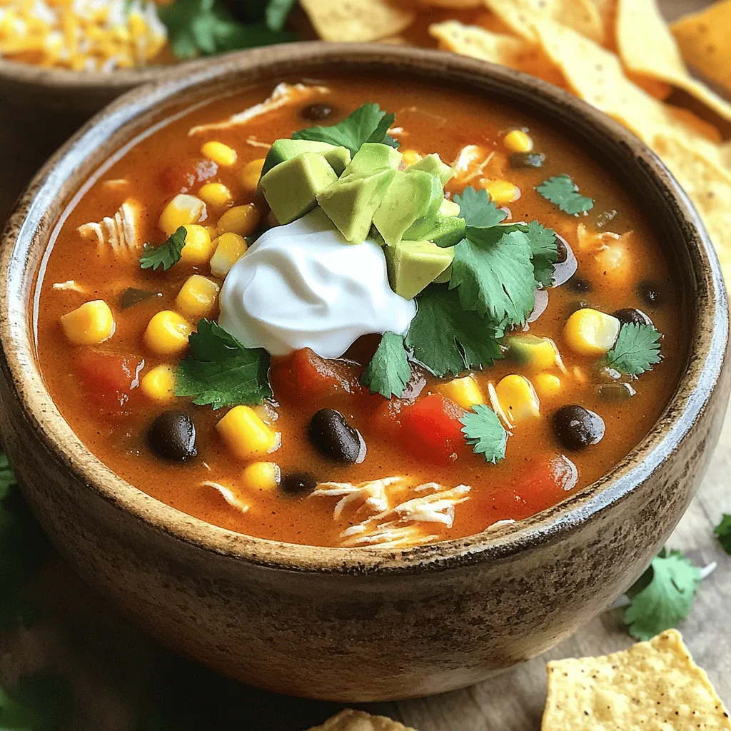 To make this tasty slow cooker chicken enchilada soup, gather these ingredients: - 1 lb boneless, skinless chicken breasts - 2 cups chicken broth - 1 can (15 oz) diced tomatoes with green chilies - 1 can (10 oz) enchilada sauce - 1 can (15 oz) black beans, drained and rinsed - 1 cup corn, frozen or canned - 1 medium onion, diced - 2 cloves garlic, minced - 1 tablespoon chili powder - 1 teaspoon cumin - 1 teaspoon smoked paprika - Salt and pepper to taste - 1 cup shredded cheese (cheddar or Mexican blend) - Fresh cilantro for garnish These toppings can add fun flavors and textures to your soup: - Diced avocado - Sour cream - Tortilla chips or strips If you need to swap some items, here are some ideas: - Use chicken thighs instead of breasts for more flavor. - Swap black beans for pinto beans or kidney beans. - Use vegetable broth for a lighter taste. - Use fresh tomatoes if you prefer them over canned. Feel free to mix and match based on what you have at home! Start by placing the chicken breasts at the bottom of your slow cooker. This gives the chicken a nice base. In a separate bowl, mix the chicken broth, diced tomatoes with green chilies, and enchilada sauce. Add the black beans, corn, diced onion, and minced garlic to the mix. Then, sprinkle in the chili powder, cumin, smoked paprika, salt, and pepper. Stir everything together until well blended. This mix will create a rich flavor for your soup. After preparing the broth mix, pour it over the chicken in the slow cooker. Make sure the chicken is fully submerged in the liquid. Cover the slow cooker with its lid. Cook on low for 6 to 8 hours or on high for 4 hours. The longer cooking time helps the flavors to blend well. When the cooking time ends, your kitchen will smell amazing! Remove the chicken breasts from the slow cooker using tongs. Use two forks to shred the chicken into bite-sized pieces. Return the shredded chicken back into the soup. Stir well to mix everything. Now, add the shredded cheese to the soup. Stir until the cheese melts and combines with the broth. Taste the soup and adjust the seasonings if needed. This is a great time to add more salt or spice if you like. Serve the soup hot and enjoy! To make your soup pop, use fresh spices. Fresh spices add more taste than old ones. Try toasting the chili powder and cumin in a pan first. This brings out their best flavors. You can also add a squeeze of lime juice before serving. It brightens up the soup and adds freshness. If you want more heat, add a few jalapeños or hot sauce. Adjust the flavors as you like to find your perfect mix. Cooking on low for 6 to 8 hours gives the best taste. It allows the chicken to soak in all the flavors. If you’re short on time, cooking on high for 4 hours works too. Just be sure to check the chicken. It needs to be tender enough to shred easily. Always let the soup rest for a few minutes before serving. This helps the flavors blend even more. Serve the soup in bowls and top it with diced avocado. A dollop of sour cream adds creaminess. Fresh cilantro not only looks great but tastes good too. For some crunch, add tortilla chips or strips. You can also serve the soup with warm tortillas on the side. This makes for a fun and tasty meal everyone will enjoy. {{image_2}} You can make this soup vegetarian with easy swaps. Replace the chicken with 1 can of chickpeas or 1 cup of your favorite plant-based protein. Use vegetable broth instead of chicken broth. The other ingredients stay the same. This keeps the flavor strong and adds a nice texture. Boost nutrition by adding more veggies. You can include bell peppers, zucchini, or spinach. Dice them and add them to the slow cooker with the other ingredients. This gives your soup great color and makes it heartier. You won’t lose any flavor; it only gets better! If you like heat, add more spice. You can add jalapeños or a pinch of cayenne pepper. For a milder soup, use less chili powder. You can even use mild enchilada sauce. Always taste as you go. Adjust the spice to fit your taste buds. You can store leftover soup in the fridge. Use an airtight container for best results. The soup lasts up to three days. Make sure to cool it to room temperature first. Avoid adding toppings before storing. This keeps them fresh and crisp. Freezing is a great option if you want to save some for later. Allow the soup to cool completely. Then pour it into freezer-safe bags or containers. Leave some space at the top for expansion. The soup keeps well for about three months in the freezer. To thaw, place it in the fridge overnight. Reheat the soup on the stove or in the microwave. If using the stove, heat on low and stir often. In the microwave, heat in short intervals, stirring in between. Add a splash of chicken broth if the soup seems thick. Enjoy it warm with your favorite toppings! Yes, you can use frozen chicken. Just add a bit more cooking time. It usually takes about 1-2 hours longer. Make sure the chicken is fully cooked to 165°F. This method is great for busy days when you forget to thaw. To thicken the soup, you have a few options. You can add more cheese, which melts nicely. Another way is to mix in cornstarch. Just mix 2 tablespoons of cornstarch with water. Stir it in during the last 30 minutes of cooking. You can also mash some black beans for a thicker texture. This soup goes great with several sides. Tortilla chips add a nice crunch. A simple green salad is fresh and light. You can also serve it with warm tortillas. For something extra, try a side of Mexican rice. Each option adds a unique touch to your meal. In this blog post, I shared how to make Slow Cooker Chicken Enchilada Soup. We covered the necessary ingredients, optional toppings, and substitutions for a tailored dish. You learned the step-by-step process, from prepping the chicken to serving it hot. Tips for flavor and timing will help you get the best results. You even discovered fun variations, storage info, and answers to common questions. Now, you can create a delicious soup that suits your taste. Enjoy your cooking adventure!