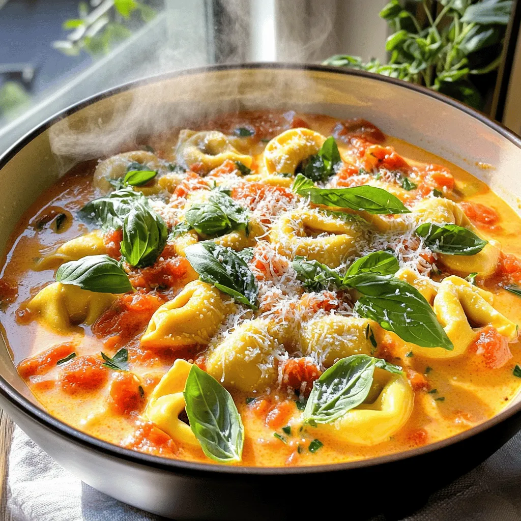 To create your One-Pot Creamy Tomato Basil Tortellini, gather these simple ingredients: - 12 oz cheese tortellini (fresh or frozen) - 1 tablespoon olive oil - 1 small onion, diced - 3 cloves garlic, minced - 1 can (14 oz) diced tomatoes, undrained - 2 cups vegetable broth - 1 cup heavy cream - 1 teaspoon dried Italian herbs - 1/4 teaspoon red pepper flakes (optional) - Salt and pepper to taste - 1/2 cup fresh basil, chopped - Grated Parmesan cheese for serving This recipe makes about 4 servings. It is perfect for a family dinner or a cozy meal with friends. If you want to make more, simply double the ingredients. You can also adjust the serving size by cutting the recipe in half. You can swap ingredients based on what you have at home or your dietary needs. Here are some ideas: - Use gluten-free tortellini for a gluten-free option. - Replace heavy cream with coconut milk for a lighter dish. - Swap vegetable broth with chicken broth for a different flavor. - For a spicy kick, add more red pepper flakes or use spicy sausage instead of tortellini. - Use fresh tomatoes instead of canned if they are in season. These substitutions let you customize the dish to your taste while keeping it simple and delicious! Start by heating the olive oil in a large pot over medium heat. Once the oil is hot, add the diced onion. Sauté it for about 3-4 minutes until it turns soft and clear. This step builds a solid flavor base. Then, add the minced garlic and cook for one more minute. The garlic should smell great. Next, stir in the can of diced tomatoes, juice included, along with the vegetable broth. This mix should simmer gently. Once the mixture is simmering, it’s time to add the cheese tortellini. Toss in the dried Italian herbs and red pepper flakes if you want some heat. Cook everything according to the tortellini package instructions. This usually takes about 5-7 minutes until the tortellini are soft. Keep stirring gently to ensure even cooking. Now, lower the heat and slowly pour in the heavy cream while stirring. This makes the dish rich and creamy. Let it heat for about 2-3 minutes, mixing well. Season with salt and pepper to taste. Finally, stir in the chopped basil. This fresh herb adds a great flavor. Let it sit off the heat for a couple of minutes to thicken. Serve hot, and don’t forget to top it with grated Parmesan cheese! To get that rich, creamy feel, use heavy cream. It gives the best texture. When you add cream, do it slowly. Stir as you pour. This helps mix it well and keep it smooth. Let it heat through gently. Avoid boiling the mixture after adding cream. If you want a lighter dish, use half-and-half instead. But remember, it won’t be as thick. You can boost the flavor with a few simple tricks. Try adding fresh herbs like parsley or thyme. They add a bright touch. A squeeze of lemon juice can also enhance the taste. For more heat, add an extra pinch of red pepper flakes. Don’t forget to adjust the salt and pepper to your liking. Grated Parmesan cheese on top adds a great salty kick too! Fresh tortellini cooks faster than frozen. If using fresh, check the package for cooking times. Usually, it takes about 3-5 minutes. Frozen tortellini needs about 5-7 minutes. Both types work well in this recipe. Just remember to adjust your cooking time. Ensure the tortellini floats to the top when done. This means they are ready to eat! {{image_2}} You can easily make this dish vegetarian. Just use vegetable broth instead of chicken broth. You can also add extra veggies like spinach, bell peppers, or zucchini. These add color and nutrients to your meal. They also enhance the flavor and texture of the dish. If you want more protein, consider adding cooked chicken, shrimp, or sausage. You can stir in shredded rotisserie chicken or cooked sausage when you add the tortellini. For a plant-based option, try chickpeas or lentils. These options make the dish heartier and more filling. Swapping ingredients can change the whole taste. Try using sun-dried tomatoes for a richer flavor. You can also use different herbs, like fresh oregano or thyme, instead of dried Italian herbs. For a spicy kick, add more red pepper flakes or some diced jalapeños. These small changes can make your creamy tomato basil tortellini unique every time! You can store your One-Pot Creamy Tomato Basil Tortellini in an airtight container. Let it cool first. Then, place it in the fridge. It will last for up to three days. Keep in mind that the tortellini may soak up some sauce as it sits. To reheat, place the desired amount in a pot. Add a splash of vegetable broth or cream to loosen it up. Heat on low, stirring often. This keeps it creamy and warm. You can also use the microwave. Heat in 30-second bursts, stirring in between. If you want to freeze it, portion it into freezer-safe containers. Leave some space for the sauce to expand. It will keep well for up to three months. When ready to eat, thaw it overnight in the fridge. Reheat as usual, adding a bit more liquid if needed. It takes about 25 minutes to make this dish. You spend 10 minutes preparing the ingredients. The cooking time is roughly 15 minutes. This means you can enjoy a warm meal fast. Yes, you can make it dairy-free. Swap the heavy cream for coconut milk. Use dairy-free cheese instead of Parmesan. This keeps the dish creamy and rich without dairy. This dish pairs well with a crisp salad. Garlic bread also complements the flavors nicely. You can add a side of steamed veggies for more nutrition. Enjoy your meal with a glass of white wine for an extra treat! This blog post covered how to make One-Pot Creamy Tomato Basil Tortellini. We discussed the key ingredients, serving sizes, and substitutions. You learned the step-by-step process from preparing the base to finishing with creamy touches. I shared tips for the perfect texture and flavor enhancements. We explored variations for different diets and preferences. Finally, I provided storage tips to keep your meal fresh. Enjoy trying this recipe, knowing it’s simple and adaptable. Your kitchen adventures await!