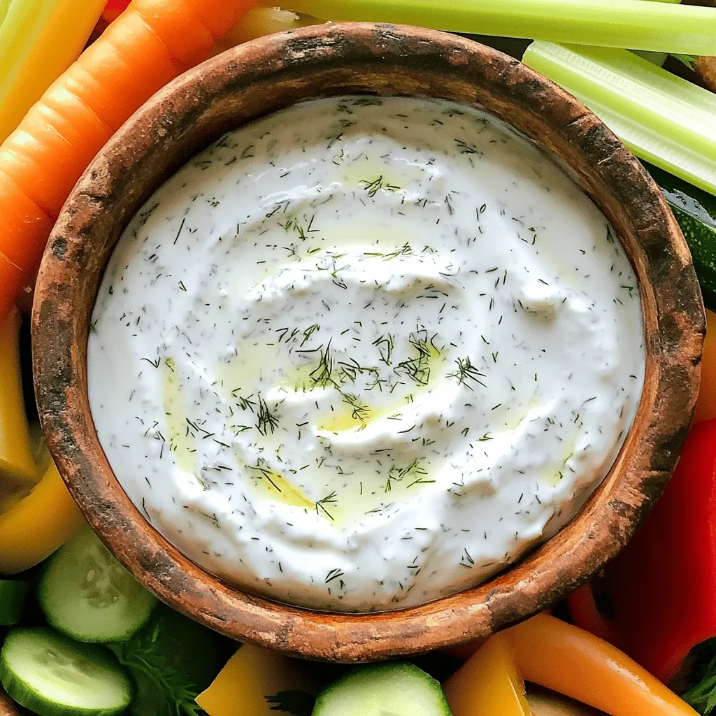 - 1 cup plain Greek yogurt - 1/4 cup mayonnaise - 1 tablespoon dried dill weed - 1 teaspoon garlic powder - 1 teaspoon onion powder - 1 teaspoon dried parsley - 1 teaspoon lemon juice - Salt and pepper to taste - Fresh vegetables (carrots, celery, cucumber, bell peppers) for serving Greek yogurt is thick and creamy. It has more protein than regular yogurt. This protein helps you feel full. It also has probiotics, which are good for your gut. These friendly bacteria can aid digestion. Greek yogurt is lower in sugar than many dips. It makes a healthy base for our ranch dip. If you can't find Greek yogurt, try regular yogurt. You can use sour cream for a tangy taste. For a lighter option, choose low-fat yogurt. If you want a vegan dip, use cashew cream or silken tofu. These options still keep the dip creamy and delicious. - Combining the Base Ingredients Start by taking a medium bowl. Add 1 cup of plain Greek yogurt and 1/4 cup of mayonnaise. Mix these together until they are smooth and creamy. This blend gives the dip its rich texture. - Adding Herbs and Spices Next, it's time to bring in the flavor. Add 1 tablespoon of dried dill weed, 1 teaspoon of garlic powder, 1 teaspoon of onion powder, and 1 teaspoon of dried parsley. Stir well to mix all the herbs and spices evenly. This step is key for a tasty dip. - Chilling the Dip After mixing everything, squeeze in 1 teaspoon of lemon juice. Then, add salt and pepper to taste. Mix again until everything is blended. Cover the bowl with plastic wrap and put it in the fridge. Let it chill for at least 30 minutes. Chilling allows the flavors to meld together beautifully. - Best Vegetables for Dipping When it's time to serve, choose fresh veggies. Carrots, celery, cucumber, and bell peppers are great options. They add crunch and color to your dip spread. - Pairing with Chips or Crackers This dip also works well with chips or crackers. They provide a crunchy contrast to the creamy dip. You can set out a mix of both for your guests. For a lovely presentation, serve the dip in a nice bowl. You can arrange the vegetables around the bowl. This not only looks appealing but also makes it easy for guests to grab their favorites. Adding a sprinkle of fresh herbs on top can also enhance the visual appeal. To get that smooth and creamy dip, start with thick Greek yogurt. Use full-fat yogurt for the best texture. Mix it with a bit of mayonnaise. This adds richness and helps with creaminess. Stir well until the mixture is uniform. If the dip feels too thick, add a splash of milk for extra smoothness. You can boost the flavor of your dip in many ways. Fresh herbs add a bright taste. You can use chives, basil, or even fresh dill. Try adding a dash of hot sauce for some heat. If you like a tangy kick, squeeze in more lemon juice. Taste your dip as you go. Adjust the salt and pepper to fit your taste. When making this dip, measuring is key. Use a measuring cup for yogurt and mayonnaise. This step ensures the right balance. For spices, use measuring spoons. Dried herbs can vary in strength. It's best to stick to the amounts provided. If you want to experiment, add small amounts. Mix, taste, and adjust as needed. This way, you can create a dip that’s just right for you! {{image_2}} To make a spicy Greek yogurt ranch dip, add some heat. You can mix in 1-2 teaspoons of hot sauce. You can also use cayenne pepper or chili powder. This adds a nice kick without changing the base flavor. Spicy dips pair well with fresh veggies or even chips. If you love heat, try adding diced jalapeños for a crunchy twist. For a more herbal taste, you can try different herbs. Fresh herbs work great in this dip. Add chopped chives, basil, or cilantro to enhance the flavor. You can also mix in some tarragon or thyme for a unique touch. This makes the dip fresh and bright. Use any herb you love to make it your own! If you want a dairy-free option, don't worry! You can swap Greek yogurt with coconut yogurt. This gives you the same creamy texture. You can also use cashew cream for a rich flavor. Just blend soaked cashews with a bit of water until smooth. This way, everyone can enjoy the dip, no matter their diet. To store Greek yogurt ranch dip, place it in an airtight container. This keeps the dip fresh and prevents it from absorbing other fridge smells. Make sure to seal the lid tightly. If you have leftover veggies, store them in another container. Greek yogurt ranch dip lasts about 3 to 5 days in the fridge. Always check for any changes in smell or color before using. If you notice any off smells, it’s best to toss it. You do not need to heat this dip, as it is served cold. If you want to reuse it, just give it a good stir before serving again. This helps mix the flavors back together. If the dip seems thick after sitting, add a little yogurt or mayo to loosen it. Enjoy it with fresh veggies or chips! Yes, you can easily make this dip ahead of time. It tastes better when it sits. Prepare it up to two days before your event. Just keep it in the fridge. Cover it tightly with plastic wrap. This helps the flavors blend well. Greek yogurt ranch dip is a healthy choice. It has less fat than regular ranch dip. Greek yogurt gives you protein and probiotics. These are good for your gut health. The fresh herbs and spices add flavor without extra calories. You can enjoy this dip guilt-free! You can serve many things with this dip. Fresh vegetables are the best. Try carrots, celery, cucumber, and bell peppers. They add crunch and color. You can also pair it with chips or crackers. This dip is great for parties or snack time! In this article, we explored the ingredients and steps for making Greek yogurt ranch dip. We discussed its benefits, common substitutes, and ways to enhance its flavor. I shared tips for achieving creaminess and presented fun variations. Remember, this dip is easy to make and perfect for any snack. Enjoy experimenting with flavors and serving ideas. Keep it fresh and simple for your next gathering!