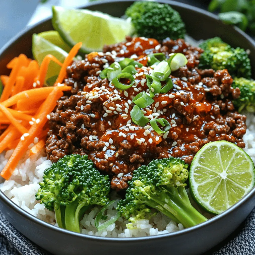 To make spicy Korean beef bowls, gather these main ingredients: - 1 lb (450g) ground beef - 2 tablespoons gochujang (Korean chili paste) - 2 tablespoons soy sauce - 1 tablespoon sesame oil - 2 teaspoons brown sugar - 1 teaspoon garlic, minced - 1 teaspoon ginger, grated These ingredients create a rich, bold flavor that makes the dish special. For a fresh touch, include these veggies: - 1 cup broccoli florets - 1 carrot, julienned - 2 green onions, sliced These vegetables add color, crunch, and nutrients to your meal. They balance the spicy beef nicely. You also need some staple items from your pantry: - Cooked jasmine rice - Sesame seeds for garnish - Lime wedges for serving These staples help round out the meal. The rice gives you a base, while lime adds a zesty kick. Enjoy experimenting with these ingredients! First, heat a large skillet over medium-high heat. Add 1 pound of ground beef. Cook it until it's browned, about 5-7 minutes. Use a spatula to break it up as it cooks. If there's too much fat, drain it. Next, stir in the gochujang, soy sauce, sesame oil, brown sugar, minced garlic, and grated ginger. Mix well and let it cook for another 3-4 minutes. This allows the flavors to blend perfectly. While the beef mixture is cooking, prepare the vegetables. Steam 1 cup of broccoli florets and 1 julienned carrot. Cook them for about 3-5 minutes until they are tender but still crisp. This keeps the veggies fresh and bright. The crunch will add texture to your bowl. Now it’s time to put everything together. Start with a scoop of cooked jasmine rice at the bottom of each bowl. Spoon a generous amount of the spicy beef mixture on top of the rice. Then, arrange the steamed broccoli and carrots alongside the beef. For the final touch, garnish each bowl with sliced green onions and sesame seeds. Serve with lime wedges on the side. Squeeze the lime juice over your bowl right before you eat for a zesty burst of flavor. To get the spice just right, start with a small amount of gochujang. You can always add more later. Mix the gochujang with soy sauce and other ingredients for balance. If you want it milder, try using less gochujang. On the other hand, if you crave more heat, increase the gochujang by a teaspoon. Remember, the spice builds up over time, so taste as you go. These spicy Korean beef bowls pair well with many sides. You can serve them with kimchi for a tangy crunch. Add a simple cucumber salad for a refreshing bite. If you want more carbs, try serving with steamed dumplings or spring rolls. For drinks, iced green tea or a light beer complements the flavors nicely. To make your bowls look great, use deep dishware. Start with a scoop of rice at the bottom. Layer the spicy beef mixture on top, letting it spill slightly over the rice. Arrange the broccoli and carrots neatly on the side. For the finishing touch, sprinkle sesame seeds and add sliced green onions. Drizzle a little sesame oil for shine. Serve lime wedges on the side for a zesty squeeze. {{image_2}} You can switch the ground beef for other meats. Try ground turkey or chicken for a lighter dish. These options offer a different taste but still blend well with the spicy sauce. You may also use thinly sliced beef or pork. Cook them in strips for a different texture. Use the same cooking time as the ground beef to keep things easy. For a meat-free version, substitute the beef with mushrooms or tofu. Both add a nice texture and soak up flavors well. Use shiitake or portobello mushrooms for a rich taste. If using tofu, press it first to remove excess moisture. This helps it absorb the gochujang sauce better. You can also mix in chickpeas for extra protein and fiber. While jasmine rice is a classic choice, feel free to experiment with other types. Brown rice adds a nutty flavor and is healthier. Quinoa is another great option; it cooks quickly and has a nice bite. You can also try cauliflower rice for a low-carb alternative. This will give your bowl a fresh twist while keeping it light. To keep your spicy Korean beef bowls fresh, store leftovers in an airtight container. Make sure to place the beef and veggies separately from the rice. This keeps everything tasting great. Store them in the fridge for up to three days. When you want to enjoy the leftovers, reheat them on the stove. Place the beef and veggies in a pan. Add a splash of water to keep them moist. Heat on medium, stirring often until hot. You can also use the microwave. Just cover the bowl with a lid or wrap to avoid splatters. Heat for about 1-2 minutes. If you want to save the dish for later, you can freeze it. Place the beef mixture and veggies in a freezer-safe bag. Remove as much air as you can before sealing. For best taste, use it within three months. When ready to eat, thaw the bag in the fridge overnight before reheating. Gochujang is a thick, red chili paste from Korea. It has a sweet and spicy flavor. You can find it in Asian grocery stores. Many larger supermarkets also carry it in the international aisle. Look for brands that use quality ingredients for the best taste. You can even buy it online if you want convenience. Yes, you can make this recipe ahead of time. Prepare the beef mixture and veggies in advance. Store them in airtight containers in the fridge. They should stay fresh for up to three days. When you are ready to eat, just reheat everything on the stove. Serve it over freshly cooked rice for the best taste. Adjusting the spice level is easy! If you want less heat, use less gochujang. You can also add more brown sugar to balance the heat. For more spice, add extra gochujang or some red pepper flakes. Taste as you go to find your perfect level. Enjoy crafting your ideal spicy Korean beef bowl! You now have a clear guide to make spicy Korean beef bowls at home. We explored key ingredients, from fresh produce to pantry staples. I provided step-by-step instructions to prepare, cook, and assemble the dish. You also learned tips for spice levels, pairing ideas, and how to make it visually appealing. Remember, you can alter the recipe to fit your diet. Store leftovers properly to enjoy later. With this knowledge, you can make a delicious and stunning meal. Happy cooking!