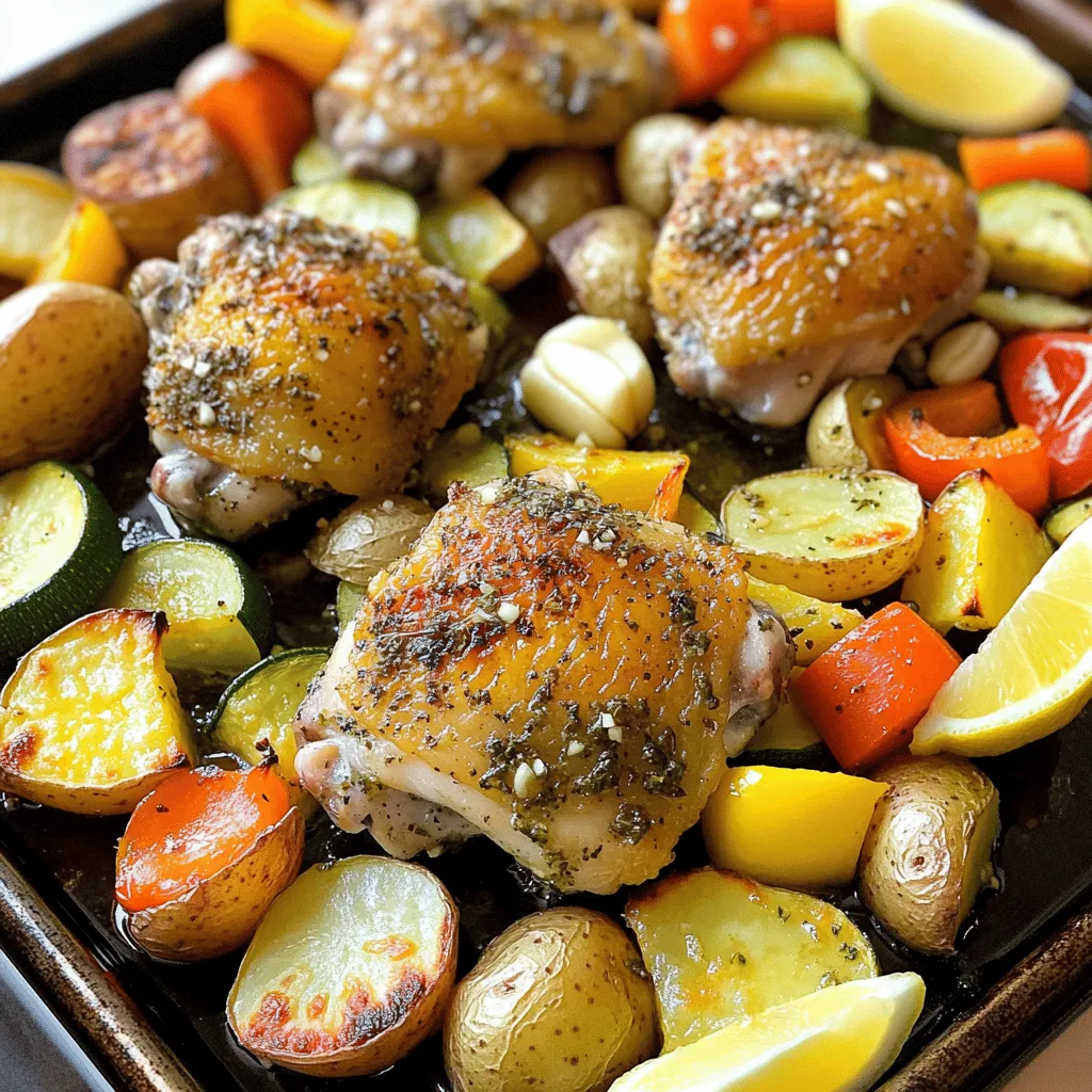 - Chicken: 4 bone-in, skin-on chicken thighs - Vegetables: 1 pound baby potatoes, halved, 2 cups mixed bell peppers, zucchini, and carrots - Herbs: 2 tablespoons fresh rosemary, chopped, 2 tablespoons fresh thyme, chopped - Seasonings: 3 tablespoons olive oil, 1 head garlic (cloves separated and peeled), 1 teaspoon paprika, salt, and pepper The main star of this dish is the chicken. I love using bone-in, skin-on thighs. They stay juicy and add great flavor. The skin gets crispy in the oven, which everyone loves. Now, let’s talk about the veggies. I use baby potatoes, bell peppers, zucchini, and carrots. They roast beautifully and add color to your plate. The mix of colors makes the dish pop. Fresh herbs like rosemary and thyme bring the flavor to life. They are key to this dish. You can smell them as they cook, and it's fantastic. The sauce is simple. Olive oil, garlic, paprika, salt, and pepper mix together for a lovely marinade. This blend keeps the chicken moist and gives it a nice kick. - Lemon wedges for serving - Additional herbs for garnish Lemon wedges add a bright touch when served. Squeezing lemon juice over the chicken and veggies gives a fresh taste. You can also use more fresh herbs as a garnish. They add color and make the dish look fancy. With these ingredients, you create a meal that is tasty and easy to make. Everything cooks on one pan, so clean-up is quick. 1. Preheat oven and prepare baking sheet Start by preheating your oven to 400°F (200°C). This helps cook the chicken evenly. Line a large baking sheet with parchment paper. This makes cleanup a breeze. 2. Create marinade with olive oil, herbs, and spices In a large mixing bowl, mix together 3 tablespoons of olive oil, 2 tablespoons of chopped rosemary, 2 tablespoons of chopped thyme, 1 teaspoon of paprika, salt, and pepper. This blend will give your chicken a wonderful flavor. 1. Marinate chicken and prepare vegetables Add 4 bone-in, skin-on chicken thighs to the bowl. Make sure each piece is coated well in the marinade. Let it sit for at least 15 minutes. While the chicken marinates, take 1 pound of halved baby potatoes and 2 cups of mixed vegetables. Toss them in another bowl with a drizzle of olive oil, salt, and pepper. 2. Arrange chicken and vegetables on the baking sheet Place the marinated chicken thighs skin-side up on one side of the baking sheet. On the other side, spread out the potatoes and mixed vegetables. Make sure everything is in a single layer for even cooking. 3. Roast the dish and monitor cooking time Scatter the peeled garlic cloves from one head of garlic across the baking sheet. This will roast and add a rich flavor. Bake for 35-40 minutes. Check that the chicken's skin is crispy and golden brown and that it reaches an internal temperature of 165°F (75°C). The veggies should be tender with a slight char. For the best taste, marinate the chicken for at least 15 minutes. This time allows the chicken to soak up all the good flavors. If you have more time, try marinating for an hour or even overnight in the fridge. This extra time will make the chicken even tastier. To boost flavor, use fresh herbs. Fresh rosemary and thyme add a bright taste. You can also try adding lemon zest or a splash of lemon juice into the marinade. This will give the chicken a nice zing. The ideal internal temperature for chicken is 165°F (75°C). This makes sure the chicken is safe to eat. Use a meat thermometer to check the thickest part of the thigh. Avoid touching the bone, as it can give a false reading. For the vegetables, look for a golden brown color and tenderness. Baby potatoes should be fork-tender, and the bell peppers, zucchini, and carrots should look slightly charred. This means they are cooked just right and full of flavor. {{image_2}} You can switch up the chicken type for your sheet pan dinner. Try chicken breasts, thighs, or drumsticks. Each cut brings a different flavor and texture. You can also use different vegetables. Choose what is fresh or what you like best. Seasonal veggies like asparagus or Brussels sprouts work great. Carrots, zucchini, and bell peppers are always a good choice. To boost flavor, add different herbs or spices. Basil or oregano can give a new twist. Experiment with smoked paprika for a deeper taste. You can also add citrus flavors beyond lemon. Try lime for a zesty kick or orange for sweetness. These flavors brighten up the dish and make it more exciting. After you enjoy your Garlic Herb Chicken Sheet Pan Dinner, store any leftovers properly. First, let the dish cool to room temperature. Then, place it in an airtight container. This helps keep it fresh and tasty. You can store the chicken and veggies in the fridge for up to four days. If you want to keep it longer, freeze the leftovers. They can last for three months in the freezer. When you're ready to eat the leftovers, reheating is easy. The best way is to use your oven. Preheat it to 350°F (175°C). Place the chicken and veggies on a baking sheet. Heat them for about 15 to 20 minutes. This method keeps the chicken juicy and the veggies crisp. You can also use a microwave. Just place the food in a microwave-safe dish. Cover it with a lid to keep steam in. Heat on medium power in short bursts, checking often. This helps avoid drying out the chicken. For both methods, adding a splash of water or olive oil can help keep the dish moist. Enjoy your delicious leftovers! Yes, you can use boneless chicken thighs. They cook faster than bone-in thighs. When using boneless thighs, reduce the baking time by about 10 minutes. Check for an internal temperature of 165°F (75°C) to ensure they are safely cooked. This change makes the dish easier to serve and can help reduce prep time. If you don’t have fresh herbs, dried herbs work well too. Use one-third the amount of dried herbs. For example, if the recipe calls for 2 tablespoons of fresh rosemary, use about 2 teaspoons of dried rosemary. Dried herbs have a stronger flavor, so adjust to taste. Add them to the marinade along with the olive oil for best results. To make this dish low-carb, swap the baby potatoes for low-carb veggies. Consider using cauliflower florets or zucchini noodles. These options keep the meal light but still tasty. You can also add more mixed vegetables, like broccoli or asparagus, to fill your plate. This way, you enjoy a hearty meal while cutting down on carbs. This article covered a simple and tasty chicken dish. We talked about main ingredients, step-by-step instructions, and various tips. You learned how to marinate chicken for better flavor and check for doneness. Feel free to swap ingredients or add your favorite herbs. Save leftovers properly, and reheating is easy. With this guide, you can create a delicious meal that fits your tastes and kitchen skills. Enjoy cooking!