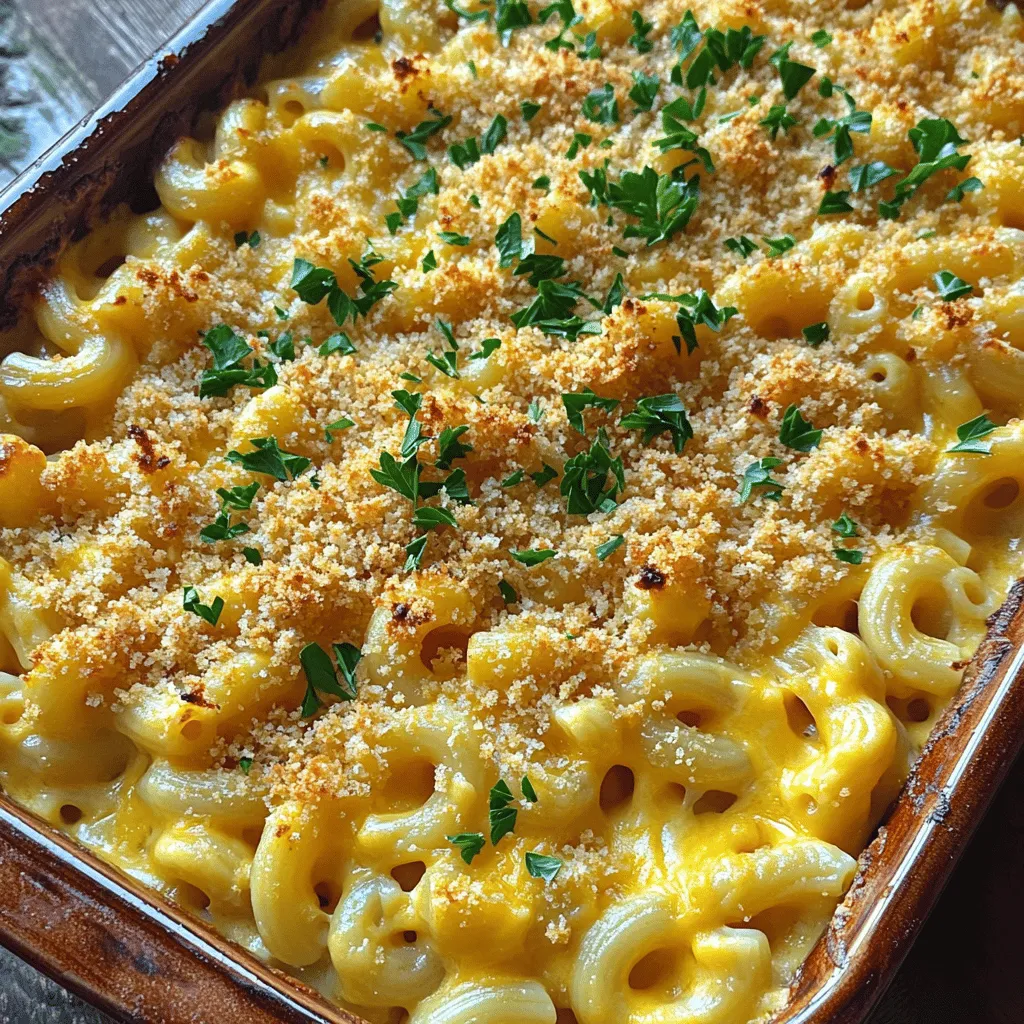 To make the best smoked Gouda mac and cheese, you need a few key items: - 8 oz elbow macaroni - 2 tablespoons unsalted butter - 2 tablespoons all-purpose flour - 2 cups whole milk - 1 cup smoked Gouda cheese, shredded - 1 cup sharp cheddar cheese, shredded - 1 teaspoon garlic powder - 1 teaspoon onion powder - Salt and pepper to taste - 1/2 cup breadcrumbs (preferably panko for crunch) - 2 tablespoons fresh parsley, chopped (for garnish) These ingredients work together to create a creamy and flavorful dish. The smoked Gouda adds a rich flavor, while the sharp cheddar gives it a nice bite. If you want to mix things up, you can try different cheeses. Here are some great options: - Fontina: It melts well and adds creaminess. - Gruyère: This cheese gives a nutty flavor. - Monterey Jack: This cheese is mild and smooth. Mixing these cheeses can lead to unique flavors that enhance your dish. Adding herbs and spices can elevate your mac and cheese. Consider these options: - Fresh thyme: This adds a fragrant touch. - Smoked paprika: It gives a smoky flavor. - Mustard powder: This adds a hint of tang. Using these herbs and seasonings will make your dish more exciting and flavorful. Start by boiling water in a large pot. Add salt to the water for flavor. Once the water boils, add 8 oz of elbow macaroni. Cook it until it's al dente, about 7-9 minutes. Stir occasionally so it doesn’t stick. Drain the pasta and set it aside. In the same pot, melt 2 tablespoons of unsalted butter over medium heat. When the butter is melted, whisk in 2 tablespoons of all-purpose flour. Keep whisking for about 1-2 minutes until it turns lightly golden. Then, gradually add 2 cups of whole milk, stirring continuously. This helps avoid lumps. Cook until the mixture thickens, which takes about 5 minutes. Reduce the heat to low. Add 1 cup of shredded smoked Gouda and 1 cup of shredded sharp cheddar cheese to the pot. Stir until both cheeses melt and the sauce is smooth. Add 1 teaspoon of garlic powder and 1 teaspoon of onion powder. Season with salt and pepper to your taste. Then, add the cooked macaroni to the cheese sauce. Stir until every piece of pasta is coated. Preheat your oven to 350°F (175°C). Transfer the mac and cheese into a greased baking dish. In a small bowl, mix 1/2 cup of breadcrumbs with a drizzle of olive oil, if you like. Sprinkle this mixture evenly over the top. Bake for 20-25 minutes. The top should be golden and crispy when it’s done. Remove it from the oven, let it cool for a few minutes, and then garnish with 2 tablespoons of chopped fresh parsley before serving. For the creamiest texture, use whole milk. It adds richness to your dish. When you make the roux, whisk the flour and butter well. This step helps to avoid lumps. Gradually add the milk while stirring constantly. This keeps your cheese sauce smooth and creamy. After adding cheese, stir until it's fully melted. This step is key for a velvety feel. To prevent overcooking pasta, cook it until just al dente. This means it should still have a slight bite. Remember, it will cook more when you bake it. Drain the pasta and rinse it with cold water. This stops the cooking process. Mix it quickly with your cheese sauce. This helps keep it from sticking together. You can boost flavor with easy additions. Try adding crispy bacon or sautéed mushrooms. They add depth to your dish. Fresh herbs like thyme or basil can brighten the taste. You might use smoked paprika for a smoky kick. Don’t forget salt and pepper; they bring out all the flavors. {{image_2}} You can make this dish heartier by adding protein. Cooked chicken or crispy bacon works great. Chop the chicken into bite-sized pieces or crumble the bacon. Stir them into the cheese sauce before you mix in the pasta. This addition adds flavor and texture, making each bite more satisfying. To keep this dish vegetarian, skip the meat. You can still pack in flavor. Add vegetables like spinach, mushrooms, or bell peppers. Lightly sauté them first to bring out their taste. Mix them into the cheese sauce with the pasta. This way, you get a colorful and tasty meal that everyone will enjoy. While smoked Gouda is amazing, you can mix it up. Try using other cheese blends for new tastes. Creamy brie or tangy blue cheese can add depth. Experiment with different ratios of cheese to find your favorite combo. Each cheese brings its own flavor profile, making this dish exciting every time you make it. To keep your smoked Gouda mac and cheese fresh, let it cool first. Then, place it in an airtight container. This helps keep moisture in and air out. Store it in the fridge for up to three days. If you want to save it longer, freezing is a great option. When you reheat your mac and cheese, use the oven for the best results. Preheat your oven to 350°F (175°C). Place your mac and cheese in an oven-safe dish. Add a splash of milk to help it stay creamy. Cover it with foil to prevent it from drying out. Heat it for about 20 minutes. If you're in a hurry, the microwave works too. Just heat in short bursts, stirring in between, until it warms up. To freeze your smoked Gouda mac and cheese, use a freezer-safe container. Portion it into smaller servings for easy reheating. You can also wrap it tightly in plastic wrap, then aluminum foil. Label it with the date. It can last up to three months in the freezer. When you're ready to eat, thaw it in the fridge overnight before reheating. Yes, you can! While elbow macaroni is classic, you can try other shapes. Fusilli, penne, or shells work well. Each type holds the cheese sauce differently, so experiment. Just ensure the pasta cooks to al dente for best results. To make this dish gluten-free, swap the elbow macaroni for gluten-free pasta. Use gluten-free flour for the roux. Many brands offer good options. Just check the labels to ensure they fit your needs. The taste and texture will still be great! This dish pairs well with many sides. You can serve it with a fresh salad for balance. Roasted vegetables add a nice touch, too. For a heartier meal, try grilled chicken or shrimp. These options complement the creamy mac and cheese nicely. Homemade mac and cheese lasts about 3 to 5 days in the fridge. Store it in an airtight container to keep it fresh. Just reheat it well before serving. It may dry out, so a splash of milk can help restore creaminess. In this post, we explored how to make smoked Gouda mac and cheese. We looked at essential ingredients and step-by-step instructions. You learned tips for creamy texture and how to enhance flavors. We also discussed tasty variations, like adding protein or making it vegetarian. Finally, proper storage and reheating tips ensure your dish stays fresh. With these insights, you can create a delicious dish that impresses everyone. Enjoy your cooking journey!