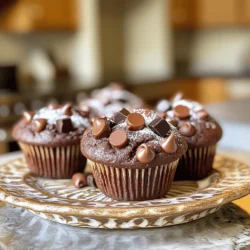 - 1 ¾ cups all-purpose flour - ½ cup unsweetened cocoa powder - 1 cup granulated sugar - 2 large eggs - ½ cup vegetable oil - 1 cup buttermilk (or milk with vinegar) - 1 teaspoon vanilla extract - Baking powder, baking soda, salt - 1 cup semi-sweet chocolate chips - ½ cup dark chocolate chunks To make Bakery-Style Double Chocolate Muffins, gather all the ingredients. This recipe needs rich, flavorful items. First, the flour and cocoa powder form the base. Sugar adds sweetness, and eggs provide structure. For the additional ingredients, vegetable oil adds moisture. Buttermilk makes the muffins fluffy and tender. Vanilla extract boosts flavor. Baking powder and baking soda help the muffins rise. Salt balances the sweetness. The chocolate components are crucial. Semi-sweet chocolate chips give a sweet bite. Dark chocolate chunks add depth and richness. Together, these ingredients create a treat that feels like a bakery delight. Understanding these components helps you appreciate the recipe. You can swap some ingredients if needed, but keep the main ones for the best results. Enjoy gathering your ingredients and get ready to bake! - Preheat your oven to 350°F (175°C). Line a muffin tin with paper liners or grease it. - In a large bowl, mix 1 ¾ cups of all-purpose flour, ½ cup of cocoa powder, 1 teaspoon of baking powder, ½ teaspoon of baking soda, and ½ teaspoon of salt. Whisk them well until combined. - In another bowl, whisk together 1 cup of granulated sugar, 2 large eggs, ½ cup of vegetable oil, and 1 teaspoon of vanilla extract. Mix until it is smooth and creamy. - Gradually add 1 cup of buttermilk to the wet mixture. Stir it gently until it is fully incorporated. - Slowly pour the wet mixture into the dry ingredients. Stir gently until just combined. A few lumps are okay; do not overmix. - Fold in 1 cup of semi-sweet chocolate chips and ½ cup of dark chocolate chunks. Make sure they are evenly mixed throughout the batter. - Divide the batter evenly among the muffin cups. Fill each cup about ¾ full to allow for rising. - Bake in your preheated oven for 18-20 minutes. Use a toothpick to check if they are done; it should come out clean. - Let the muffins cool in the tray for about 5 minutes. Then, transfer them to a wire rack to cool completely. To get soft and fluffy muffins, do not overmix the batter. When you mix too much, you can make the muffins dense. Stir just until you see no dry flour. A few lumps are okay! It is also key to use room temperature ingredients. Cold eggs or buttermilk can affect how well the muffins rise. For a nice look, dust the cooled muffins with powdered sugar. This adds a sweet touch. You can also serve them with a scoop of ice cream. The warm muffin and cold ice cream create a great taste blend! Use a non-stick muffin tin for easy removal. Paper liners help keep the muffins neat and clean. A large mixing bowl is great for combining dry and wet ingredients. A whisk and a spatula work well to mix everything together, ensuring a smooth batter. {{image_2}} If you want to make these muffins gluten-free, use a gluten-free flour blend. This swap works well and keeps the muffins soft. For a dairy-free option, substitute the buttermilk with almond milk or oat milk. Just add a bit of vinegar to mimic the tangy taste of buttermilk. You can add nuts or dried fruits to mix things up. Walnuts or pecans give a nice crunch. Dried cherries or cranberries add a sweet twist. Feel free to play with different chocolates too. Try using milk chocolate or white chocolate chips for a fun flavor change. Flavor extracts like almond or peppermint can also add a unique touch. For a mini muffin version, simply use a mini muffin tin. This will create small bites that are great for snacks or parties. If you want a big, bakery-style muffin, fill the tins more. Just keep an eye on the baking time, as larger muffins will need a few extra minutes in the oven. Enjoy these variations to make your double chocolate muffins even more special! To keep your muffins fresh, store them at room temperature. Place them in an airtight container. This method keeps them moist. If you want to keep them longer, store them in the fridge. Wrap each muffin in plastic wrap first. For freezing, let the muffins cool completely. Then, place them in a freezer bag. Remove excess air to avoid freezer burn. You can freeze them for up to three months. Bakery-style muffins last about 2-3 days at room temperature. In the fridge, they can last about a week. If frozen, they stay fresh for up to three months. To enjoy your muffins warm, reheat them in the oven. Set the oven to 350°F (175°C). Place the muffins on a baking sheet for about 5-10 minutes. You can also use the microwave. Heat each muffin for about 15-20 seconds. This warms them but may not keep them crisp. Enjoy your muffins fresh for the best taste! Bakery-style muffins are big, fluffy, and rich in flavor. They often have a nice dome shape and a soft, tender crumb. The secret to their height is filling the muffin cups more than usual. This lets them rise high while baking. You also use a mix of cocoa powder and chocolate chips, giving them a deep, chocolatey taste. The buttermilk adds moisture and makes them extra soft. Yes, you can use regular milk. If you don't have buttermilk, just add one tablespoon of vinegar to your milk. Let it sit for about five minutes. This makes a good substitute. The acidity helps the muffins rise, keeping them light and fluffy. Absolutely! If you love chocolate, feel free to add more. You can use up to two cups of chocolate chips if you want. Just keep in mind that too many can make the muffins very rich. Balance is key to a great flavor. Check your muffins by inserting a toothpick into the center. If it comes out clean or with just a few crumbs, they are done. If the toothpick has wet batter, they need more time. Usually, they take 18 to 20 minutes to bake at 350°F. Yes, you can freeze these muffins! Let them cool completely, then wrap each muffin tightly in plastic wrap. Place them in an airtight bag or container. They will stay fresh for about three months in the freezer. To reheat frozen muffins, remove them from the freezer and unwrap them. You can warm them in the microwave for about 20-30 seconds. If you prefer, you can also heat them in the oven at 350°F for about 10-15 minutes. Enjoy them warm for the best taste! These muffins pair well with a cup of coffee or tea. They also taste great with a scoop of vanilla ice cream. For a fun twist, try serving them with fresh fruit or whipped cream. It adds a nice touch! This blog post covered how to make delicious bakery-style chocolate muffins. You learned about the key ingredients needed, and I shared step-by-step instructions. We discussed tips for the best texture and how to present your muffins. I also covered fun variations and storage tips to keep them fresh. These muffins are versatile and easy to customize. Enjoy baking and sharing your tasty treats!
