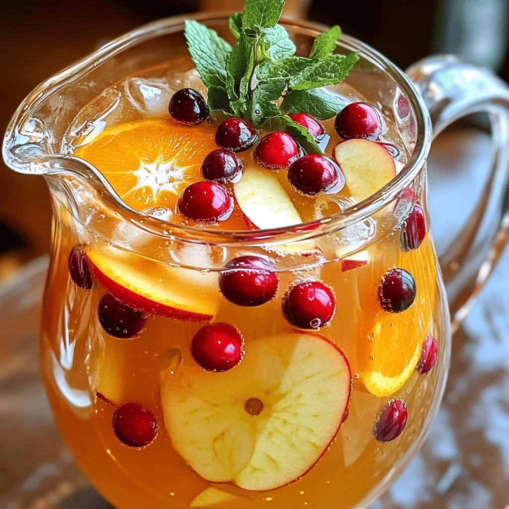 - 4 cups apple cider - 2 cups cranberry juice - 1 cup sparkling water or soda - 1/2 cup orange juice - 1/4 teaspoon ground cinnamon - 1/4 teaspoon ground nutmeg - 1 orange, sliced - 1 apple, sliced - 1 cup fresh cranberries (optional) - Ice cubes For the best taste, use fresh apple cider. It brings a sweet and tangy flavor. Choose 100% pure cranberry juice for a nice balance. Fresh oranges and apples add color and zing to the punch. - A pinch of ground ginger for a spicy kick - A splash of vanilla extract for extra depth - Maple syrup to sweeten, if desired If you want a different taste, feel free to swap ingredients. For a low-sugar option, use diet cranberry juice. You can also use sparkling water with no sugar. This punch is easy to adjust to fit your needs and tastes. 1. Start by mixing the apple cider, cranberry juice, orange juice, ground cinnamon, and ground nutmeg in a large pitcher or bowl. Stir well with a spoon. This step blends the flavors nicely. 2. Next, add the sliced orange and apple to the mix. If you want, drop in fresh cranberries for a festive look. 3. Chill your punch in the fridge for at least 1 hour. This chilling helps the flavors meld together. 4. Just before serving, gently stir in the sparkling water or soda. This adds a bubbly effect that makes it fun. 5. Fill glasses with ice cubes. Pour the punch over the ice. You can garnish with more fruit slices if you like. Serve the punch in clear glass pitchers. This shows off the vibrant colors of the drink. Use tall glasses to make it look fancy. You can also add mint leaves for a fresh touch. This small detail makes the punch more appealing. To make your Apple Cider Harvest Punch just right, you can adjust the sweetness or spice. If you want it sweeter, add more apple cider or cranberry juice. For a bolder flavor, try adding extra cinnamon or nutmeg. Blending flavors is key. Mix the juices well before adding the spices. Let the punch chill for at least an hour. This wait helps the flavors blend nicely. For a beautiful look, serve the punch in clear glass pitchers. This way, the vibrant colors shine through. You can garnish with fresh herbs like mint or lemon balm. Slices of orange and apple on top add a lovely touch too. When serving, fill glasses with ice first. This keeps the punch cool and refreshing. {{image_2}} You can make Apple Cider Harvest Punch even more fun by adding some spirits. Rum or bourbon works great! Just add about 1 to 1.5 cups of your chosen spirit to the punch mix. This will give your drink a warm kick that’s perfect for chilly evenings. When pairing alcohol, think about flavors. If you use rum, it adds sweetness. Bourbon, on the other hand, brings a smoky touch. You can even try spiced rum for a festive feel. Each spirit can change the punch's taste, so feel free to experiment! This punch is flexible! You can switch up the fruits based on what’s in season. For example, in winter, add pomegranate seeds or slices of pear. In summer, think about peaches or blueberries. Each fruit gives a new taste and look to your punch. For holiday themes, add spices like cloves or allspice for warmth. You can also use themed fruits, like cranberries for Thanksgiving or citrus for New Year’s. These changes can make your punch feel special for any gathering! To keep your Apple Cider Harvest Punch fresh, use a large pitcher or glass jar. Glass works best to avoid any odd tastes. Seal it well to keep out air and light. This helps the flavors stay strong. Store the punch in the fridge. If you have leftover fruit, remove it before storing. The fruit can get mushy and change the taste. Your punch lasts about three days in the fridge. After that, it may lose its fresh taste. Check for signs of spoilage. If you see any odd smells, colors, or textures, it’s time to toss it. Always trust your senses. If it seems off, don’t drink it. Staying safe is key! What can I substitute for sparkling water? If you don't have sparkling water, you can use lemon-lime soda or ginger ale. Both add a nice fizz and sweetness. Adjust the amount based on your taste. If you want less sweet, try tonic water for a crisp flavor. Can I make this punch ahead of time? Yes, you can make this punch a few hours early. Mix the apple cider, cranberry juice, and spices. Chill it in the fridge. Just before serving, add the sparkling water and ice. This keeps the bubbles fresh and lively. Is this recipe gluten-free? Yes, this recipe is gluten-free. All the ingredients, like apple cider and juice, are safe for those with gluten issues. Always check labels for any added ingredients, just to be sure. How to make a low-sugar version of the punch? To lower the sugar, use unsweetened apple cider and cranberry juice. You can also add more fresh fruit for natural sweetness. This makes the punch tasty without extra sugar. What fruits work best as garnishes? Fresh fruits like oranges, apples, and cranberries work great. They add color and flavor. You can slice the fruits and place them in the punch or on the rim of the glass. Can I use dried fruits instead of fresh? Yes, dried fruits can work as garnishes too. Use dried cranberries or apple slices. Just remember, they won't look as vibrant as fresh fruits. So, mix and match for the best look! This blog post covered everything you need to make a great punch. We discussed essential ingredients, tips for mixing, and ways to present your drink. I shared ideas for variations based on seasons and dietary needs. Finally, I provided storage tips to keep your punch fresh. With these steps, you can impress your guests at any gathering. Enjoy your punch experiments, and don’t be afraid to try new flavors. Your next party will be a hit!