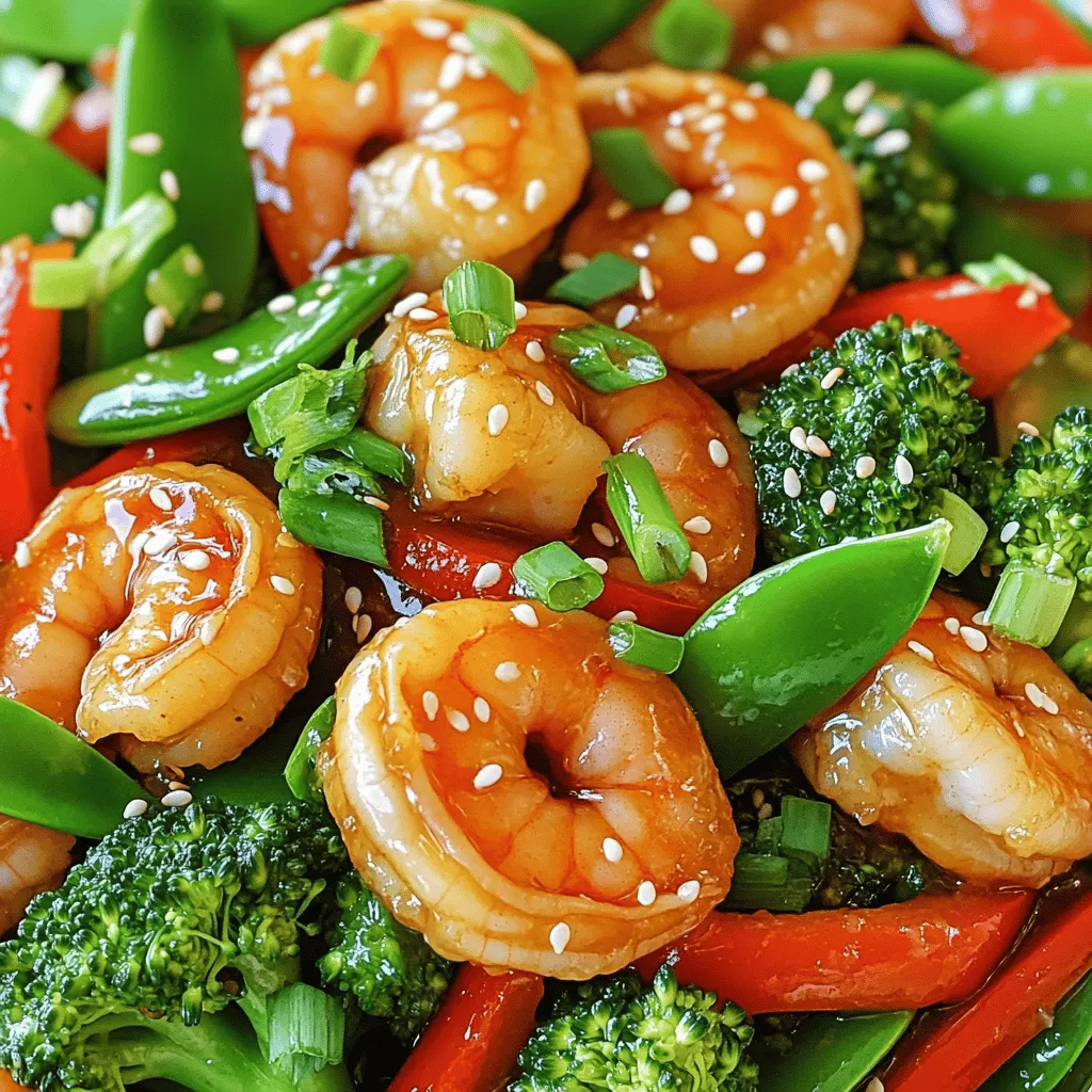 - 1 lb raw shrimp, peeled and deveined - 2 tablespoons honey - 3 cloves of garlic, minced - 1 tablespoon fresh ginger, grated - 1 red bell pepper, sliced - 1 cup snap peas - 1 cup broccoli florets - 3 tablespoons soy sauce (or tamari for gluten-free) - 1 tablespoon sesame oil - 1 tablespoon olive oil - 1 teaspoon red pepper flakes (optional) - Salt and pepper to taste - 2 green onions, sliced (for garnish) - Sesame seeds (for garnish) Using fresh ingredients makes a big difference. When you pick shrimp, look for ones that smell like the sea. They should be firm and translucent. For the veggies, choose bright red bell peppers and crisp snap peas. Fresh ginger and garlic add great flavor. You can adjust the amount of honey based on your taste. Want it sweeter? Add more honey. Prefer it less sweet? Use less. The red pepper flakes give a nice kick, but you can skip them if you want a milder dish. This dish is very colorful and appealing. The green broccoli and snap peas pop against the pink shrimp. The garnish of green onions and sesame seeds adds a nice touch. It’s not just tasty; it looks great too! Now, let's talk about nutrition. This meal is light and healthy. The shrimp pack protein, while the veggies provide fiber and vitamins. If you want to keep it gluten-free, use tamari instead of soy sauce. Cooking with fresh and vibrant ingredients makes this dish shine. You’ll love how easy it is to make. To prep shrimp, start by rinsing them under cold water. This helps remove any dirt. Next, use a sharp knife to make a small cut along the back. This cut reveals the black vein. Remove it with your fingers or the knife. Rinse the shrimp again to clean off any residue. Pat them dry with a paper towel. For the vegetables, wash all of them under cold water. Slice the red bell pepper into thin strips. Trim the snap peas by removing the ends. Cut the broccoli into small florets. This way, they cook evenly. Keep your vegetables ready and nearby. This makes cooking quick and easy. Heat a pan or wok over medium-high heat. Add olive oil and let it warm. Once hot, add the shrimp. Cook them for about 2-3 minutes. You’ll know they are done when they turn pink and opaque. Remove them from the pan and set aside. This keeps the shrimp juicy and tender. In the same pan, add sesame oil. Once it is hot, toss in the red bell pepper, snap peas, and broccoli. Stir-fry these for about 3-4 minutes. You want them tender but still crisp. This keeps the colors bright and the taste fresh. Now, return the shrimp to the pan. Pour the honey garlic sauce over the mixture. Stir well to coat everything evenly. Cook for another 2-3 minutes. This lets the flavors mix and the sauce thicken slightly. Serve your honey garlic shrimp stir fry over white rice or noodles. Both options soak up the sauce well. They also add a nice texture to the meal. For plating, use a large bowl or plate. Start with rice or noodles as a base. Then, add the shrimp and vegetables on top. Garnish with sliced green onions and sesame seeds. This adds color and makes the dish look appealing. When stir-frying shrimp, use high heat. This helps the shrimp cook fast. Keep the heat at medium-high. This way, your shrimp gets a nice sear. To avoid overcooking shrimp, watch the color closely. Shrimp turn pink when they are done. They usually need 2 to 3 minutes. Remove them as soon as they are opaque. Overcooked shrimp can be tough. If you want to switch proteins, use chicken or tofu. Both will work well with the honey garlic sauce. Just cut them into small pieces to cook evenly. For a veggie boost, try adding carrots or zucchini. You can also use bell peppers or green beans for color and crunch. Mixing vegetables adds more flavor and texture to the dish. To add flavor, consider spices like cumin or paprika. Fresh herbs like cilantro can also brighten the dish. Just sprinkle them on top before serving. For homemade sauce variations, mix in some lime juice. This adds a zesty kick. You might also try adding a bit of sriracha for heat. These small changes make your dish unique and tasty. {{image_2}} You can change the taste by using different vegetables. Try adding carrots or zucchini. They add crunch and flavor. You can also switch up the sauces. Use teriyaki or sweet and sour for a twist. These choices can make the dish feel new and exciting each time you cook. This dish can be fun to serve in different ways. You can turn it into lettuce wraps. Just place the stir fry in fresh lettuce leaves. It makes a great, low-carb meal. Another option is to create a noodle bowl. Serve the shrimp stir fry over rice noodles or soba noodles. This adds a hearty touch to your meal. Using seasonal produce can make this dish even better. Fresh veggies are always more tasty. In spring, add asparagus or snap peas. During fall, use butternut squash or Brussels sprouts. You can also adapt the meal for warm or cold styles. Serve it hot for a cozy dinner or chilled as a salad in summer. These changes keep your meals fresh and fun all year round. To keep your Honey Garlic Shrimp Stir Fry fresh, refrigerate it. Place it in an airtight container. This helps keep moisture in and prevents strong smells. If you want to freeze it, use a freezer-safe container. Make sure to remove air from the bag. This can help prevent freezer burn. For reheating, use a pan over low heat. Add a splash of water to keep it moist. Stir it often until heated through. You can also use a microwave. Just cover it to trap steam and heat in short bursts. In the fridge, your dish is best eaten within three days. After that, it may lose its taste and texture. Look for signs of spoilage. If the shrimp smells sour or has a slimy feel, it’s time to toss it. Prepping ingredients can save time. Chop your veggies and store them in the fridge. This way, they are ready when you are. You can also mix the sauce in advance. Store it in a jar and keep it in the fridge. This allows the flavors to blend well before cooking. The best way to cook shrimp is to heat a pan over medium-high heat. Add olive oil and then the shrimp. Cook them for 2-3 minutes until they turn pink and opaque. This quick cooking keeps them tender. Don’t overcook! Overcooked shrimp can become tough. Yes, you can prepare this dish ahead of time. To do this, cook the shrimp and veggies separately. Make the honey garlic sauce in advance too. Store each part in the fridge. When you are ready to eat, just reheat everything in a pan. This saves time and keeps the dish fresh. Yes, this recipe works great for meal prep. You can store leftovers in airtight containers. Keep the shrimp and veggies together. They taste good for up to 3 days in the fridge. For longer storage, freeze them. Just make sure to cool everything before freezing. You can easily change this dish for different diets. For gluten-free, use tamari instead of soy sauce. To make it low-carb, skip the honey or use a sugar-free substitute. You can also switch out the shrimp for chicken or tofu. This way, everyone can enjoy a tasty meal! This blog post shared a simple, tasty Honey Garlic Shrimp Stir Fry recipe. I covered ingredients, step-by-step cooking, and tips for great results. You can easily adapt this dish with different veggies or proteins. Enjoy meal prep with leftover storage tips, ensuring freshness. Personalize your stir fry to fit your diet. A good meal brings joy and health. Try this recipe and make it your own!